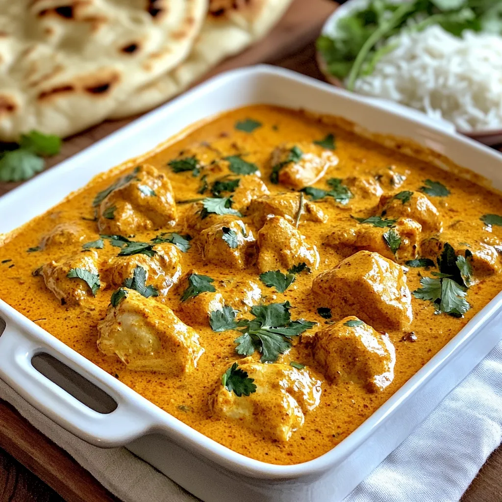 Für ein köstliches Butter Chicken brauchst du einige Hauptzutaten. Hier sind sie: - 450 g Hähnchenschenkel ohne Knochen, gewürfelt - 1 Esslöffel Ingwer-Knoblauch-Paste - 240 ml Naturjoghurt - 1 Zwiebel, fein gehackt - 1 Dose (400 g) passierte Tomaten - 240 ml Schlagsahne - 2 Esslöffel Butter Diese Zutaten bilden die Basis für den reichen Geschmack deines Gerichts. Die Gewürze machen das Gericht besonders. Hier sind die Gewürze, die du benötigst: - 1 Teelöffel Kurkumapulver - 1 Teelöffel Garam Masala - 1 Teelöffel Kreuzkümmelpulver - Salz nach Geschmack Die Ingwer-Knoblauch-Paste und der Naturjoghurt sind wichtig für die Marinade. Sie machen das Hähnchen zart und aromatisch. Marinier das Hähnchen mindestens 30 Minuten, besser über Nacht. Um dein Butter Chicken zu vervollständigen, kannst du einige Beigaben verwenden: - Frischer Koriander zum Garnieren - Warmes Naan oder gedämpfter Reis Die Garnitur mit frischem Koriander bringt Farbe und Frische. Serviere das Gericht in einer tiefen Schüssel. Ein Spritzer Sahne oben drauf macht es noch ansprechender. {{ingredient_image_2}} Um das Hähnchen perfekt vorzubereiten, beginne mit der Marinade. Nimm eine große Schüssel und gib die gewürfelten Hähnchenschenkel hinein. Füge die Ingwer-Knoblauch-Paste, Kurkumapulver, Garam Masala und Kreuzkümmelpulver hinzu. Mische alles gut. Der Naturjoghurt sorgt für Zartheit und Geschmack. Lasse das Hähnchen mindestens 30 Minuten marinieren. Für noch besseren Geschmack kannst du es über Nacht im Kühlschrank lassen. Erhitze in einer großen Pfanne das Pflanzenöl bei mittlerer Hitze. Füge die fein gehackten Zwiebeln hinzu und brate sie an, bis sie goldbraun sind. Das dauert etwa 5 bis 7 Minuten. Dann gib das marinierte Hähnchen in die Pfanne. Brate es an, bis es nicht mehr rosa ist. Rühre dabei gelegentlich um, damit es gleichmäßig gart. Sobald das Hähnchen fertig ist, füge die passierten Tomaten hinzu. Lass die Mischung für 10 Minuten köcheln. So verbinden sich die Aromen. Reduziere dann die Hitze und rühre die Schlagsahne sowie die Butter ein. Mische alles gut, bis die Sauce cremig ist. Lass es weitere 5 Minuten köcheln. Schmecke die Sauce mit Salz ab. Vor dem Servieren kannst du frisch gehackten Koriander darüber streuen. Um das Butter Chicken noch besser zu machen, probiere frische Gewürze. Sie geben mehr Aroma. Verwende auch frischen Ingwer und Knoblauch anstelle der Paste. Dies steigert den Geschmack enorm. Füge zum Schluss einen Spritzer Zitrone hinzu. Dies bringt Frische und Balance. Ein häufiger Fehler ist, das Hähnchen nicht lange genug zu marinieren. Mindestens 30 Minuten sind wichtig, besser über Nacht. Ein weiterer Fehler ist, die Zwiebeln zu hell anzubraten. Sie sollten goldbraun sein, um süß und reichhaltig zu werden. Achte darauf, die Sauce nicht zu lange zu kochen. So bleibt sie cremig und lecker. Nutze eine große Pfanne für das Anbraten. So bleibt genug Platz für das Hähnchen. Achte darauf, die Hitze nicht zu hoch einzustellen. Mittlere Hitze sorgt dafür, dass das Fleisch gleichmäßig gart. Rühre die Sauce regelmäßig um, um Anbrennen zu verhindern. Um die Aromen gut zu mischen, lasse die Sauce lange genug köcheln. So wird dein Butter Chicken perfekt! Pro Tipps Marinieren: Für das beste Aroma das Hähnchen mindestens 30 Minuten oder über Nacht marinieren. Zwiebeln anbraten: Die Zwiebeln sollten goldbraun und knusprig sein, um dem Gericht zusätzliche Tiefe zu verleihen. Schlagsahne hinzufügen: Die Schlagsahne erst zum Schluss einrühren, damit sie nicht gerinnt und die Sauce schön cremig bleibt. Servieren: Serviere das Butter Chicken mit frischem Koriander und einem Spritzer Sahne für eine ansprechende Präsentation. {{image_4}} Wenn du eine vegetarische Option möchtest, gibt es viele Lösungen. Du kannst Tofu oder Kichererbsen verwenden. Beide nehmen die Aromen gut auf. Tofu sollte vorher mariniert werden, damit er Geschmack bekommt. Kichererbsen sind einfach und lecker. Sie machen das Gericht nahrhaft und sättigend. Die Gewürze sind der Schlüssel zu Butter Chicken. Du kannst sie nach deinem Geschmack anpassen. Wenn du es milder magst, verwende weniger Garam Masala. Für mehr Geschmack kannst du auch Zimt oder Nelken hinzufügen. Beide geben dem Gericht eine besondere Note. Experimentiere mit der Menge, um deinen perfekten Mix zu finden. Wenn du es scharf magst, füge etwas Cayennepfeffer oder frische Chilis hinzu. Beide bringen Hitze ins Gericht. Ein paar Minuten vor dem Servieren kannst du sie in die Sauce geben. So bleiben die Aromen frisch. Du kannst auch eine Prise Chili-Flocken oben drauf streuen. So wird dein Butter Chicken richtig feurig! Um Reste von Butter Chicken richtig zu lagern, brauchst du einen luftdichten Behälter. Lass das Gericht zuerst abkühlen. Dann fülle das Butter Chicken in den Behälter. So bleibt es frisch. Stelle den Behälter in den Kühlschrank. Dort hält sich das Gericht bis zu drei Tage. Butter Chicken kann auch eingefroren werden. Nutze hierzu einen gefrierfesten Behälter oder einen Gefrierbeutel. Stelle sicher, dass die Luft raus ist. So vermeidest du Gefrierbrand. Das Gericht bleibt bis zu drei Monate frisch im Gefrierfach. Wenn du es essen möchtest, tau es im Kühlschrank auf. Um Reste von Butter Chicken aufzuwärmen, gibt es verschiedene Methoden. Die einfachste ist, es in der Mikrowelle zu erwärmen. Gib das Gericht in eine mikrowellengeeignete Schüssel. Decke die Schüssel mit einem Deckel oder einem feuchten Tuch ab. Erhitze es in kurzen Abständen von 1–2 Minuten. Rühre zwischendurch um, damit es gleichmäßig warm wird. Alternativ kannst du die Reste in einer Pfanne bei niedriger Hitze erwärmen. Füge eventuell einen kleinen Schuss Wasser oder Sahne hinzu, um die Cremigkeit zu erhalten. Das Hähnchen sollte mindestens 30 Minuten marinieren. Für den besten Geschmack empfehle ich, es über Nacht zu marinieren. So können die Aromen gut einziehen. Die Marinade macht das Hähnchen zart und voller Geschmack. Ja, du kannst andere Fleischsorten verwenden. Zum Beispiel eignet sich Lamm oder Pute gut. Achte darauf, die Garzeit anzupassen, da verschiedene Fleischsorten unterschiedlich garen. Du kannst auch Tofu für eine vegetarische Option nehmen. Serviere das Butter Chicken in einer tiefen Schüssel. Garniere es mit frischem Koriander und einem Schuss Sahne. Dazu passen warmes Naan oder gedämpfter Reis sehr gut. Diese Beilagen ergänzen das Gericht perfekt und machen es zu einem vollen Mahl. Butter Chicken ist ein beliebtes Gericht, das viele begeistert. Wir haben die Hauptzutaten und Gewürze besprochen, die den einzigartigen Geschmack ausmachen. Die Schritt-für-Schritt-Anleitung hilft dir, das Gericht einfach zuzubereiten. Wir haben hilfreiche Tipps gegeben, um häufige Fehler zu vermeiden und deinen Geschmack zu verbessern. Schließlich gibt es Varianten für Vegetarier und unterschiedliche Gewürze, um neue Geschmäcker zu entdecken. Denke daran, deine Reste gut zu lagern und zu genießen. Jetzt bist du bereit, Butter Chicken zu kochen!