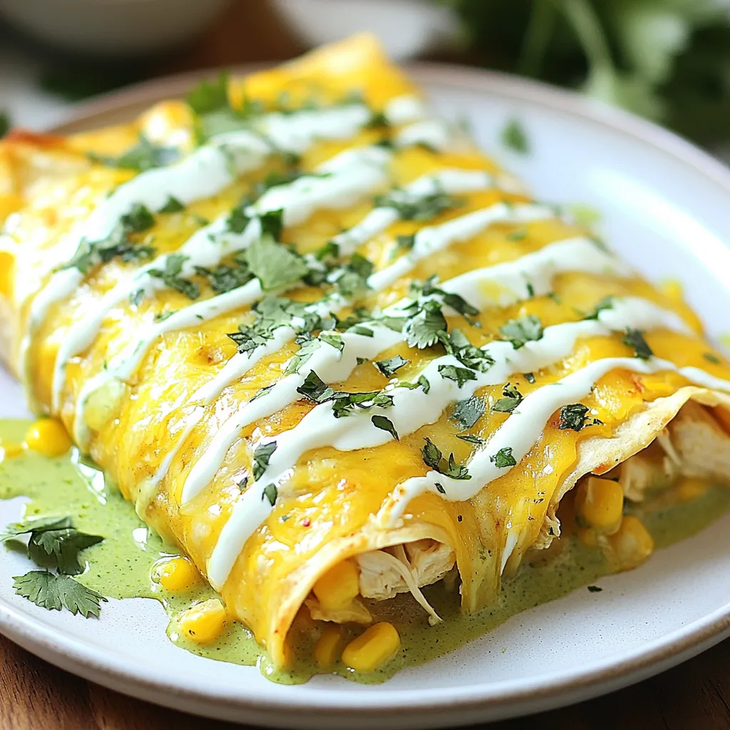 Für die Enchiladas brauchen wir: - 500 g gekochtes Hühnchen, zerrupft - 240 ml Sauerrahm - 120 g geriebener Monterey Jack Käse - 240 ml grüne Enchiladasoße - 8 kleine Tortillas aus Weizenmehl - 1 kleine Zwiebel, fein gehackt - 150 g Maiskörner (frisch oder gefroren) Diese Zutaten sind die Basis für die Enchiladas. Das Hühnchen gibt uns Protein und Geschmack. Der Sauerrahm macht das Gericht cremig und lecker. Der Käse sorgt für eine tolle, schmelzende Textur. Wir verwenden: - 1 Teelöffel Knoblauchpulver - 1 Teelöffel Kreuzkümmel - 1 Teelöffel Chili-Pulver - Salz und Pfeffer nach Geschmack Diese Gewürze bringen die Aromen zusammen. Knoblauchpulver fügt Tiefe hinzu. Kreuzkümmel gibt einen warmen, erdigen Geschmack. Chili-Pulver sorgt für die richtige Schärfe. Vergiss das Salz und den Pfeffer nicht, um alles abzurunden. Zur Garnitur empfehle ich: - Frischer Koriander Koriander bringt Frische und Farbe. Er hebt die Enchiladas auf ein anderes Level. Du kannst auch einen Spritzer Limette hinzufügen, um noch mehr Geschmack zu bringen. Diese Zutaten machen die Sauerrahm-Hühnchen-Enchiladas zu einem leichten, leckeren und schnell zubereiteten Gericht. {{ingredient_image_2}} Beginnen Sie mit der Vorbereitung. Heizen Sie Ihren Ofen auf 175 °C vor. Nehmen Sie eine große Rührschüssel und geben Sie das zerrupfte Hühnchen hinein. Fügen Sie 120 ml Sauerrahm, die fein gehackte Zwiebel, die Maiskörner, das Knoblauchpulver, den Kreuzkümmel und das Chili-Pulver hinzu. Vergessen Sie nicht, mit Salz und Pfeffer zu würzen. Mischen Sie alles gut, bis die Zutaten gleichmäßig verteilt sind. Nun bereiten Sie die Auflaufform vor. Verteilen Sie 120 ml der grünen Enchiladasoße gleichmäßig auf dem Boden einer 23x33 cm großen Form. So bleibt der Boden schön feucht. Nehmen Sie eine Tortilla. Geben Sie etwa 60 ml der Hühnchenmischung in die Mitte. Rollen Sie die Tortilla auf und legen Sie sie mit der Nahtseite nach unten in die Auflaufform. Wiederholen Sie diesen Schritt mit allen Tortillas. Achten Sie darauf, die Füllung gut zu verteilen, damit jede Tortilla gleich viel Geschmack hat. Sobald alle Tortillas in der Form sind, gießen Sie die restlichen 120 ml der Enchiladasoße gleichmäßig darüber. Dann geben Sie die restlichen 120 ml Sauerrahm über die Soße. Bestreuen Sie alles mit geriebenem Monterey Jack Käse. Jetzt ist es Zeit, die Enchiladas zu backen. Stellen Sie die Auflaufform in den Ofen und backen Sie sie für 25-30 Minuten. Der Käse sollte schön geschmolzen und sprudelnd sein. Nehmen Sie die Enchiladas aus dem Ofen und lassen Sie sie kurz abkühlen. Garnieren Sie sie mit frischem, gehacktem Koriander. Servieren Sie die Enchiladas direkt aus der Form. Kombinieren Sie sie mit einem frischen Salat oder Pico de Gallo für einen tollen Kontrast. Um einen tollen Geschmack zu erzielen, wähle frische Zutaten. Gekochtes Hühnchen gibt der Füllung eine saftige Basis. Ich empfehle, das Hühnchen selbst zu garen, wenn möglich. Frischer Koriander bringt einen tollen, frischen Geschmack. Monterey Jack Käse schmilzt gut und hat einen milden Geschmack. Verwende weiche Tortillas, damit sie sich leicht rollen lassen. Die grüne Enchiladasoße ist wichtig. Sie sorgt für einen schönen Geschmack. Ich empfehle, die Soße gleichmäßig zu verteilen. Das hilft, die Tortillas nicht trocken zu machen. Wenn du mehr Würze magst, füge etwas mehr Chili-Pulver hinzu. Garniere die Enchiladas mit übrigem Sauerrahm für extra Cremigkeit und einen tollen Look. Ein häufiger Fehler ist, die Tortillas zu überfüllen. Fülle sie nur leicht, damit sie gut rollen. Achte darauf, die Enchiladas nicht zu lange im Ofen zu lassen. Der Käse sollte schmelzen, aber nicht verbrennen. Wenn du die Enchiladas zu früh servierst, können sie auseinanderfallen. Lass sie kurz abkühlen, bevor du sie schneidest. Pro Tipps Hühnchen vorbereiten: Verwenden Sie übrig gebliebenes Hühnchen oder gekochtes Hühnchen, um Zeit zu sparen und die Zubereitung zu erleichtern. Würze anpassen: Passen Sie die Gewürze nach Ihrem Geschmack an; fügen Sie mehr Chili-Pulver hinzu, wenn Sie es schärfer mögen. Veggie-Option: Für eine vegetarische Variante können Sie das Hühnchen durch schwarze Bohnen oder Linsen ersetzen. Frische Kräuter: Garnieren Sie die Enchiladas mit frischem Koriander oder Frühlingszwiebeln für zusätzlichen Geschmack und eine ansprechende Präsentation. {{image_4}} Um die Enchiladas vegetarisch zu machen, ersetzen Sie das Hühnchen. Nutzen Sie stattdessen schwarze Bohnen oder Linsen. Diese sind reich an Protein und geben einen tollen Geschmack. Sie können auch mehr Gemüse hinzufügen. Zucchini, Paprika oder Spinat sind gute Optionen. Diese Alternativen machen die Enchiladas bunt und gesund. Wenn Sie kein Hühnchen mögen, probieren Sie Rindfleisch oder Schweinefleisch. Kochen Sie das Fleisch zuerst und zerkleinern Sie es. Sie können auch Tofu verwenden, wenn Sie eine pflanzliche Option wollen. Würzen Sie das Protein gut, um den Geschmack zu verbessern. Alle diese Optionen geben den Enchiladas ihre eigene Note. Für mehr Würze fügen Sie frische Jalapeños oder Chipotle-Pulver hinzu. Diese Zutaten bringen Hitze und Geschmack. Sie können auch scharfe Enchiladasoße wählen. Kombinieren Sie das mit Käse wie Pepper Jack für zusätzlichen Kick. Garnieren Sie die Enchiladas mit frischem Koriander, um die Schärfe abzurunden. Wenn Sie Enchiladas übrig haben, lassen Sie sie zuerst abkühlen. Dann decken Sie die Auflaufform mit Frischhaltefolie oder Aluminiumfolie ab. Sie können die Reste auch in einen luftdichten Behälter umfüllen. So bleiben die Enchiladas frisch. Im Kühlschrank halten sie sich bis zu drei Tage. Um Enchiladas einzufrieren, lassen Sie sie vollständig abkühlen. Wickeln Sie jede Enchilada einzeln in Frischhaltefolie. Legen Sie sie dann in einen Gefrierbeutel oder einen luftdichten Behälter. So bleiben sie bis zu drei Monate haltbar. Vergessen Sie nicht, das Datum aufzuschreiben! Um die Enchiladas aufzuwärmen, heizen Sie den Ofen auf 175 °C vor. Legen Sie die Enchiladas in eine Auflaufform und decken Sie sie mit Folie ab. Das verhindert, dass sie austrocknen. Erwärmen Sie sie für etwa 20-25 Minuten. Sie können auch die Mikrowelle verwenden. Stellen Sie die Enchiladas in eine mikrowellengeeignete Schüssel und decken Sie diese ab. Erwärmen Sie sie für 2-3 Minuten, bis sie heiß sind. Garnieren Sie die Enchiladas vor dem Servieren mit frischem Koriander. Die Enchiladas sind im Kühlschrank etwa 3 bis 4 Tage frisch. Achte darauf, sie in einem luftdichten Behälter zu lagern. Wenn du die Enchiladas länger aufbewahren möchtest, kannst du sie einfrieren. Eingefroren halten sie bis zu 3 Monate. Ja, du kannst die Tortillas selbst machen! Es ist einfach und macht Spaß. Du brauchst nur Mehl, Wasser, Salz und Öl. Mische die Zutaten, knete den Teig und rolle ihn dünn aus. Dann brate die Tortillas kurz in einer heißen Pfanne. Zu diesen Enchiladas passen viele Beilagen. Hier sind einige leckere Ideen: - Ein frischer Salat mit Tomaten und Avocado - Pico de Gallo für einen frischen Kick - Guacamole für cremigen Genuss - Reis oder Bohnen als sättigende Beilage Diese Beilagen ergänzen die Enchiladas perfekt und bringen Farbe auf den Tisch! Sauerrahm-Hühnchen-Enchiladas sind einfach und lecker. Wir haben die besten Zutaten und Gewürze behandelt. Ich habe dir eine Schritt-für-Schritt-Anleitung gegeben, damit du sie leicht zubereiten kannst. Du kannst auch leckere Tipps und Variationen ausprobieren, um etwas anderes zu schaffen. Denke an die Lagerung und Aufwärmen, um Reste zu genießen. Versuche, einige der Fragen aus dem FAQ-Bereich zu beantworten, um noch mehr zu lernen. Diese Enchiladas sind perfekt für jede Gelegenheit und machen jeden glücklich. Viel Spaß beim Kochen!