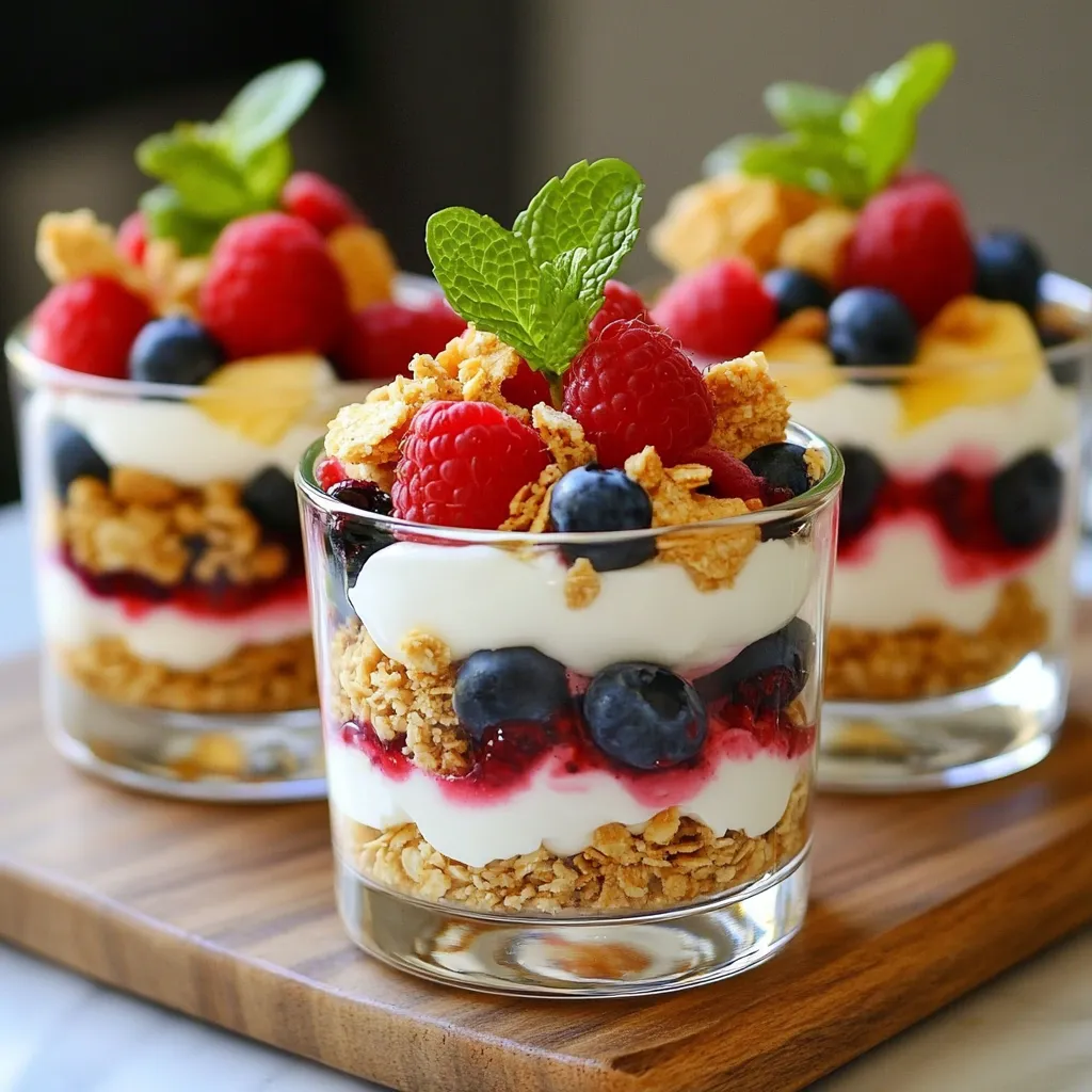 Für dieses köstliche No-Bake Sommerbeeren Dessert benötigst du: - 1 Tasse gemischte Beeren (Erdbeeren, Heidelbeeren, Himbeeren) - 1 Tasse Schlagsahne (fertig gekauft oder selbstgemacht) - 1 Tasse griechischer Joghurt (natur oder vanille) - 2 Esslöffel Honig oder Ahornsirup - 1 Teelöffel Vanilleextrakt - 1 Tasse Granola oder zerbröselte Graham Cracker (für die knusprige Schicht) - Frische Minzblätter zur Dekoration Wähle frische und reife Beeren für den besten Geschmack. Achte darauf, dass die Beeren keine Druckstellen oder Schimmel haben. - Erdbeeren: Wähle feste und rot gefärbte Erdbeeren. - Heidelbeeren: Sie sollten prall und dunkelblau sein. - Himbeeren: Achte auf tiefrote und glatte Himbeeren. Lager die Beeren im Kühlschrank. Verwende sie innerhalb von zwei bis drei Tagen für die beste Frische. Wenn du nicht mit Honig oder Ahornsirup süßen möchtest, gibt es viele Alternativen. - Stevia: Ein beliebtes kalorienfreies Süßungsmittel. Es ist sehr süß, also benutze weniger. - Agavendicksaft: Hat einen milden Geschmack und löst sich gut in kalten Speisen. - Zucker: Einfach und effektiv, aber weniger gesund. Jedes Süßungsmittel hat seinen eigenen Geschmack. Probiere verschiedene aus, um deine perfekte Balance zu finden. {{ingredient_image_2}} Zuerst mische ich den griechischen Joghurt mit Honig und Vanilleextrakt. Ich rühre, bis die Mischung gut vermischt und cremig ist. Dann schlage ich die Schlagsahne in einer separaten Schüssel auf. Es ist wichtig, dass die Sahne luftig bleibt. Ich hebe die Schlagsahne vorsichtig unter die Joghurtmischung. So bleibt die Mischung leicht und fluffig. Jetzt bereite ich die Servierbecher vor. Ich beginne mit einer Schicht Granola oder zerbröselten Graham Crackern am Boden. Etwa zwei bis drei Esslöffel reichen aus. Dann gebe ich eine großzügige Schicht der Joghurt-Sahne-Mischung darüber. Ich glätte die Schicht mit einem Löffel. Danach verteile ich die gemischten Beeren gleichmäßig über die Joghurt-Schicht. Für mehr Farbe schneide ich die Erdbeeren in kleine Stücke. Ich wiederhole die Schichten, bis die Becher voll sind. Die oberste Schicht sollte Joghurt sein. Ich lasse das Dessert mindestens eine Stunde im Kühlschrank ruhen. So kann es gut durchziehen und abkühlen. Für den perfekten Abschluss garniere ich die oberste Schicht mit frischen Beeren und einem Zweig Minze. Wenn ich möchte, serviere ich das Dessert in klaren Gläsern. So kann man die schönen Schichten sehen. Um die beste Textur zu erreichen, benutze kalte Schlagsahne. Kalte Sahne macht es einfacher, die Luft einzuschlagen. Schlage die Sahne bis sie steif ist, aber nicht zu lange. Überprüfe die Konsistenz regelmäßig. Hebe die Sahne vorsichtig unter die Joghurtmischung. So bleibt die Mischung luftig und leicht. Vermeide zu viel Rühren. Zu starkes Rühren kann die Luft herausnehmen. Wenn du die Beeren hinzufügst, sei vorsichtig, damit sie nicht zerdrückt werden. Das sieht nicht schön aus. Nutze frische Beeren, da sie mehr Geschmack haben. Gefrorene Beeren können wässrig werden. Serviere das Dessert in klaren Gläsern. So sieht man die bunten Schichten. Dekoriere die Oberseite mit frischen Minzblättern und zusätzlichen Beeren. Das macht das Dessert einladend. Verwende verschiedene Beeren für mehr Farbe und Textur. Ein bisschen Honig auf der Oberseite gibt zusätzlichen Glanz. Pro Tipps Beerenwahl: Verwenden Sie frische, reife Beeren für den besten Geschmack und die beste Textur. Tiefkühlbeeren können auch verwendet werden, aber lassen Sie sie vorher gut auftauen und abtropfen. Sahne richtig schlagen: Achten Sie darauf, die Schlagsahne nicht zu übermixen, um die luftige Textur zu bewahren. Stoppen Sie, sobald weiche Spitzen entstehen. Variationen ausprobieren: Experimentieren Sie mit verschiedenen Joghurtgeschmäckern oder fügen Sie Nüsse und Samen zu den Schichten hinzu, um zusätzlichen Crunch und Geschmack zu erhalten. Vorbereitung im Voraus: Bereiten Sie das Dessert einige Stunden zuvor vor, damit die Aromen sich setzen können. Es schmeckt noch besser, wenn es über Nacht im Kühlschrank bleibt. {{image_4}} Die Beeren in diesem Rezept sind vielseitig. Nutze jede Frucht, die du magst. Du kannst Erdbeeren, Heidelbeeren oder Himbeeren verwenden. Auch Brombeeren oder Kirschen passen gut. Mische verschiedene Beeren für mehr Farbe und Geschmack. Schneide die größeren Früchte in kleinere Stücke. So bleibt alles schön und gleichmäßig in Schichten. Wenn du glutenfrei kochen möchtest, wähle glutenfreies Granola oder zerbröselte Kekse. Diese Optionen sind leicht zu finden. Für vegane Alternativen nimm pflanzlichen Joghurt und pflanzliche Sahne. Verwende Agavendicksaft anstelle von Honig. Diese Anpassungen machen das Dessert für alle geeignet und lecker. Füge deiner Joghurtmischung etwas Zimt oder Zitronenschale hinzu. Diese Zutaten geben dem Dessert einen besonderen Kick. Auch ein Hauch von Kokosnuss passt gut. Für Schokoladenliebhaber ist Kakao eine tolle Wahl. Experimentiere mit verschiedenen Aromen und finde deine Lieblingskombinationen. So wird dein Dessert immer wieder neu und spannend. Um dein No-Bake Sommerbeeren Dessert frisch zu halten, solltest du es gut abdecken. Nutze Frischhaltefolie oder einen luftdichten Behälter. So bleibt die Textur schön und die Aromen erhalten. Im Kühlschrank hält sich das Dessert etwa 2 bis 3 Tage. Stelle sicher, dass es abgedeckt ist, um das Austrocknen zu vermeiden. Nach ein paar Tagen kann die Granola-Schicht weich werden, aber der Geschmack bleibt lecker. Ich empfehle, das Dessert nicht einzufrieren. Die cremige Konsistenz und die frischen Beeren leiden darunter. Wenn du Reste hast, lagere sie einfach im Kühlschrank. So kannst du das Dessert in vollen Zügen genießen. Um das Rezept einfacher zu machen, benutze fertige Zutaten. Wähle fertigen griechischen Joghurt und gekaufte Schlagsahne. So sparst du Zeit und Aufwand. Du kannst auch die Schritte weniger kompliziert machen. Mische die Zutaten einfach in einer großen Schüssel, anstatt sie zu schichten. Ein einfaches Mischdessert ist auch lecker. Ja, du kannst gefrorene Beeren verwenden. Sie sind das ganze Jahr über verfügbar. Achte darauf, dass du sie vorher aufgetaut hast. Tupfe die Beeren trocken, um überschüssige Feuchtigkeit zu entfernen. So bleibt das Dessert nicht zu nass. Gefrorene Beeren haben oft weniger Geschmack, aber sie sind immer noch gut! Wenn du keine Sahne hast, kannst du eine andere Option wählen. Nutze mehr griechischen Joghurt. Du kannst auch eine Mischung aus Joghurt und Milch verwenden. Das gibt eine ähnliche cremige Konsistenz. Ein weiterer Trick ist, Kokosnusscreme zu verwenden. Das gibt dem Dessert einen tollen Geschmack. In diesem Blogbeitrag haben wir die wichtigsten Punkte für ein leckeres Dessert behandelt. Du hast gelernt, welche Zutaten du benötigst und wie du sie auswählst und lagerst. Die Schritt-für-Schritt-Anleitung zeigt dir, wie du die Joghurt-Sahne-Mischung zubereitest und das Dessert schichtest. Unsere Tipps helfen dir, Fehler zu vermeiden und dein Dessert schön zu präsentieren. Mit Variationen kannst du das Rezept anpassen. Vergiss nicht die Aufbewahrungshinweise für frischeste Qualität. Nutze dieses Wissen, um köstliche Desserts einfach zu kreieren. Viel Spaß beim Ausprobieren!