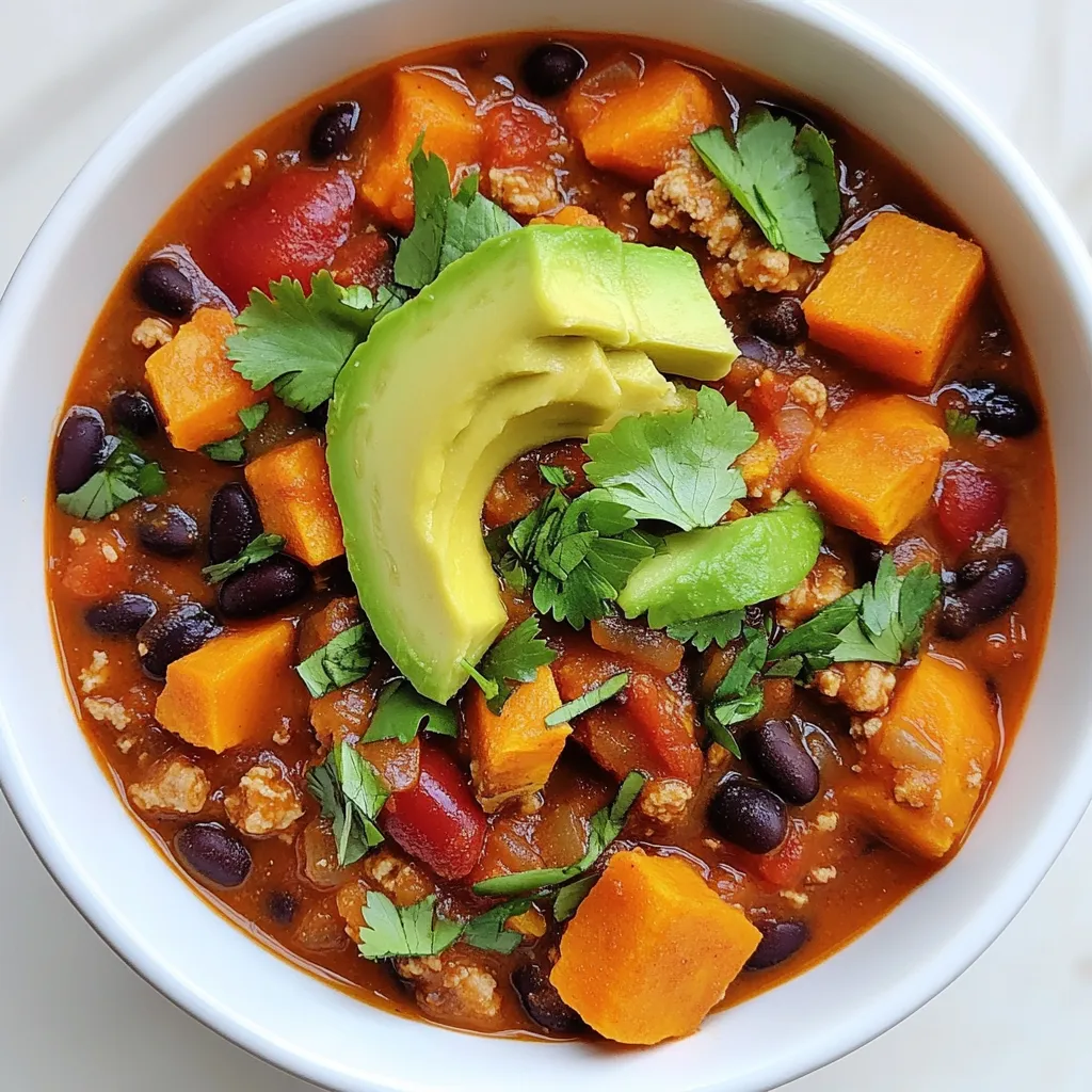 - Gemahlenes Truthahnfleisch: Es gibt viel Geschmack und Protein. Truthahnfleisch ist eine gesunde Option und macht das Chili leicht. - Süßkartoffeln: Diese bringen eine süße Note und eine cremige Textur. Sie sind reich an Nährstoffen und machen das Gericht nahrhaft. - Schwarze Bohnen: Sie sind voller Ballaststoffe und Proteine. Schwarze Bohnen machen das Chili sättigend und gesund. - Chilipulver und Kreuzkümmel: Diese Gewürze geben dem Chili Wärme und Tiefe. Chilipulver bringt die Schärfe, während Kreuzkümmel einen erdigen Geschmack hinzufügt. - Geräuchertes Paprikapulver: Dies verleiht dem Gericht einen rauchigen Geschmack. Es ist eine tolle Ergänzung, die das Aroma verstärkt. - Hühnerbrühe: Sie sorgt dafür, dass das Chili saftig bleibt. Brühe bringt auch zusätzlichen Geschmack und hilft, die Zutaten zu verbinden. - Frischer Koriander: Diese Pflanze bringt Frische und Farbe. Koriander hebt den Geschmack und ist ein toller Kontrast zu den warmen Aromen des Chilis. - Avocado: Avocado macht das Gericht cremig. Sie fügt gesunde Fette hinzu und rundet den Geschmack perfekt ab. {{ingredient_image_2}} Zuerst schneide ich die Zwiebeln und die Paprika. Das sorgt für einen tollen Geschmack. Ich nehme eine Zwiebel und eine Paprika. Ich schneide sie in kleine Stücke. Danach schäle ich die Süßkartoffeln. Ich würfle sie in gleich große Stücke. Das hilft, sie gleichmäßig zu garen. Ich erhitze Olivenöl in einem großen Topf. Das Öl sollte bei mittlerer Hitze heiß sein. Dann gebe ich die Zwiebeln und die Paprika in den Topf. Ich sautieren sie für fünf bis sieben Minuten. Sie müssen weich und die Zwiebeln glasig werden. Jetzt füge ich die gehackten Knoblauchzehen hinzu. Ich brate sie für eine weitere Minute an, bis sie gut riechen. Jetzt kommt das gemahlene Truthahnfleisch in den Topf. Ich brate es für fünf bis sechs Minuten an. Ich zerteile es mit einem Löffel in kleinere Stücke. Es sollte durchgegart und braun sein. Nachdem das Fleisch fertig ist, füge ich die gewürfelten Süßkartoffeln hinzu. Auch das Chilipulver, Kreuzkümmel, geräuchertes Paprikapulver, Salz und Pfeffer kommen dazu. Ich rühre alles gut um. Dann gieße ich die Hühnerbrühe und die gewürfelten Tomaten hinein. Ich füge auch die schwarzen Bohnen hinzu. Jetzt bringe ich alles zum Kochen. Ich reduziere die Hitze auf niedrig und decke den Topf ab. Das Chili köchelt nun für 25 bis 30 Minuten. Ich rühre gelegentlich um, bis die Süßkartoffeln zart sind. Am Ende probiere ich das Chili. Ich passe die Gewürze nach meinem Geschmack an. Wenn ich es schärfer mag, füge ich etwas Cayennepfeffer hinzu. Um die Gewürze perfekt anzupassen, probiere verschiedene Schärfegrade. Möchtest du es schärfer? Füge etwas Cayennepfeffer hinzu. Ein Teelöffel reicht oft. Für eine milde Note sind mehr Süßkartoffeln gut. Zusätzlich kannst du mit Gewürzen experimentieren. Paprika gibt eine süße Note. Oregano bringt eine frische Note ins Spiel. Auch eine Prise Zimt kann spannend sein. Du kannst Zeit sparen, indem du die Zutaten im Voraus vorbereitest. Schneide Zwiebeln und Paprika am Morgen. So bist du bereit, wenn es Zeit ist zu kochen. Nutze Küchenutensilien wie einen Multikocher oder einen Schnellkochtopf. Diese Geräte helfen, die Kochzeit zu verkürzen. Auch ein scharfes Messer macht das Schneiden schneller und einfacher. Das Chili sieht toll aus, wenn du es garnierst. Frischer Koriander bringt Farbe und Geschmack. Auch gewürfelte Avocado macht das Gericht cremig. Serviere das Chili heiß in schönen Schüsseln. Optional kannst du Tortillachips als Beilage anbieten. So hast du einen leckeren, knusprigen Kontrast. Pro Tipps Würzen nach Geschmack: Passen Sie die Gewürze nach Ihrem persönlichen Geschmack an. Wenn Sie es schärfer mögen, können Sie zusätzliches Chilipulver oder Cayennepfeffer hinzufügen. Vorsicht beim Kochen: Achten Sie darauf, das Chili gelegentlich umzurühren, damit es gleichmäßig kocht und nichts am Boden des Topfes anhaftet. Frisch servieren: Servieren Sie das Chili sofort nach dem Kochen, um die Aromen und die Textur optimal zur Geltung zu bringen. Variationen ausprobieren: Experimentieren Sie mit verschiedenen Bohnen oder Gemüse, um neue Geschmäcker zu kreieren und das Rezept Ihren Vorlieben anzupassen. {{image_4}} Wenn du das Rezept anpassen möchtest, kannst du auch Rindfleisch oder Hähnchen verwenden. Beide Optionen geben dem Chili einen herzhaften Geschmack. Rindfleisch macht das Gericht besonders reichhaltig, während Hähnchen eine leichtere Variante bietet. Für eine vegane oder vegetarische Option kannst du statt Fleisch mehr Bohnen oder Linsen nutzen. So bleibt das Chili nahrhaft und lecker. Saisonales Gemüse bringt neuen Schwung in dein Chili. Im Frühling sind frische Zucchini oder Spargel eine gute Wahl. Im Herbst kannst du Kürbis oder Karotten hinzufügen. Das macht das Chili nicht nur bunt, sondern auch reich an Vitaminen. Außerdem kannst du verschiedene Bohnenarten verwenden. Kidneybohnen oder Pintobohnen passen gut und geben eine andere Textur. Die Gewürze machen dein Chili einzigartig. Du kannst internationale Einflüsse einbringen. Tex-Mex-Aromen sind klassisch, aber auch indische Gewürze wie Garam Masala oder asiatische Aromen wie Sojasauce bringen Vielfalt. Experimentiere mit Gewürzen, um dein Chili zu einem besonderen Erlebnis zu machen. Um dein Süßkartoffel-Türkei-Chili frisch zu halten, lagere es in einem luftdichten Behälter. Die ideale Temperatur liegt bei 4 Grad Celsius oder kälter. So bleibt der Geschmack erhalten. Chili kann bis zu 4 Tage im Kühlschrank haltbar sein. Achte darauf, dass das Chili vollständig abgekühlt ist, bevor du es in den Kühlschrank stellst. Du kannst Chili ganz einfach einfrieren. Teile es in Portionen auf und fülle es in gefriergeeignete Behälter. Achte darauf, etwas Platz oben zu lassen, da sich das Chili beim Gefrieren ausdehnt. Das Chili kann bis zu 3 Monate im Gefrierfach bleiben. Wenn du bereit bist, das Chili zu genießen, taue es über Nacht im Kühlschrank auf. Du kannst es dann in einem Topf oder in der Mikrowelle aufwärmen, bis es heiß ist. Hast du Reste übrig? Perfekt! Du kannst das Chili in vielen neuen Rezepten verwenden. Zum Beispiel kannst du es als Füllung für Burritos oder Quesadillas nutzen. Eine weitere Idee ist, es über Reis oder Quinoa zu servieren. Das macht eine schnelle und nahrhafte Mahlzeit. Du kannst auch Chili-gefüllte Paprika zubereiten. Einfach die Paprika füllen und im Ofen backen, bis sie weich sind. Chili sollte mindestens 25 bis 30 Minuten köcheln. Diese Zeit hilft, die Aromen zu vermischen. Achten Sie darauf, gelegentlich umzurühren. Wenn die Süßkartoffeln zart sind, ist das Chili fertig. Eine längere Kochzeit sorgt für noch mehr Geschmack. Ja, Sie können das Chili im Voraus machen. Kochen Sie es, lassen Sie es abkühlen und lagern Sie es im Kühlschrank. So bleibt es frisch für bis zu drei Tage. Sie können auch portionsweise einfrieren. Um das Chili wieder aufzuwärmen, einfach langsam erhitzen. Zu diesem Chili passen viele Beilagen. Tortillachips sind eine knusprige Wahl. Ein frischer Salat passt gut dazu. Sie können auch Reis oder Quinoa servieren. Diese Beilagen ergänzen die Aromen des Chilis. Frischer Koriander und Avocado machen die Mahlzeit rundum perfekt. Süßkartoffel-Türkei-Chili ist einfach und lecker. Wir haben die Hauptzutaten, Gewürze und Garnierungen besprochen. Dann gab ich eine Schritt-für-Schritt-Anleitung, um es zuzubereiten. Tipps für die perfekte Gewürzbalance und Varianten helfen dir, das Rezept anzupassen. Schließlich gab ich Lagerinformationen und beantwortete häufige Fragen. Probiere dieses Rezept aus und variiere es nach deinem Geschmack! Es wird dir und deinen Freunden bestimmt gefallen.