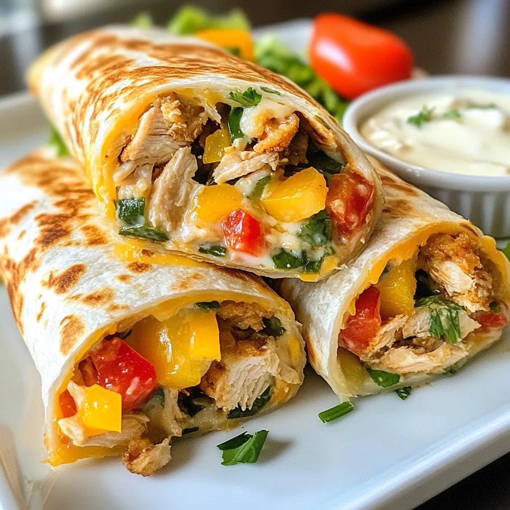 Die Hauptzutaten sind einfach und frisch. Du brauchst: - 2 Tassen gekochtes, zerrissenes Hühnchen - 1 große rote Paprika, gewürfelt - 1 große gelbe Paprika, gewürfelt - 1 Tasse Ranch-Dressing - 1 Tasse geriebener Cheddar-Käse - 4 große Weizentortillas Diese Zutaten bilden die Basis für einen leckeren Burrito. Das zerrissene Hühnchen sorgt für Protein. Die Paprika bringt Farbe und einen süßen Geschmack. Für den Geschmack benötigst du: - 1 Teelöffel Knoblauchpulver - 1 Teelöffel Zwiebelpulver - ½ Teelöffel geräuchertes Paprika - Salz und Pfeffer nach Geschmack Diese Gewürze fügen Tiefe hinzu. Das Ranch-Dressing bindet alles zusammen und sorgt für Cremigkeit. Du kannst auch einige optionale Zutaten verwenden: - 1 Tasse Babyspinat - Zusätzlicher Cheddar-Käse für mehr Geschmack Der Babyspinat bringt einen gesunden Crunch. Extra Käse macht die Burritos noch besser. Fühle dich frei, deine eigenen Ideen hinzuzufügen! {{ingredient_image_2}} Zuerst musst du alle Zutaten gut mischen. Nimm eine große Schüssel. Füge das zerrissene Hühnchen, die gewürfelten roten und gelben Paprika, das Ranch-Dressing, Knoblauchpulver, Zwiebelpulver und geräuchertes Paprika hinzu. Das Dressing macht die Mischung cremig und lecker. Rühre alles gut um, damit jeder Bissen voll Geschmack ist. Vergiss nicht, mit Salz und Pfeffer zu würzen. Das gibt den Burritos den richtigen Kick. Jetzt ist es Zeit, die Tortillas zu füllen. Lege eine große Weizentortilla auf eine saubere Fläche. Wenn du magst, füge eine Handvoll Babyspinat in die Mitte hinzu. Das gibt einen frischen Geschmack. Dann nimm etwa eine Tasse der Hühnchen-Paprika-Mischung und lege sie in die Mitte der Tortilla. Falte die Seiten der Tortilla über der Füllung zusammen. Rolle die Tortilla dann fest von unten nach oben auf, um den Burrito zu formen. Wiederhole diesen Schritt mit den anderen Tortillas. Für einen extra Crunch kannst du die Burritos rösten. Erhitze eine Pfanne bei mittlerer Hitze. Lege jeden Burrito in die Pfanne und röste ihn für 2-3 Minuten auf jeder Seite. Achte darauf, dass sie goldbraun und knusprig sind. Das Rösten bringt den Geschmack der Füllung noch besser zur Geltung. Nach dem Rösten schneide die Burritos schräg in der Mitte durch, um sie besser zu servieren. Um einen perfekten Burrito zu rollen, lege die Tortilla flach vor dich. Füge in die Mitte die Füllung hinzu, aber achte darauf, nicht zu viel zu nehmen. Klappe die Seiten der Tortilla über die Füllung. Beginne dann, die Tortilla von unten nach oben aufzurollen. Halte alles fest, aber nicht zu fest. So bleibt die Füllung drin. Wähle frische Paprika für dein Rezept. Achte auf glänzende Haut und knackige Textur. Rote und gelbe Paprika bieten süßen Geschmack. Sie bringen auch Farbe in deine Burritos. Wenn du etwas mehr Würze magst, probiere grüne Paprika. Sie sind etwas bitterer, aber das kann gut schmecken. Bereite deine Burritos im Voraus vor, um Zeit zu sparen. Du kannst die Füllung einen Tag vorher machen. Lagere sie im Kühlschrank. Wenn du die Burritos ganz machst, bewahre sie in Folie eingewickelt auf. So bleiben sie frisch. Zum Aufwärmen einfach im Ofen oder in der Mikrowelle erwärmen. So hast du immer ein schnelles und leckeres Essen bereit. Pro Tipps Frische Zutaten: Verwenden Sie frisches Gemüse und hochwertiges Hühnchen für den besten Geschmack und die beste Textur. Variationen: Fügen Sie zusätzliches Gemüse wie Zucchini oder Mais hinzu, um die Nährstoffe zu erhöhen und den Burritos mehr Geschmack zu verleihen. Würze anpassen: Experimentieren Sie mit verschiedenen Gewürzen wie Kreuzkümmel oder Chili-Pulver, um den Burritos einen zusätzlichen Kick zu geben. Vorrat anlegen: Bereiten Sie eine größere Menge vor und frieren Sie einige Burritos ein, um sie später schnell aufwärmen und genießen zu können. {{image_4}} Für eine vegetarische Variante tauschen Sie das Hühnchen gegen Bohnen oder Reis aus. Schwarze Bohnen sind eine tolle Wahl. Sie liefern Protein und Ballaststoffe. Mischen Sie die Bohnen mit Paprika und Ranch-Dressing. Fügen Sie auch etwas Mais hinzu, um die Textur zu verbessern. Dies gibt Ihrem Burrito mehr Geschmack und macht ihn bunt. Möchten Sie es schärfer? Fügen Sie frische oder eingelegte Jalapeños hinzu. Schneiden Sie sie in kleine Stücke und mischen Sie sie in die Füllung. Sie bringen eine schöne Schärfe in jeden Biss. Wenn Sie es noch schärfer mögen, verwenden Sie auch scharfe Salsa. Das gibt Ihrem Burrito einen zusätzlichen Kick. Die Saucen können viel ausmachen. Probieren Sie verschiedene Dressings oder Salsas aus. Eine würzige Salsa verde ist perfekt für einen frischen Geschmack. Auch Guacamole passt gut dazu. Servieren Sie die Burritos mit einem kleinen Salat oder frischen Gemüsesticks. So haben Sie eine gesunde Beilage, die den Burritos gut ergänzt. Bewahren Sie die Burritos im Kühlschrank auf. Legen Sie sie in einen luftdichten Behälter. So bleiben sie frisch. Genießen Sie die Burritos innerhalb von drei Tagen. Bei längerer Lagerung können sie an Geschmack verlieren. Wenn Sie mehr Burritos machen, frieren Sie sie ein. Wickeln Sie jeden Burrito in Folie ein. Legen Sie die eingewickelten Burritos in einen Gefrierbeutel. So bleiben sie bis zu drei Monate haltbar. Beschriften Sie den Beutel mit dem Datum. So wissen Sie, wann Sie sie gemacht haben. Um die Reste aufzuwärmen, nehmen Sie einen Burrito heraus. Sie können ihn in der Mikrowelle oder in der Pfanne aufwärmen. In der Mikrowelle dauert es etwa zwei Minuten. In der Pfanne rösten Sie ihn 5 Minuten bei mittlerer Hitze. So wird die Tortilla wieder knusprig. Fügen Sie etwas frisches Ranch-Dressing hinzu, um den Geschmack zu verstärken. Um die Burritos gesünder zu machen, können Sie einige einfache Änderungen vornehmen. Verwenden Sie Vollkorn-Tortillas anstelle von weißen Tortillas. Diese sind reich an Ballaststoffen. Fügen Sie mehr Gemüse hinzu, wie Zucchini oder Brokkoli. Das erhöht die Nährstoffe. Reduzieren Sie die Menge an Ranch-Dressing oder wählen Sie eine leichte Version. Ein fettfreies Dressing kann auch gut schmecken. Wenn Sie das Hühnchen ersetzen möchten, probieren Sie Bohnen oder Linsen. Diese sind proteinreich und gesund. Ja, Sie können andere Käsesorten verwenden. Cheddar ist klassisch, aber auch Gouda oder Monterey Jack passen gut. Feta-Käse bringt eine salzige Note. Mozzarella macht die Burritos cremig und zieht beim Essen. Versuchen Sie auch eine Mischung aus verschiedenen Käsesorten für mehr Geschmack. Es ist wichtig, die Käsesorten zu wählen, die Sie mögen. Experimentieren Sie gerne und finden Sie Ihre Lieblingskombination. Die Burritos sind im Kühlschrank etwa drei bis vier Tage haltbar. Lagern Sie sie in einem luftdichten Behälter. Wenn Sie die Burritos einfrieren, halten sie bis zu drei Monate. Wickeln Sie sie gut ein, um Gefrierbrand zu vermeiden. Zum Aufwärmen können Sie die Burritos in der Mikrowelle oder im Ofen erwärmen. Achten Sie darauf, sie gleichmäßig zu erhitzen, damit sie nicht austrocknen. Die Zutaten für Hühnchen-Bell-Paprika-Ranch-Burritos sind simpel und lecker. Wir haben die Hauptzutaten und Gewürze besprochen. Du lernst, wie man die Burritos step-by-step zubereitet. Tipps helfen dir, perfekte Burritos zu rollen und sie im Voraus zu machen. Variationen wie die vegetarische oder scharfe Version bringen Abwechslung. Denk dran, wie du sie lagerst und aufwärmst. Experimentiere und finde deinen eigenen Lieblingsstil. Mit all diesen Ideen kannst du köstliche Burritos zubereiten, die immer schmecken. Viel Spaß beim Kochen!