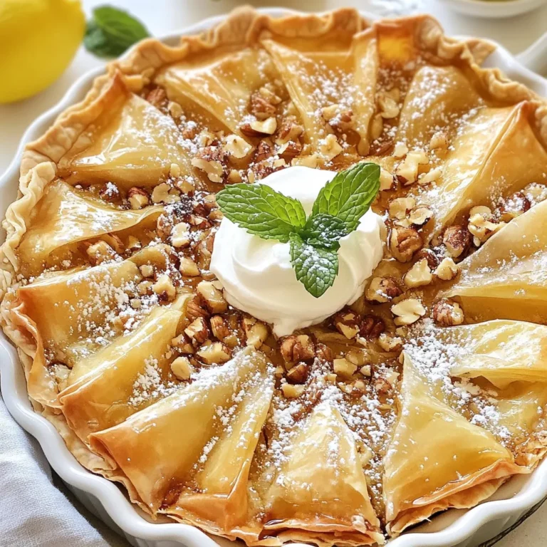 Für die Griechische Honigpastete brauchst du einige Hauptzutaten. Diese sind: - 1 Tasse Honig - 1 Tasse Walnüsse, fein gehackt - 1 Teelöffel gemahlener Zimt - 1 Teelöffel Vanilleextrakt - 1 Tasse Filoteigblätter (etwa 10 Blätter) - 1/2 Tasse ungesalzene Butter, geschmolzen - 1 Tasse griechischer Joghurt - 1/4 Tasse Puderzucker (zum Bestäuben) - Frische Minzblätter (zur Garnitur) Diese Zutaten schaffen die Basis für den reichen Geschmack. Der Honig bringt Süße. Die Walnüsse geben einen tollen Crunch. Zimt und Vanille fügen warme Aromen hinzu. Die besonderen Zutaten sind wichtig für die Textur und den Geschmack der Pastete. Zum Beispiel: - Honig: Er süßt und sorgt für Feuchtigkeit. - Walnüsse: Sie bringen Knackigkeit und gesunde Fette. - Filoteig: Dieser gibt der Pastete ihre knusprige Schale. - Butter: Sie macht den Teig reichhaltig und geschmackvoll. Jede Zutat spielt eine Rolle. Sie sorgt dafür, dass die Pastete nicht nur gut aussieht, sondern auch gut schmeckt. Wenn du die besten Zutaten auswählst, achte auf die Qualität. Hier sind einige Tipps: - Honig: Wähle reinen, ungehärteten Honig. Er hat den besten Geschmack. - Walnüsse: Frisch gehackt sind sie am besten. Achte darauf, dass sie nicht ranzig sind. - Filoteig: Kaufe frischen Teig aus dem Kühlregal. Er sollte nicht trocken sein. - Butter: Nutze ungesalzene Butter für mehr Kontrolle über den Geschmack. Hochwertige Zutaten machen einen großen Unterschied. Sie heben das Aroma der Honigpastete hervor und machen sie unvergesslich. {{ingredient_image_2}} Zuerst heize deinen Ofen auf 175 °C vor. In einer Schüssel mische 1 Tasse Honig, 1 Tasse fein gehackte Walnüsse, 1 Teelöffel Zimt und 1 Teelöffel Vanilleextrakt. Rühre alles gut um und stelle die Mischung beiseite. Nehme jetzt ein Blatt Filoteig. Bestreiche es leicht mit 1/2 Tasse geschmolzener Butter. Lege ein weiteres Blatt darauf und pinsle es erneut mit Butter. Wiederhole dies mit insgesamt 5 Blättern. Dies gibt der Pastete eine schöne Schichtstruktur. Verteile die Hälfte der Honig-Walnuss-Mischung gleichmäßig über den geschichteten Teig. Führe den Schichtprozess mit weiteren 5 Filoteigblättern fort. Jedes Blatt muss ebenfalls mit geschmolzener Butter bestrichen werden. Das sorgt für knusprige Schichten. Nun kommt die restliche Honig-Walnuss-Mischung auf die zweite Filoteigschicht. Klappe die Ränder über die Füllung, um sie zu sichern. Bestreiche die oberste Schicht erneut mit geschmolzener Butter. Dies gibt der Pastete einen goldenen Glanz beim Backen. Schneide mit einem scharfen Messer oberflächliche Einschnitte in die obere Teigschicht. So entstehen rautenförmige Stücke. Das hilft dir später bei der Portionierung. Jetzt backe die Pastete im vorgeheizten Ofen für 30-35 Minuten. Achte darauf, dass die Oberfläche schön goldbraun wird. Nehme die Pastete aus dem Ofen und lasse sie etwa 10-15 Minuten abkühlen. Bestäube sie dann mit Puderzucker. Schneide entlang der Einschnitte und garniere mit frischen Minzblättern. Für einen besonderen Genuss serviere sie mit einem Klecks griechischem Joghurt. So wird jede Portion zu einem Fest! Vermeide es, den Filoteig zu trocken werden zu lassen. Decke die Blätter immer mit einem feuchten Tuch ab. Überfülle die Pastete nicht mit der Füllung. Das kann dazu führen, dass sie beim Backen aufplatzt. Ein weiterer Fehler ist, dass der Teig nicht genug gebuttert wird. Jede Schicht braucht Butter, um knusprig und goldbraun zu werden. Stelle deinen Ofen auf 175 °C ein. Backe die Pastete für 30-35 Minuten. Achte darauf, dass die Oberfläche goldbraun ist. Wenn die Ränder zu schnell bräunen, lege ein Stück Alufolie darüber. So bleibt die Füllung perfekt gar. Serviere die Pastete warm oder bei Raumtemperatur. Bestäube sie großzügig mit Puderzucker. Schneide sie in Rauten, um schöne Stücke zu erhalten. Garniere jedes Stück mit frischen Minzblättern. Für einen besonderen Touch serviere sie mit griechischem Joghurt. So bekommt jeder Bissen eine cremige Note. Pro Tipps Frische Zutaten verwenden: Achten Sie darauf, frische Walnüsse und hochwertigen Honig zu verwenden, um den besten Geschmack zu erzielen. Filoteig richtig lagern: Halten Sie den Filoteig während der Zubereitung mit einem feuchten Tuch bedeckt, um zu verhindern, dass er austrocknet. Variationen ausprobieren: Experimentieren Sie mit anderen Nüssen oder Gewürzen, wie Mandeln oder Muskatnuss, um verschiedene Geschmacksrichtungen zu kreieren. Joghurt kalt servieren: Servieren Sie den griechischen Joghurt gut gekühlt, um einen erfrischenden Kontrast zur warmen Pastete zu bieten. {{image_4}} Die Griechische Honigpastete ist sehr anpassbar. Du kannst verschiedene Nüsse verwenden. Mandeln, Pistazien oder Haselnüsse bringen neue Geschmäcker. Jede Nuss hat ihren eigenen Charakter. So wird die Pastete noch spannender. Zusätzlich kannst du Aromen hinzufügen. Ein Hauch von Orangenschale oder Muskatnuss kann die Süße des Honigs betonen. Auch ein Spritzer Zitronensaft bringt Frische. Experimentiere mit diesen Ideen, um deine perfekte Mischung zu finden. Wenn du auf Zucker verzichten möchtest, probiere alternative Süßstoffe. Stevia oder Honigersatzstoffe sind gute Optionen. Diese halten die Süße, ohne den Zuckergehalt zu erhöhen. Für eine glutenfreie Variante kannst du glutenfreien Filoteig verwenden. So bleibt der Genuss der Honigpastete erhalten, ohne Gluten zu nutzen. Achte darauf, die Zutaten sorgfältig zu wählen, um den besten Geschmack zu erhalten. Passe die Honigpastete an die Saison an. Im Frühling kannst du frische Beeren hinzufügen. Sie bringen Farbe und Frische. Im Winter sind Gewürze wie Nelken und Muskat ideal. Sie geben Wärme und Gemütlichkeit. Für Feiertage kannst du die Pastete mit Zuckerguss dekorieren. Nutze Formen und Farben, die zum Anlass passen. So wird die Pastete zum Blickfang auf jedem Tisch. Um die Honigpastete frisch zu halten, sollten Sie sie in einem luftdichten Behälter aufbewahren. Legen Sie die Pastete nach dem Abkühlen in den Behälter. Dies schützt sie vor Luft und Feuchtigkeit. So bleibt die knusprige Textur des Teigs erhalten. Lagern Sie die Pastete bei Raumtemperatur. Kühlen Sie sie nicht im Kühlschrank, da dies die Textur beeinträchtigen kann. Wenn Sie die Honigpastete aufwärmen möchten, heizen Sie den Ofen auf 150 °C vor. Legen Sie die Pastete auf ein Backblech und decken Sie sie leicht mit Alufolie ab. So bleibt sie warm, ohne zu verbrennen. Lassen Sie sie etwa 10-15 Minuten im Ofen. Dies sorgt dafür, dass der Teig wieder knusprig wird. Die Honigpastete hält sich bei richtiger Lagerung 2-3 Tage. Nach dieser Zeit kann sie an Geschmack verlieren. Wenn Sie Reste haben, verwenden Sie sie in einem Frühstücksgericht. Schneiden Sie die Pastete in kleine Stücke und servieren Sie sie mit griechischem Joghurt. Das macht ein schnelles und leckeres Frühstück! Die Griechische Honigpastete hat ihre Wurzeln in der traditionellen griechischen Küche. Sie ist ein beliebtes Dessert, das oft bei Festen serviert wird. Die Kombination aus Honig und Nüssen ist typisch für viele griechische Süßigkeiten. Honig gilt in Griechenland als heilig und steht für Wohlstand und Glück. Diese Pastete bringt die Aromen des Landes zusammen und feiert die reiche Kultur. Ja, du kannst die Füllung nach deinem Geschmack anpassen. Du kannst andere Nüsse wie Mandeln oder Pistazien verwenden. Auch Trockenfrüchte wie Rosinen oder Feigen passen gut dazu. Experimentiere mit verschiedenen Gewürzen. Zum Beispiel, füge Muskatnuss oder Nelken hinzu, um neue Geschmäcker zu entdecken. Lass deiner Kreativität freien Lauf! Ja, du kannst die Pastete vegan machen. Ersetze die Butter durch pflanzliche Margarine. Für die Füllung kannst du Agavendicksaft anstelle von Honig verwenden. Achte darauf, veganen Filoteig zu wählen. Dieser ist meist ohne tierische Produkte. So genießt du die Pastete ohne tierische Zutaten und bleibst trotzdem im Geschmack. Die Griechische Honigpastete ist einfach zuzubereiten und voller Geschmack. Wir haben die Hauptzutaten und ihre besonderen Funktionen erklärt. Ich habe Tipps zur Auswahl und Vorbereitung gegeben, damit das Rezept gelingt. Auch häufige Fehler und perfekte Backzeiten wurden behandelt. Lagerungshinweise sichern die Frische und Haltbarkeit. Mit Variationen und Diätalternativen passt sie zu jedem Anlass. Du kannst die Füllung nach deinem Geschmack anpassen. Dieses Rezept ist vielseitig und macht jeder Festlichkeit Freude. Probier es aus und genieße.
