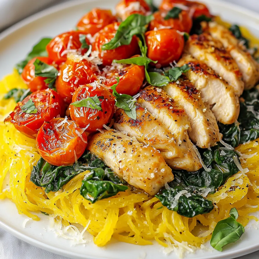 Um Tuscan Chicken und Spaghetti Squash zuzubereiten, benötigst du folgende Zutaten: - 2 mittlere Spaghetti-Kürbisse - 2 Hähnchenbrustfilets, ohne Haut und ohne Knochen - 2 Esslöffel Olivenöl - 3 Knoblauchzehen, fein gehackt - 1 Tasse Cherrytomaten, halbiert - 1 Tasse frischer Spinat - 1/2 Tasse getrocknete Tomaten, gehackt - 1/4 Tasse Sahne (oder Kokoscreme für eine milchfreie Option) - 1 Teelöffel italienische Gewürzmischung - Salz und Pfeffer nach Geschmack - Frische Basilikumblätter zur Garnitur - Geriebener Parmesan zur Garnitur (optional) Für spezielle Diäten habe ich einige tolle Alternativen. Wenn du eine milchfreie Option suchst, verwende Kokoscreme statt Sahne. Für eine glutenfreie Version kannst du sicherstellen, dass die Gewürze glutenfrei sind. Vegetarier können das Hähnchen durch Tofu oder Tempeh ersetzen. So bleibt der Geschmack und die Textur lecker! Frische Zutaten machen den Unterschied. Wähle Spaghetti-Kürbisse, die fest sind und eine glatte Haut haben. Sie sollten schwer in der Hand liegen. Achte darauf, dass die Cherrytomaten glänzend und fest sind. Frischer Spinat sollte leuchtend grün und knackig sein. Vermeide welk aussehende Blätter. Für das Hähnchen ist es am besten, frische Brustfilets zu nehmen, die keinen unangenehmen Geruch haben. So wird dein Gericht besonders schmackhaft! {{ingredient_image_2}} Um den Spaghetti-Kürbis vorzubereiten, heize zuerst den Ofen auf 200°C vor. Halbiere die Kürbisse der Länge nach und entferne die Kerne mit einem Löffel. Beträufle die Schnittflächen mit 1 Esslöffel Olivenöl. Würze sie mit Salz und Pfeffer. Lege die Hälften mit der Schnittfläche nach unten auf ein Backblech. Röste sie 30 bis 40 Minuten, bis sie zart sind. Diese Schritte machen den Kürbis zu einer perfekten Basis für das Gericht. Wähle zwei Hähnchenbrustfilets und würze sie mit Salz, Pfeffer und italienischer Gewürzmischung. Erhitze 1 Esslöffel Olivenöl in einer großen Pfanne bei mittlerer Hitze. Brate die Hähnchenbrustfilets 6 bis 7 Minuten auf jeder Seite, bis sie goldbraun sind. Nimm sie aus der Pfanne und lasse sie ruhen. So bleibt das Hähnchen saftig und zart. In derselben Pfanne füge 3 fein gehackte Knoblauchzehen hinzu und brate sie 30 Sekunden an. Dann kommen 1 Tasse halbierte Cherrytomaten und 1/2 Tasse gehackte getrocknete Tomaten dazu. Gare sie 3 bis 4 Minuten, bis sie weich werden. Füge 1 Tasse frischen Spinat hinzu und koche ihn, bis er zusammenfällt. Gieße 1/4 Tasse Sahne hinzu und rühre gut um. Lass die Sauce 2 bis 3 Minuten köcheln, bis sie leicht eindickt. Sobald die Spaghetti-Kürbisse gar sind, benutze eine Gabel, um das Innere herauszuschaben. Gib die Spaghetti-Kürbis-Stränge in die Pfanne mit der Sauce und vermenge alles gut. Schneide das gegarte Hähnchen in Scheiben und lege es auf die Kürbismischung. Diese Kombination bringt alle Aromen zusammen und sorgt für ein tolles Gericht. Beim Kochen von Tuscan Chicken und Spaghetti Squash gibt es einige häufige Fehler. Ein Fehler ist das Überkochen des Hähnchens. Achte darauf, es nicht länger als 7 Minuten pro Seite zu braten. So bleibt es saftig. Ein weiterer Fehler ist, den Kürbis nicht lange genug zu rösten. Er sollte weich sein, wenn du ihn herausnimmst. Die ideale Temperatur für das Rösten des Spaghetti-Kürbisses liegt bei 200°C. Röste ihn 30-40 Minuten lang. Achte darauf, dass er zart wird. Für das Hähnchen gilt eine Kochzeit von etwa 6-7 Minuten pro Seite. Überprüfe die Innentemperatur; sie sollte 75°C erreichen. Das Anrichten macht das Gericht besonders. Verwende eine große Schüssel. Platziere die Spaghetti-Kürbis-Stränge zuerst. Lege dann die Hähnchenstücke darauf. Garniere das Gericht mit frischen Basilikumblättern. Du kannst auch etwas geriebenen Parmesan darüber streuen, falls du magst. So sieht das Gericht nicht nur gut aus, sondern schmeckt auch fantastisch! Pro Tipps Perfekte Kürbis-Zubereitung: Um die besten Ergebnisse zu erzielen, achten Sie darauf, die Spaghetti-Kürbisse gleichmäßig zu rösten, damit sie gleichmäßig weich und lecker sind. Hähnchenbrust braten: Lassen Sie das Hähnchen nach dem Braten ruhen, damit die Säfte sich setzen können und das Fleisch saftig bleibt. Variationen der Sauce: Experimentieren Sie mit anderen Gemüsesorten wie Zucchini oder Paprika in der Sauce für zusätzlichen Geschmack und Nährstoffe. Milchfreie Option: Verwenden Sie Kokoscreme anstelle von Sahne für eine cremige, milchfreie Variante der Sauce. {{image_4}} Wenn du eine vegetarische Option suchst, ersetze das Hähnchen durch gebratene Pilze oder Tofu. Diese Zutaten nehmen die Sauce gut auf. Du kannst auch Kichererbsen hinzufügen, um mehr Protein zu bekommen. Achte darauf, die Gewürze gleichmäßig zu verteilen. Experimentiere mit verschiedenen Gewürzen. Füge zum Beispiel Paprika für einen rauchigen Geschmack hinzu. Auch frische Kräuter wie Thymian oder Oregano passen gut. Wenn du es schärfer magst, streue etwas rote Pfefferflocken darüber. Diese kleinen Änderungen machen einen großen Unterschied. Serviere das Gericht in tiefen Tellern oder Schalen. Das sieht schön aus und ist praktisch. Du kannst auch etwas frischen Basilikum oder Rucola darüber streuen. Für eine weitere Geschmacksebene kannst du geröstete Pinienkerne oder Walnüsse hinzufügen. So wird dein Gericht noch spannender und gesünder. Um Tuscan Chicken und Spaghetti Squash frisch zu halten, bewahre das Gericht in einem luftdichten Behälter auf. Stelle sicher, dass es vollständig abgekühlt ist, bevor du es in den Kühlschrank stellst. So bleibt der Geschmack erhalten. Im Kühlschrank bleibt das Gericht bis zu drei Tage frisch. Wenn du mehr Portionen zubereitest, kannst du das Gericht auch einfrieren. Teile es in Portionen und lege diese in gefriergeeignete Behälter. Achte darauf, die Luft so gut wie möglich herauszudrücken, um Gefrierbrand zu vermeiden. Tuscan Chicken und Spaghetti Squash sind bis zu drei Monate im Gefrierfach haltbar. Um das Gericht wieder aufzuwärmen, tau die gefrorenen Portionen über Nacht im Kühlschrank auf. Erhitze sie dann in der Mikrowelle oder in einer Pfanne bei mittlerer Hitze. Füge bei Bedarf etwas Wasser oder Brühe hinzu, um die Sauce aufzufrischen. Achte darauf, das Hähnchen und den Kürbis gleichmäßig zu erhitzen. So bleibt alles zart und lecker. Die gesamte Zubereitungszeit beträgt etwa eine Stunde. Die Vorbereitung dauert etwa 15 Minuten. Das Rösten des Spaghetti-Kürbisses nimmt 30 bis 40 Minuten in Anspruch. Das Kochen des Hähnchens und der Sauce dauert weitere 15 bis 20 Minuten. So kannst du in kurzer Zeit ein köstliches Gericht auf den Tisch bringen. Ja, du kannst Kokoscreme verwenden. Sie gibt der Sauce eine schöne, cremige Textur. Alternativ kannst du auch Cashewcreme oder Mandelmilch nutzen. Beide Optionen sind lecker und milchfrei. So bleibt das Gericht leicht und gesund. Ja, das Rezept ist von Natur aus glutenfrei. Alle Zutaten, die wir verwenden, sind glutenfrei. Achte nur darauf, dass die getrockneten Tomaten und die Gewürzmischung keine Gluten-Spuren enthalten. So kannst du dieses Gericht ohne Sorgen genießen. Zusammengefasst haben wir die besten Zutaten für dein Gericht besprochen. Du hast gelernt, wie du frische Zutaten auswählst, wie du die Hauptzutaten zubereitest und wie du häufige Fehler vermeidest. Variationen und Lagerungshinweise sorgen für mehr Flexibilität. Denke daran, das Rezept an deine Bedürfnisse anzupassen, sei es vegetarisch oder glutenfrei. Besondere Diäten sind einfach umzusetzen. Mit diesen Tipps wird dein Tuscan Chicken und Spaghetti Squash sicher ein Hit!