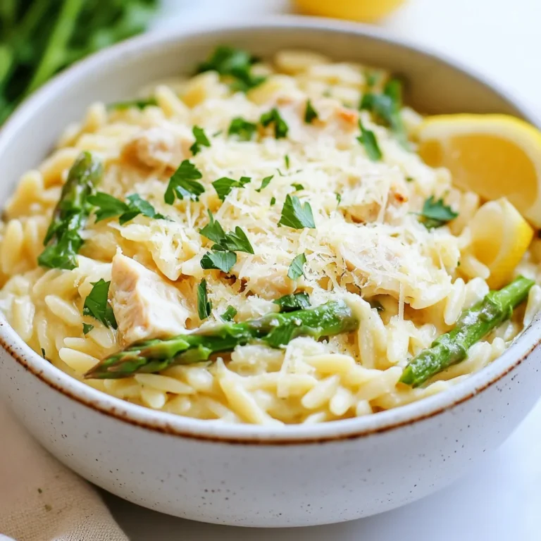 - 1 Tasse Orzo-Pasta - 2 Hähnchenbrustfilets, gewürfelt - 1 Bund Spargel, am Ende abgeschnitten und in 2,5 cm Stücke geschnitten Die Orzo-Pasta ist klein und hat eine tolle Form. Sie nimmt die Soße gut auf und macht das Gericht cremig. Die Hähnchenbrustfilets geben einen schönen Geschmack und viel Protein. Spargel bringt frische und Farbe ins Gericht. - 1 kleine Zwiebel, fein gehackt - 2 Knoblauchzehen, gehackt - 1 Tasse Hühnerbrühe - 1 Tasse Schlagsahne - 1 Tasse geriebener Parmesan-Käse - 2 Esslöffel Olivenöl - Salz und Pfeffer nach Geschmack - Frische Petersilie, gehackt, zum Garnieren Die Zwiebel und der Knoblauch geben ein tolles Aroma ab. Hühnerbrühe sorgt für den richtigen Geschmack und die Schlagsahne macht alles schön cremig. Parmesan-Käse bringt eine köstliche, salzige Note. Mit frischer Petersilie als Garnierung sieht das Gericht auch noch toll aus. {{ingredient_image_2}} Um den Orzo perfekt zu kochen, bringe zuerst in einem mittleren Topf gesalzenes Wasser zum Kochen. Füge dann 1 Tasse Orzo-Pasta hinzu. Koche den Orzo gemäß der Packungsanweisung al dente, das dauert etwa 8-10 Minuten. Nach dem Kochen gieße den Orzo in ein Sieb ab. Achte darauf, ihn gut abtropfen zu lassen, um überschüssiges Wasser zu entfernen. Stelle den abgetropften Orzo beiseite, während du die anderen Zutaten zubereitest. Erhitze in einer großen Pfanne 2 Esslöffel Olivenöl bei mittlerer Hitze. Füge die gewürfelten 2 Hähnchenbrustfilets hinzu. Würze das Hähnchen mit Salz und Pfeffer nach deinem Geschmack. Brate das Hähnchen 5-7 Minuten, bis es goldbraun und durchgegart ist. Nimm das Hähnchen dann aus der Pfanne und stelle es beiseite. In derselben Pfanne füge die fein gehackte kleine Zwiebel und den geschnittenen Spargel hinzu. Koche alles etwa 3-4 Minuten, bis die Zwiebel durchsichtig und der Spargel knackig zart ist. Jetzt ist es Zeit, die beiden gehackten Knoblauchzehen hinzuzufügen. Gar die Mischung weitere 1-2 Minuten, bis der Knoblauch aromatisch wird. Jetzt sind alle Zutaten bereit, um zusammen zu kommen und eine köstliche Mahlzeit zu bilden! Um die richtige Konsistenz für deinen Parmesan-Orzo mit Hähnchen und Spargel zu erreichen, sind zwei Dinge wichtig: die Garzeiten und die Flüssigkeitsmenge. - Richtige Garzeiten: Koche den Orzo in gesalzenem Wasser für etwa 8-10 Minuten. Er sollte al dente sein, also noch einen leichten Biss haben. - Anpassen der Flüssigkeitsmenge: Achte darauf, die Hühnerbrühe und Schlagsahne gut zu dosieren. Zu viel Flüssigkeit macht das Gericht wässrig. Ein bisschen weniger kann helfen, eine schöne, cremige Soße zu bekommen. Du kannst den Geschmack deines Gerichts mit verschiedenen Gewürzen und frischen Kräutern verbessern. - Variationen von Gewürzen: Versuche, etwas Zitronenschale oder Paprika hinzuzufügen. Das bringt frische Noten in dein Gericht. Auch eine Prise Muskatnuss kann die Aromen vertiefen. - Verwendung frischer Kräuter: Frische Petersilie ist toll, aber auch Basilikum oder Thymian passen gut. Sie geben dem Gericht einen besonderen Touch. Die Art, wie du das Gericht präsentierst, macht viel aus. Hier sind einige Serviertipps und Garnierungsideen. - Serviertipps: Verwende flache Schalen, um die Orzo-Mischung zu servieren. So sieht es appetitlicher aus. - Garnierungsideen: Streue etwas Parmesan obenauf und füge Zitronenspalten hinzu. So bekommt das Gericht einen zusätzlichen Frischekick und sieht toll aus. Pro Tipps Frische Zutaten: Verwenden Sie frischen Spargel und hochwertige Hühnerbrust für den besten Geschmack und die beste Textur. Käsewahl: Für eine intensivere Käsenote können Sie neben Parmesan auch Pecorino Romano verwenden. Ein Spritzer Zitrone: Ein Spritzer frischer Zitronensaft kurz vor dem Servieren bringt die Aromen zum Strahlen. Vorlaufzeit: Bereiten Sie alle Zutaten im Voraus vor, um den Kochprozess zu beschleunigen und Stress zu vermeiden. {{image_4}} Wenn du ein vegetarisches Gericht möchtest, kannst du das Hähnchen einfach durch Tofu ersetzen. Schneide den Tofu in kleine Würfel und brate ihn goldbraun an. Achte darauf, festen Tofu zu wählen, damit er gut hält. Die Brühe kannst du anpassen, indem du Gemüsebrühe anstelle von Hühnerbrühe nimmst. So bleibt der Geschmack voll und reichhaltig. Fühl dich frei, weitere Gemüsesorten hinzuzufügen. Zum Beispiel passen Erbsen, Spinat oder Paprika gut zu diesem Gericht. Diese Gemüsesorten fügen Farbe und Nährstoffe hinzu. Du kannst auch optionale Gewürze wie Paprika oder italienische Kräuter verwenden. Diese verleihen dem Gericht mehr Tiefe und Geschmack. Ganze Weizen-Orzo ist eine gesunde Alternative zur normalen Orzo-Pasta. Sie hat mehr Ballaststoffe und Nährstoffe. Wenn du ganze Weizen-Orzo verwendest, musst du die Kochzeit anpassen. Sie braucht meist ein wenig länger, etwa 10-12 Minuten. Achte darauf, die Konsistenz regelmäßig zu überprüfen. - Optimale Zeitspanne: Sie können Parmesan Orzo mit Hähnchen und Spargel bis zu drei Tage im Kühlschrank aufbewahren. - Behälterempfehlungen: Verwenden Sie einen luftdichten Behälter. Das hält das Gericht frisch und lecker. - Einfriermethoden: Lassen Sie das Gericht zuerst abkühlen. Füllen Sie es dann in einen gefrierfesten Behälter. Achten Sie darauf, etwas Platz zu lassen, da sich die Flüssigkeit ausdehnt. - Auftauhinweise: Lassen Sie das Gericht über Nacht im Kühlschrank auftauen. Alternativ können Sie es in der Mikrowelle auf der Auftau-Stufe erwärmen. - Beste Methoden zum Aufwärmen: Erhitzen Sie das Gericht in einer Pfanne bei mittlerer Hitze. Fügen Sie einen Schuss Hühnerbrühe oder Sahne hinzu für mehr Feuchtigkeit. - Vermeidung von Trockenheit: Rühren Sie das Gericht gut um, während es erwärmt wird. Das verhindert, dass der Orzo trocken wird und sorgt für eine cremige Textur. Die Zubereitung nimmt insgesamt etwa 30 Minuten in Anspruch. Die Vorbereitungszeit beträgt etwa 15 Minuten. Während dieser Zeit schneiden Sie das Hähnchen und den Spargel. Dann kochen Sie die Orzo-Pasta. Die Kochzeit für die Orzo liegt bei 8-10 Minuten. In der Zwischenzeit braten Sie das Hähnchen an. Danach garen Sie das Gemüse. Die letzten Schritte zur Soße und zum Mischen dauern nur einige Minuten. Ja, Sie können verschiedene Käsesorten verwenden. Pecorino Romano bietet einen ähnlichen Geschmack. Für eine milde Note können Sie Mozzarella oder Gouda verwenden. Veganer Käse ist auch eine Option, wenn Sie Milchprodukte vermeiden möchten. Experimentieren Sie mit diesen Alternativen, um den idealen Geschmack für Ihr Gericht zu finden. Ja, Parmesan Orzo mit Hähnchen und Spargel bietet viele Nährstoffe. Hähnchen ist eine gute Proteinquelle. Spargel enthält Vitamine und Ballaststoffe. Um die Kalorien zu reduzieren, verwenden Sie weniger Schlagsahne oder eine leichtere Brühe. Sie können auch die Portionen anpassen, um die Nährwerte zu optimieren. So bleibt das Gericht schmackhaft und leicht. Zu diesem Gericht passen frischer Salat oder gedünstetes Gemüse gut. Ein einfaches grünes Salatdressing ergänzt die Aromen. Auch Zitronenspalten sind eine tolle Ergänzung. Sie bringen Frische und eine leichte Säure ins Spiel. Probieren Sie verschiedene Beilagen aus, um Ihr Essen zu variieren und zu bereichern. In diesem Blogbeitrag haben wir ein köstliches Gericht mit Orzo, Hähnchen und Spargel besprochen. Wir haben die Haupt- und weiteren Zutaten sowie die Zubereitungsschritte behandelt. Tipps für die perfekte Konsistenz und Geschmacksvariationen sind ebenfalls wichtig. Denke daran, das Gericht zuzubereiten, zum Beispiel mit Tofu für eine vegetarische Variante oder frischen Kräutern. Die richtigen Aufbewahrungs- und Erwärmungsmethoden sind entscheidend, um den Geschmack zu bewahren. Mit diesen Informationen machst du dein Essen einfach und lecker.