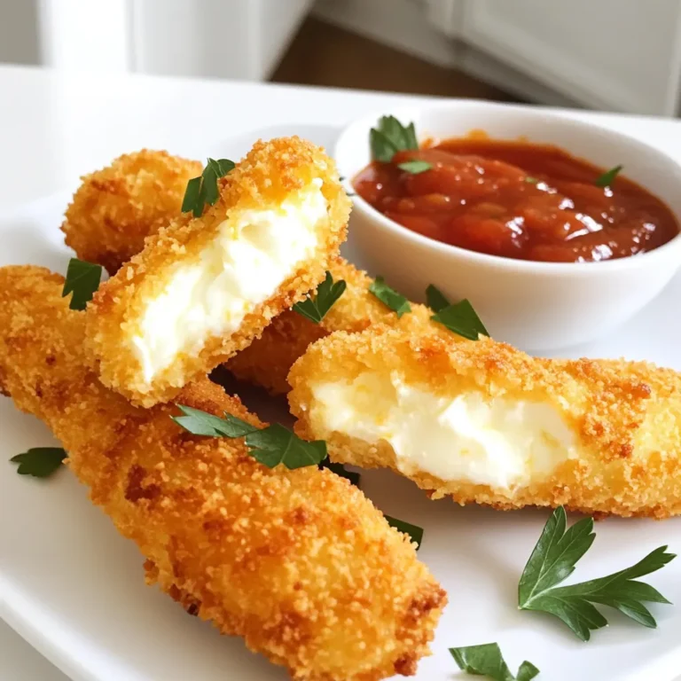 Für die perfekten Mozzarella-Sticks brauchst du einige einfache Zutaten. Hier ist, was du benötigst: - 340 g Mozzarella-Sticks, halbiert - 120 g Allzweckmehl - 2 große Eier - 1 Esslöffel Wasser - 100 g Paniermehl (vorzugsweise Panko) Die Mozzarella-Sticks sind der Star des Gerichts. Das Allzweckmehl hilft, die Sticks gut zu beschichten. Die Eier sorgen für eine haftende Schicht, und das Paniermehl macht sie knusprig. Die Gewürze geben den Sticks den besonderen Geschmack. Hier sind die Zutaten: - ½ Teelöffel Knoblauchpulver - ½ Teelöffel Zwiebelpulver - ½ Teelöffel getrockneter Oregano - Salz und Pfeffer nach Geschmack Diese Gewürze fügen Geschmack hinzu und machen das Essen spannend. Du kannst die Gewürze auch nach deinem Geschmack anpassen. Um die Mozzarella-Sticks zuzubereiten, brauchst du einige Utensilien. Hier ist eine Liste: - 3 flache Schalen - Kochspray oder Olivenölspray - Air-Fryer Die flachen Schalen sind wichtig für die Panierung. Der Air-Fryer sorgt für die knusprige Textur. Mit diesen Utensilien bist du bereit, köstliche Mozzarella-Sticks zu machen! Zuerst halbiere die Mozzarella-Sticks. Lege sie dann für 30 Minuten ins Gefrierfach. Das hilft, dass sie beim Frittieren ihre Form behalten. Durch das Einfrieren wird der Käse fest und schmilzt nicht sofort. Bereite drei flache Schalen vor. In die erste Schale gib das Mehl mit etwas Salz und Pfeffer. In die zweite Schale verquirle die Eier mit einem Esslöffel Wasser. In der dritten Schale mische das Paniermehl mit Knoblauchpulver, Zwiebelpulver, Oregano und etwas Salz und Pfeffer. Diese Station macht das Panieren einfach. Nimm einen gefrorenen Käse-Stick. Wälze ihn zuerst im Mehl, bis er ganz bedeckt ist. Tauche ihn dann in die Eimischung und lasse überschüssiges Ei abtropfen. Zum Schluss rolle ihn im Paniermehl. Achte darauf, dass der Stick gut bedeckt ist. Lege die panierten Sticks auf einen Teller. Wiederhole diesen Schritt für alle Käse-Sticks. Heize deinen Air-Fryer auf 200 °C (390 °F). Lass ihn etwa fünf Minuten vorheizen. Dies sorgt dafür, dass die Sticks gleichmäßig garen und knusprig werden. Spray den Korb des Air-Fryers leicht mit Kochspray. Lege die Mozzarella-Sticks in einer einzigen Schicht hinein. Achte darauf, sie nicht zu überfüllen. Möglicherweise musst du in mehreren Durchgängen arbeiten. Sprühe die Oberseiten der Sticks leicht mit Kochspray ein, um sie knusprig zu machen. Frittiere die Mozzarella-Sticks für 6-8 Minuten. Wende sie zur Halbzeit, damit sie gleichmäßig garen. Nach dem Garen nimm die Sticks aus dem Air-Fryer und lasse sie kurz abkühlen. Serviere die warmen Sticks auf einem rustikalen Holzbrett. Garniere sie mit frischer Petersilie und einer kleinen Schale Marinara-Sauce zum Dippen. Um die perfekte Konsistenz deiner Mozzarella-Sticks zu erreichen, ist das Einfrieren wichtig. Lege die halben Käse-Sticks vor dem Panieren für 30 Minuten ins Gefrierfach. Das hilft, die Form beim Frittieren zu halten. Außerdem bekommst du eine schönere, knusprige Textur. Ein häufiger Fehler ist, die Sticks zu überfüllen. Achte darauf, sie in einer einzigen Schicht im Air-Fryer zu platzieren. So kann die heiße Luft überall zirkulieren. Wende die Sticks auch zur Hälfte der Garzeit. So werden sie gleichmäßig goldbraun und knusprig. Panko gibt den Mozzarella-Sticks eine zusätzliche Knusprigkeit. Es sind größere Brotkrumen, die mehr Luft enthalten. Reguläres Paniermehl macht die Sticks auch lecker, aber weniger knusprig. Wenn du also einen extra Crunch möchtest, wähle Panko für deine Mozzarella-Sticks. {{image_4}} Manchmal möchte ich den Geschmack meiner Mozzarella-Sticks ändern. Du kannst verschiedene Gewürze verwenden, um mehr Würze zu bringen. Zum Beispiel, füge etwas Paprika für einen rauchigen Geschmack hinzu. Oder probiere Cayennepfeffer für etwas Schärfe. Du kannst auch italienische Kräuter wie Basilikum oder Thymian verwenden. Diese kleinen Änderungen machen einen großen Unterschied. Für eine vegane Version der Mozzarella-Sticks benutze pflanzlichen Käse. Es gibt viele Marken, die köstliche Alternativen bieten. Achte darauf, dass der Käse gut schmilzt. Du kannst auch Cashew-Creme verwenden, um eine cremige Füllung zu bekommen. Panier die Sticks wie gewohnt, und schon hast du eine vegane Leckerei. Wenn du etwas anderes als Mozzarella möchtest, probiere Cheddar oder Gouda. Diese Käsesorten haben unterschiedliche Geschmäcker und Schmelzeigenschaften. Achte darauf, dass der Käse gut gefroren ist, bevor du ihn panierst. So bleibt er beim Frittieren in Form. Wenn du experimentierfreudig bist, versuche auch Feta für einen salzigen Biss. Wenn du Mozzarella-Sticks übrig hast, lagere sie in einem luftdichten Behälter. Lege ein Stück Küchenpapier in den Behälter. Dies hilft, Feuchtigkeit zu absorbieren und die Sticks knusprig zu halten. Achte darauf, dass die Sticks vollständig abgekühlt sind, bevor du sie lagerst. So bleiben sie frisch und lecker. Um die Mozzarella-Sticks wieder aufzuwärmen, nutze den Air-Fryer. Heize ihn auf 180 °C vor. Lege die Sticks in den Korb und erwärme sie für etwa 3-5 Minuten. So werden sie außen wieder knusprig und der Käse bleibt schön geschmolzen. Alternativ kannst du sie auch im Ofen aufwärmen. Stelle ihn auf 200 °C und backe die Sticks für 5-7 Minuten. Im Kühlschrank halten die Mozzarella-Sticks etwa 2-3 Tage. Achte darauf, sie gut verpackt zu lagern. Wenn du die Sticks länger aufbewahren möchtest, friere sie ein. Lege die ungebackenen Sticks in einen Gefrierbeutel. So bleiben sie bis zu 2 Monate frisch. Um sie später zuzubereiten, lasse sie einfach im Kühlschrank auftauen. Die Zubereitung dauert etwa 50 Minuten. Dazu gehören 15 Minuten für die Vorbereitung und 35 Minuten für das Kochen. Die Zeit kann variieren, je nachdem, wie schnell du arbeitest. Es ist wichtig, die Käse-Sticks vorher 30 Minuten ins Gefrierfach zu legen. So behalten sie ihre Form beim Frittieren. Ja, du kannst andere Käsesorten ausprobieren. Cheddar, Gouda oder sogar pflanzliche Käsesorten sind gute Alternativen. Achte darauf, dass der Käse gut schmilzt. So erreichst du das perfekte Käseziehen. Experimentiere mit verschiedenen Geschmäckern, um deine perfekte Kombination zu finden. Es gibt einige Gründe, warum sie nicht knusprig sind. Möglicherweise hast du zu wenig Paniermehl verwendet. Achte darauf, die Sticks gleichmäßig zu panieren. Ein weiterer Grund könnte sein, dass der Air-Fryer nicht heiß genug war. Heize ihn immer vor. Das hilft, die perfekte Knusprigkeit zu erreichen. Die klassischen Dips sind Marinara-Sauce oder Ranch-Dressing. Beide passen gut zu Mozzarella-Sticks. Du kannst auch eine würzige Sriracha-Mayonnaise ausprobieren. Diese Dips bringen den Geschmack der Sticks noch mehr zur Geltung. Experimentiere mit verschiedenen Dips, um neue Kombinationen zu entdecken. Mozzarella-Sticks sind einfach und lecker. Wir haben die Hauptzutaten, die Zubereitung und wichtige Tipps behandelt. Jeder Schritt ist wichtig für den perfekten Genuss. Mit wenigen Tricks kannst du Fehler vermeiden und die ideale Konsistenz erreichen. Denke auch an Variationen, um neue Geschmäcker auszuprobieren. Reste lassen sich leicht lagern und aufwärmen. Mit diesen Infos machst du großartige Mozzarella-Sticks! Viel Spaß beim Kochen und Genießen!