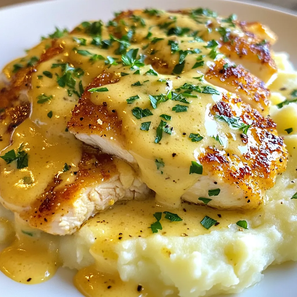 Um cremiges Knoblauch-Hähnchen-Mash zuzubereiten, benötigen Sie folgende Zutaten: - 4 mittelgroße Hähnchenbrustfilets - 240 ml Schlagsahne - 4 große Knoblauchzehen, fein gehackt - 2 Esslöffel Olivenöl - 1 Teelöffel Thymianblätter - 1 Teelöffel geräuchertes Paprikapulver - 1 Teelöffel Zwiebelpulver - Salz und Pfeffer nach Geschmack - 480 g vorbereitete Kartoffelpüree - 30 g geriebener Parmesan - Frische Petersilie, gehackt (zum Garnieren) Diese Zutaten sorgen für ein leckeres und cremiges Gericht. Einige Zutaten sind wichtig für den Geschmack. Zum Beispiel bringt der Knoblauch einen starken, aromatischen Geschmack. Frischer Knoblauch hebt das Gericht. Schlagsahne gibt der Soße die cremige Textur. Der geräucherte Paprika fügt eine leichte Rauchnote hinzu. Parmesan sorgt für eine salzige Tiefe. Falls Sie keine Hähnchenbrust haben, können Sie Hähnchenschenkel verwenden. Diese sind saftiger. Statt Schlagsahne können Sie auch Kokosmilch nutzen, um eine leichte Süße zu erreichen. Für eine vegane Version ersetzen Sie Hähnchen und Schlagsahne durch pflanzliche Produkte. Kartoffelpüree kann auch durch Blumenkohlpüree ersetzt werden, um das Gericht leichter zu machen. {{ingredient_image_2}} Zuerst würze die Hähnchenbrustfilets. Nimm eine große Schüssel. Füge Salz, Pfeffer, Thymian und geräuchertes Paprika hinzu. Reibe die Gewürze gut in das Fleisch ein. Achte darauf, dass alles gleichmäßig verteilt ist. Dies gibt dem Hähnchen viel Geschmack. Erhitze in einer großen Pfanne das Olivenöl. Stelle die Hitze auf mittel. Lege die gewürzten Hähnchenbrustfilets in die Pfanne. Brate sie für etwa 6-7 Minuten auf jeder Seite. Sie sollten goldbraun und durchgegart sein. Nimm das Hähnchen aus der Pfanne und lege es beiseite. Reduziere die Hitze der Pfanne. Füge die fein gehackten Knoblauchzehen hinzu. Sautiere den Knoblauch für etwa 1 Minute. Achte darauf, dass er nicht verbrennt. Das Aroma wird dann sehr stark und lecker. Gieße nun die Schlagsahne in die Pfanne. Rühre alles gut um, damit sich die Aromen verbinden. Füge das Zwiebelpulver hinzu. Lass die Mischung für 3-4 Minuten köcheln. Sie sollte leicht eindicken und cremig werden. Schneide das gegarte Hähnchen in Scheiben. Gib die Hähnchenstücke zurück in die Pfanne. Überziehe sie gut mit der cremigen Knoblauchsoße. Lass alles für weitere 2-3 Minuten zusammen köcheln. Das Hähnchen nimmt so den ganzen Geschmack auf. Nimm eine große Schüssel und füge das vorbereitete Kartoffelpüree hinzu. Mische das Püree mit dem geriebenen Parmesan. Schmecke es mit Salz und Pfeffer ab. Das Püree wird durch den Käse besonders cremig und lecker. Serviere das cremige Knoblauch-Hähnchen über einer Portion Kartoffelpüree. Gib etwas von der Soße darüber. Garniere das Gericht mit frischer, gehackter Petersilie. Das sieht nicht nur gut aus, sondern schmeckt auch hervorragend. Um das Hähnchen zart und saftig zu machen, würze die Brustfilets gut. Nutze Salz, Pfeffer, Thymian und geräuchertes Paprikapulver. Diese Gewürze bringen viel Geschmack. Achte darauf, dass das Hähnchen gleichmäßig gewürzt ist. Brate die Filets in heißem Olivenöl. Wende sie nach 6-7 Minuten, bis sie goldbraun sind. So bleibt das Fleisch saftig und lecker. Für die perfekte Knoblauchsoße ist es wichtig, die Hitze zu kontrollieren. Füge den gehackten Knoblauch erst hinzu, wenn die Hitze reduziert ist. Sautiere den Knoblauch für etwa eine Minute, bis er duftet. Pass auf, dass er nicht verbrennt, sonst wird die Soße bitter. Gieße dann die Schlagsahne in die Pfanne. Rühre gut um und füge das Zwiebelpulver hinzu. Lass die Mischung 3-4 Minuten köcheln, bis sie dick wird. Das Anrichten macht das Gericht besonders. Serviere das Hähnchen auf einer großzügigen Portion Kartoffelpüree. Überziehe das Hähnchen mit der cremigen Soße. Garniere das Gericht mit frischer Petersilie. Das gibt einen schönen Farbkontrast und frischen Geschmack. Ein gut angerichtetes Gericht sieht einladend aus und macht das Essen noch mehr Spaß. Pro Tipps Hähnchen gleichmäßig garen: Achten Sie darauf, dass die Hähnchenbrustfilets gleichmäßig dick sind, um ein gleichmäßiges Garen zu gewährleisten. Andernfalls könnten einige Teile übergart und andere nicht durchgegart sein. Knoblauch nicht verbrennen: Seien Sie vorsichtig beim Anbraten des Knoblauchs. Er sollte nur kurz sautiert werden, bis er duftet, da verbrannter Knoblauch bitter schmeckt und das Gericht ruinieren kann. Püree cremiger machen: Um das Kartoffelpüree noch cremiger zu machen, fügen Sie etwas mehr Schlagsahne oder einen Esslöffel Butter hinzu, während Sie es vermengen. Frische Kräuter verwenden: Frische Petersilie als Garnitur nicht nur für das Aussehen, sondern auch für den zusätzlichen Geschmack verwenden. Sie können auch andere frische Kräuter wie Thymian oder Basilikum ausprobieren. {{image_4}} Wenn du eine vegetarische Option willst, nimm Blumenkohl oder Pilze. Diese Gemüsesorten können gut die Textur von Hähnchen ersetzen. Du kannst die Blumenkohlröschen dämpfen und dann in der Knoblauchsoße garen. Bei Pilzen, brate sie einfach in der Pfanne und folge dem gleichen Rezept. Diese Alternativen sind lecker und cremig. Du kannst das Rezept leicht anpassen. Füge etwas Chili oder Cayennepfeffer für mehr Schärfe hinzu. Wenn du es süßer magst, verwende etwas Honig in der Soße. Du kannst auch frische Kräuter wie Basilikum oder Oregano hinzufügen. Diese Kräuter bringen frische Aromen in das Gericht. Wenn du mehr Beilagen brauchst, probiere gebratene grüne Bohnen oder einen frischen Salat. Beides passt gut zu diesem Gericht. Für eine reichhaltigere Beilage kannst du auch knusprige Brötchen oder Polenta servieren. Diese Optionen machen dein Essen noch leckerer und befriedigender. Um dein cremiges Knoblauch-Hähnchen-Mash frisch zu halten, bewahre es in einem luftdichten Behälter auf. Stelle sicher, dass es gut abgedeckt ist. So bleibt der Geschmack erhalten. Im Kühlschrank hält sich das Gericht bis zu drei Tage. Achte darauf, es gut abzukühlen, bevor du es in den Kühlschrank stellst. Wenn du mehr Hähnchen-Mash hast, kannst du es einfrieren. Teile das Gericht in Portionen und lege es in geeignete Behälter oder Gefrierbeutel. Vergiss nicht, das Datum auf den Beutel zu schreiben. So weißt du immer, wie lange es schon eingefroren ist. Gefroren hält sich das Gericht bis zu drei Monate. Um die Reste aufzuwärmen, kannst du die Mikrowelle oder den Herd verwenden. Bei der Mikrowelle erwärmst du das Gericht in kurzen Intervallen. Rühre zwischendurch um, damit es gleichmäßig warm wird. Wenn du den Herd nutzt, erhitze das Hähnchen-Mash in einer Pfanne bei mittlerer Hitze. Füge etwas Sahne oder Wasser hinzu, um die Cremigkeit zu erhalten. So schmeckt es fast wie frisch zubereitet! Ja, du kannst Geflügelfleisch ersetzen. Probiere stattdessen Schweinefleisch oder Tofu. Beide Optionen passen gut zur Soße. Stelle sicher, dass du die Garzeit anpasst. Tofu braucht weniger Zeit, während Schweinefleisch länger braucht. Um das Rezept glutenfrei zu machen, wähle glutenfreies Zwiebelpulver. Achte darauf, dass die Brühe oder die Soße ebenfalls glutenfrei ist. Viele Marken bieten glutenfreie Optionen. Du kannst auch frische Kräuter verwenden. So bleibst du weit weg von Gluten und genießt dennoch den vollen Geschmack. Zu cremigem Knoblauch-Hähnchen passen viele Beilagen gut. Hier sind einige Ideen: - Gedünstetes Gemüse wie Brokkoli oder grüne Bohnen - Reis oder Quinoa für eine gesunde Option - Ein frischer grüner Salat für etwas Knackiges - Knoblauchbrot für den zusätzlichen Geschmack Diese Beilagen ergänzen das Gericht perfekt und bieten Abwechslung auf dem Teller. Zusammengefasst haben wir die wichtigsten Zutaten, die Schritt-für-Schritt-Anleitung, nützliche Tipps und verschiedene Variationen für dein Hähnchengericht behandelt. Du kannst das Gericht nach deinem Geschmack anpassen und es lagern, um später Freude daran zu haben. Experimentiere mit den vorgeschlagenen Alternativen und mache es zu deinem eigenen. Jedes Detail zählt, um ein tolles Essen zu erleben. Viel Spaß beim Kochen und Genießen!