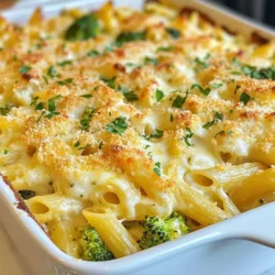 Für den Käse-Brokkoli-Hühnchen-Pasta Auflauf benötigst du folgende Hauptzutaten: - 300g Penne-Nudeln - 2 Tassen gekochtes, zerkleinertes Hühnchen - 2 Tassen Brokkoli-Röschen - 2 Tassen cremige Alfredo-Sauce Diese Zutaten bilden die Basis für den Auflauf. Die Penne-Nudeln geben dem Gericht eine tolle Textur. Das zerkleinerte Hühnchen sorgt für einen herzhaften Geschmack. Die Brokkoli-Röschen fügen Farbe und wichtige Nährstoffe hinzu. Die Alfredo-Sauce macht das Ganze schön cremig. Die richtigen Gewürze und Öle sind wichtig, um den Geschmack zu verbessern. Du benötigst: - 1 Teelöffel Knoblauchpulver - 1 Teelöffel Zwiebelpulver - Salz und Pfeffer nach Geschmack - 1 Esslöffel Olivenöl Knoblauch- und Zwiebelpulver geben dem Auflauf ein tolles Aroma. Salz und Pfeffer bringst du nach deinem persönlichen Geschmack ein. Das Olivenöl hilft, die Semmelbrösel für den Belag knusprig zu machen. Die Käseauswahl ist entscheidend für den Geschmack. Wir verwenden: - 1 Tasse Cheddar-Käse, gerieben - 1 Tasse Mozzarella-Käse, gerieben Cheddar-Käse bringt einen kräftigen Geschmack. Mozzarella-Käse sorgt für eine schöne, schmelzende Textur. Diese Mischung macht den Auflauf besonders lecker und zieht alle Käseliebhaber an. {{ingredient_image_2}} Um den Käse-Brokkoli-Hühnchen-Pasta Auflauf zu machen, müssen wir zuerst die Zutaten bereitstellen. Hier ist, was du brauchst: - 300g Penne-Nudeln - 2 Tassen gekochtes, zerkleinertes Hühnchen - 2 Tassen Brokkoli-Röschen - 1 Tasse Cheddar-Käse, gerieben - 1 Tasse Mozzarella-Käse, gerieben - 2 Tassen cremige Alfredo-Sauce - 1 Teelöffel Knoblauchpulver - 1 Teelöffel Zwiebelpulver - Salz und Pfeffer nach Geschmack - 1/2 Tasse Semmelbrösel - 1 Esslöffel Olivenöl - Frische Petersilie, gehackt (zur Garnitur) Beginne damit, die Penne-Nudeln zu kochen. Folge den Anweisungen auf der Verpackung. Achte darauf, dass sie al dente sind. Das bedeutet, sie sollten noch einen leichten Biss haben. Während die Nudeln kochen, bringe einen großen Topf Wasser zum Kochen. Blanchiere die Brokkoli-Röschen für zwei Minuten. Dadurch bleiben sie knackig und grün. Jetzt kommt der spannende Teil! Nimm eine große Schüssel und mische die gekochten Nudeln, das zerkleinerte Hühnchen und die blanchierten Brokkoli-Röschen. Füge die Alfredo-Sauce hinzu. Streue das Knoblauchpulver und das Zwiebelpulver hinein. Gib auch die Hälfte des Cheddar- und Mozzarella-Käses dazu. Rühre alles gut um, bis alles gleichmäßig bedeckt ist. Würze die Mischung mit Salz und Pfeffer. Probiere es aus und passe die Gewürze an, wenn nötig. Gib die Mischung in eine gefettete Auflaufform. In einer kleinen Schüssel vermenge die Semmelbrösel mit dem Olivenöl und dem restlichen Käse. Rühre gut um, bis die Semmelbrösel gleichmäßig beschichtet sind. Streue diese Mischung über die Pasta-Mischung in der Auflaufform. Heize deinen Ofen auf 190°C vor. Backe den Auflauf für 25 bis 30 Minuten. Achte darauf, dass die Oberseite goldbraun und sprudelnd ist. Nach dem Backen nimm den Auflauf aus dem Ofen und lasse ihn etwas abkühlen. Vor dem Servieren, garniere ihn mit frisch gehackter Petersilie. Serviere den Auflauf in großen Portionen. Ein frischer grüner Salat passt gut dazu und ergänzt die Aromen. Wenn du die Aromen anpassen möchtest, probiere verschiedene Gewürze. Du kannst Paprika oder italienische Kräuter hinzufügen. Diese bringen neuen Geschmack. Ein Spritzer Zitronensaft kann die Frische steigern. Achte darauf, die Mischung gut zu kosten. So findest du die perfekte Balance. Koche die Penne-Nudeln in reichlich Salzwasser. Das Salz sorgt für mehr Geschmack. Folge der Packungsanweisung, um die Nudeln al dente zu garen. Das bedeutet, sie sollten noch bissfest sein. Lass die Nudeln nach dem Kochen gut abtropfen. So wird der Auflauf nicht wässrig. Für einen tollen Geschmack nutze eine Mischung aus Cheddar und Mozzarella. Cheddar gibt dem Gericht eine kräftige Note. Mozzarella sorgt für die schöne, schmelzende Textur. Du kannst auch Parmesan für einen würzigen Kick hinzufügen. Experimentiere mit verschiedenen Käsesorten, um deinen Liebling zu finden. Pro Tipps Käsevariationen: Experimentieren Sie mit verschiedenen Käsesorten wie Gouda oder Parmesan, um den Geschmack des Auflaufs zu variieren. Gemüse hinzufügen: Fügen Sie zusätzliches Gemüse wie Spinat oder Paprika hinzu, um den Nährwert und den Geschmack zu erhöhen. Vorkochen: Bereiten Sie die Mischung im Voraus vor und backen Sie den Auflauf erst kurz vor dem Servieren, um Zeit zu sparen. Reste aufbewahren: Der Auflauf lässt sich hervorragend aufbewahren und kann im Kühlschrank bis zu 3 Tage halten. Erwärmen Sie ihn einfach im Ofen oder in der Mikrowelle. {{image_4}} Für eine vegetarische Version tauschen Sie das Hühnchen gegen gekochte Kichererbsen aus. Kichererbsen sind nahrhaft und geben einen tollen Biss. Sie können auch Tofu verwenden, wenn Sie etwas Weicheres möchten. Achten Sie darauf, den Tofu gut zu würzen, damit er geschmackvoll bleibt. Fügen Sie etwas mehr Gemüse hinzu, wie Paprika oder Zucchini, um den Auflauf noch bunter zu machen. Sie können viele Gemüsesorten verwenden. Zucchini, Spinat oder Karotten passen gut. Blanchieren Sie das Gemüse wie den Brokkoli, damit es schön zart wird. Experimentieren Sie mit verschiedenen Kombinationen, um neue Geschmäcker zu entdecken. Zum Beispiel, versuchen Sie Blumenkohl oder Erbsen für einen anderen Geschmack. Wenn Sie kein Hühnchen mögen, gibt es viele Optionen. Putenfleisch ist eine gute Wahl. Auch gekochte Linsen oder Quinoa bieten eine tolle Proteinquelle. Diese Optionen machen den Auflauf gesund und sättigend. Wählen Sie, was Ihnen am besten schmeckt. Um den Käse-Brokkoli-Hühnchen-Pasta Auflauf aufzubewahren, lassen Sie ihn zuerst abkühlen. Decken Sie die Auflaufform mit Frischhaltefolie oder Aluminiumfolie ab. Sie können den Auflauf auch in einem luftdichten Behälter lagern. So bleibt er frisch. Um den Auflauf wieder zu erwärmen, heizen Sie den Ofen auf 175°C (350°F) vor. Stellen Sie die Auflaufform in den Ofen und backen Sie ihn für etwa 20-25 Minuten. Achten Sie darauf, dass die Hitze gleichmäßig verteilt wird. Sie können den Auflauf auch in der Mikrowelle aufwärmen. Verwenden Sie eine mikrowellengeeignete Schüssel und erhitzen Sie ihn in Intervallen von 1-2 Minuten. Im Kühlschrank hält der Auflauf etwa 3-4 Tage. Wenn Sie ihn länger aufbewahren möchten, frieren Sie ihn ein. Der Auflauf hält im Gefrierfach bis zu 3 Monate. Achten Sie darauf, ihn gut einzupacken, um Gefrierbrand zu vermeiden. Wenn Sie bereit sind, ihn zu genießen, tauen Sie ihn über Nacht im Kühlschrank auf und erwärmen Sie ihn wie oben beschrieben. Du kannst den Auflauf bis zu fünf Tage im Kühlschrank aufbewahren. Stelle sicher, dass er gut abgedeckt ist. Wenn du ihn länger aufbewahren möchtest, friere ihn ein. So bleibt er bis zu drei Monate frisch. Sei sicher, ihn vor dem Essen gut aufzutauen und aufzuwärmen. Ja, du kannst die Alfredo-Sauce ganz einfach selbst machen. Mische 1 Tasse Sahne, 1/2 Tasse Butter und 1 Tasse geriebenen Parmesan. Erhitze alles in einem Topf, bis die Mischung cremig ist. Füge etwas Knoblauchpulver und Salz hinzu. So hast du eine frische Alfredo-Sauce für deinen Auflauf. Ein frischer grüner Salat passt gut dazu. Du kannst auch gedünstetes Gemüse oder Knoblauchbrot servieren. Diese Beilagen ergänzen die Aromen des Auflaufs perfekt. Wenn du es lieber magst, serviere ein Stück frisches Baguette dazu. Der Auflauf ist einfach und lecker. Wir haben die wichtigsten Zutaten, die Zubereitung und viele Tipps behandelt. Sie können Gewürze anpassen, Gemüse variieren oder Hühnchen hinzufügen. Wir haben auch hilfreiche Lagerhinweise gegeben, damit Sie ihn länger genießen können. Denken Sie daran, kreativ zu sein und Ihren Auflauf nach Ihrem Geschmack zu gestalten. Genießen Sie jedes Stück und teilen Sie es mit Freunden und Familie. So wird das Kochen zum Vergnügen!