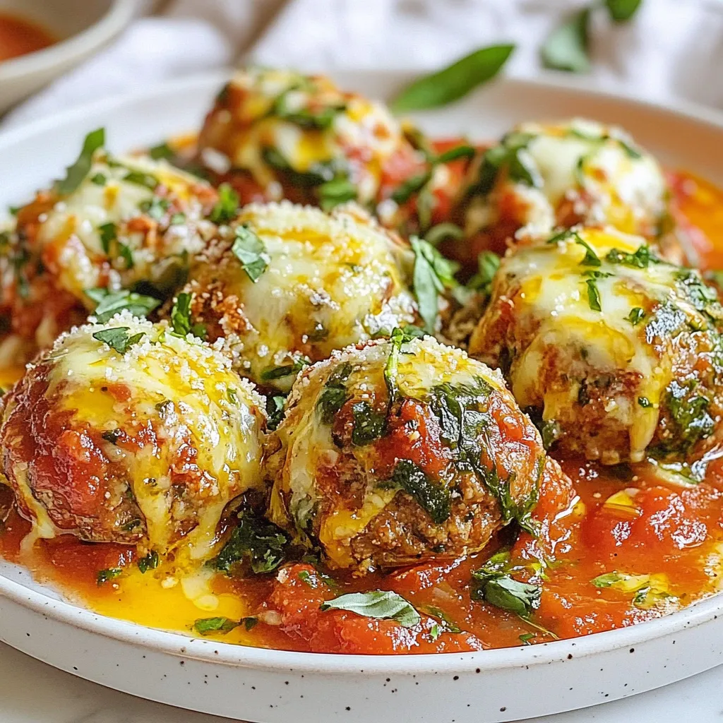 Die Hauptzutaten sind einfach und frisch. Sie benötigen: - 500 g Hackfleisch (Rind oder Pute) - 250 g frischer Spinat, fein gehackt - 250 g Mozzarella, gerieben - 125 g Semmelbrösel - 60 g Parmesan, gerieben - 1 großes Ei - 4 Knoblauchzehen, fein gehackt Diese Zutaten sorgen für einen vollen Geschmack und eine tolle Textur. Hackfleisch ist die Basis, während der Spinat viele Vitamine bietet. Mozzarella und Parmesan bringen eine köstliche Cremigkeit. Die Gewürze und Kräuter sind entscheidend für den Geschmack. Sie brauchen: - 1 Teelöffel getrockneter Oregano - 1 Teelöffel Salz - 1/2 Teelöffel schwarzer Pfeffer - 60 g frisches Basilikum, gehackt (optional) Oregano fügt eine schöne Kräuternote hinzu. Salz und Pfeffer bringen die Aromen zusammen. Frisches Basilikum kann das Gericht verfeinern und frische Akzente setzen. Die Marinara-Sauce ist ein Muss. Sie benötigen: - 500 ml Marinara-Sauce (zum Servieren) Diese Sauce ergänzt die Fleischbällchen perfekt. Sie sollte gut gewürzt sein, um den Geschmack zu heben. Servieren Sie die Fleischbällchen in der Sauce für ein köstliches Erlebnis. {{ingredient_image_2}} Heize den Ofen auf 200°C vor. Das ist wichtig, damit die Fleischbällchen gleichmäßig garen. Lege ein Backblech mit Backpapier aus. Dadurch bleiben die Fleischbällchen nicht kleben und die Reinigung wird einfacher. In einer großen Schüssel mische das Hackfleisch, den feingehackten Spinat und den geriebenen Mozzarella. Füge die Semmelbrösel und den Parmesan dazu. Jetzt kommen die gehackten Knoblauchzehen, das Ei, der Oregano, das Salz und der Pfeffer. Wenn du magst, kannst du auch frisches Basilikum hinzufügen. Mische die Zutaten mit deinen Händen. Sei vorsichtig, dass du sie nicht zu lange bearbeitest. Nimm 1-2 Esslöffel der Mischung und forme sie zu Kugeln. Die Kugeln sollten etwa 4 cm groß sein. Lege die geformten Bällchen gleichmäßig auf das Backblech. Schiebe das Blech in den Ofen und backe die Fleischbällchen für 18-20 Minuten. Sie sind fertig, wenn sie schön gebräunt sind. Während die Fleischbällchen im Ofen sind, erhitze die Marinara-Sauce in einem Topf bei mittlerer Hitze. Wenn die Bällchen fertig sind, lege sie in die Sauce. Lass sie 5-10 Minuten köcheln, damit sie die Aromen aufnehmen. Serviere die heißen Fleischbällchen in der Marinara-Sauce. Du kannst sie mit zusätzlichem Mozzarella oder frischem Basilikum garnieren, wenn du magst. Um die perfekte Konsistenz für die Fleischbällchen zu erreichen, achten Sie auf die Mischung. Zuerst verwenden Sie frischen Spinat, da er mehr Feuchtigkeit bringt. Dann mischen Sie alles nur leicht. Übermischen macht die Fleischbällchen zäh. Formen Sie gleichmäßige Kugeln von etwa 4 cm. So garen sie gleichmäßig und bleiben saftig. Die Wahl des Hackfleischs hat großen Einfluss auf den Geschmack. Für einen reichhaltigen Geschmack nehmen Sie Rinderhackfleisch. Wenn Sie eine leichtere Variante bevorzugen, nehmen Sie Putenhackfleisch. Beide Optionen sind lecker. Achten Sie darauf, Fleisch von guter Qualität zu wählen. So schmecken die Fleischbällchen besser und sind gesünder. Um den Geschmack zu verbessern, fügen Sie frische Kräuter hinzu. Basilikum oder Oregano verleihen Tiefe. Knoblauch ist auch wichtig. Er gibt einen tollen Geschmack. Verwenden Sie frischen Knoblauch, um das Aroma zu intensivieren. Wenn Sie es schärfer mögen, können Sie rote Pfefferflocken hinzufügen. Experimentieren Sie mit den Gewürzen, um Ihre perfekte Mischung zu finden. Pro Tipps Verwendung von frischem Spinat: Frischer Spinat verleiht den Fleischbällchen nicht nur Geschmack, sondern auch eine schöne Farbe. Stellen Sie sicher, dass Sie ihn gut abtropfen lassen, um überschüssige Feuchtigkeit zu vermeiden. Fleischbällchen nicht übermischen: Um zarte Fleischbällchen zu erhalten, mischen Sie die Zutaten nur so lange, bis sie gerade kombiniert sind. Zu viel Mischen kann die Textur beeinträchtigen. Variationen mit Kräutern: Experimentieren Sie mit verschiedenen Kräutern wie Thymian oder Petersilie, um den Geschmack Ihrer Fleischbällchen zu variieren und anzupassen. Vorbereitung im Voraus: Sie können die Fleischbällchen im Voraus zubereiten und im Kühlschrank aufbewahren. So sparen Sie Zeit, wenn Sie sie später backen möchten. Sie können sie auch einfrieren, um sie für einen späteren Zeitpunkt zu genießen. {{image_4}} Für eine leckere vegetarische Variante, tauschen Sie das Hackfleisch aus. Sie können Kichererbsen oder Linsen verwenden. Diese Hülsenfrüchte sind proteinreich und füllen gut. Mischen Sie sie mit den gleichen Zutaten wie im Rezept. Achten Sie darauf, die Kichererbsen oder Linsen gut zu pürieren. So bleibt die Mischung zusammen und wird schön fest. Wenn Sie es scharf mögen, fügen Sie etwas rote Paprika oder Cayennepfeffer hinzu. Ein Teelöffel reicht oft aus. Diese Gewürze geben den Fleischbällchen einen feurigen Kick. Sie können auch frische Chilis in die Mischung einarbeiten. Achten Sie darauf, die Schärfe nach Ihrem Geschmack anzupassen. Um die Käseliebe zu erweitern, probieren Sie verschiedene Käsesorten. Feta oder Ricotta können die Fleischbällchen besonders cremig machen. Für einen anderen Geschmack, mischen Sie geräucherten Käse ein. Das gibt den Bällchen eine tolle Tiefe. Denken Sie daran, die Käsemenge anzupassen, damit die Mischung nicht zu feucht wird. Um die Frische der Spinach Garlic Mozzarella Meatballs zu bewahren, lege die ungekochten Fleischbällchen in einen luftdichten Behälter. Stelle sicher, dass sie gut abgedeckt sind. So bleiben sie bis zu zwei Tage kühl im Kühlschrank. Gekochte Fleischbällchen halten sich bis zu fünf Tage. Achte darauf, sie vor dem Lagern vollständig abkühlen zu lassen. Das Einfrieren ist eine großartige Methode, um die Fleischbällchen länger frisch zu halten. Lege die ungekochten oder gekochten Fleischbällchen auf ein Backblech. Stelle sicher, dass sie sich nicht berühren. Friere sie für etwa zwei Stunden ein, bis sie fest sind. Danach kannst du sie in einen Gefrierbeutel umfüllen. So bleiben sie bis zu drei Monate haltbar. Beschrifte die Beutel mit dem Datum, um den Überblick zu behalten. Um die Fleischbällchen wieder zu erwärmen, gibt es einige Optionen. Du kannst sie in der Mikrowelle auf mittlerer Stufe für etwa zwei Minuten erhitzen. Für eine knusprige Textur lege sie in den Ofen. Heize den Ofen auf 180°C vor und backe die Fleischbällchen für 10-15 Minuten. Eine weitere Methode ist, sie in einer Pfanne mit etwas Marinara-Sauce bei niedriger Hitze zu erhitzen. So nehmen sie die Aromen auf und bleiben saftig. Ja, das geht! Gefrorener Spinat ist eine gute Wahl. Achte darauf, ihn vorher gut abzutropfen. So vermeidest du, dass die Mischung zu feucht wird. Gefrorener Spinat hat einen ähnlichen Geschmack und Nährwert wie frischer. Nutze etwa die gleiche Menge, also 250 g gefrorenen Spinat. Du kannst die Fleischbällchen in einem luftdichten Behälter im Kühlschrank aufbewahren. Sie halten sich dort bis zu drei Tage. Wenn du sie länger aufbewahren möchtest, friere sie ein. In einem geeigneten Behälter halten sie sich bis zu drei Monate. So hast du immer einen schnellen Snack zur Hand. Diese Fleischbällchen passen gut zu vielen Beilagen. Hier sind einige Ideen: - Pasta oder Spaghetti - Reis oder Quinoa - Ein frischer Salat - Baguette oder knuspriges Brot Diese Beilagen ergänzen die Aromen der Fleischbällchen wunderbar. Experimentiere mit verschiedenen Kombinationen! Fleischbällchen sind einfach zuzubereiten und vielseitig einsetzbar. Du hast gelernt, welche Zutaten wichtig sind, von der perfekten Fleischbällchenmischung bis zur idealen Marinara-Sauce. Tipps für die beste Konsistenz und verschiedene Variationen bieten dir neue Ideen. Denke daran, wie du sie richtig lagerst oder einfrierst. Mit diesen Informationen kannst du köstliche Fleischbällchen zaubern. Probiere verschiedene Aspekte aus und finde deine Lieblingsversion. Kochen macht Spaß und ich hoffe, du genießt jede Bissen!