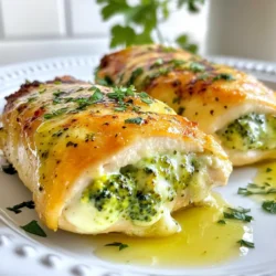 Für dieses leckere Gericht brauchen Sie: - 4 Hähnchenbrüste ohne Knochen und Haut - 1 Tasse frischen Brokkoli, fein gehackt - 1 Tasse Frischkäse, erweicht - 1/2 Tasse geriebener Cheddar-Käse - 1/4 Tasse geriebener Parmesan-Käse - 2 Knoblauchzehen, fein gehackt Diese Zutaten machen das Gericht einfach und schmackhaft. Der frische Brokkoli gibt eine schöne Farbe und einen tollen Geschmack. Für die Würze verwenden Sie: - 1 Teelöffel Zwiebelpulver - Salz und Pfeffer nach Geschmack - 2 Esslöffel Olivenöl - 1 Teelöffel Paprika Diese Gewürze bringen den Geschmack wirklich zur Geltung. Das Olivenöl hilft beim Braten und macht das Hähnchen saftig. Hier sind einige Ideen für frische Zutaten, die Sie hinzufügen können: - Frische Kräuter wie Petersilie oder Basilikum - Spinat für zusätzlichen Nährwert - Gewürze wie Oregano oder Thymian Diese frischen Zutaten können das Gericht noch besser machen. Sie bringen mehr Geschmack und Farbe in Ihre gefüllte Hähnchenbrust. {{ingredient_image_2}} Zuerst bereite ich die Füllung vor. Ich nehme eine große Schüssel und gebe den fein gehackten Brokkoli hinein. Dann füge ich den erweichten Frischkäse, den geriebenen Cheddar-Käse und den Parmesan-Käse hinzu. Danach kommen die gehackten Knoblauchzehen, das Zwiebelpulver, Salz und Pfeffer dazu. Ich rühre alles gut um, bis die Mischung schön cremig ist. Es ist wichtig, dass alles gut vermischt ist, damit der Geschmack gleichmäßig ist. Jetzt kommt der spannende Teil: die Hähnchenbrüste vorbereiten. Ich nehme die Brüsten und mache mit einem scharfen Messer eine Tasche. Dabei achte ich darauf, nicht ganz durchzuschneiden. Diese Tasche fülle ich dann mit der Brokkolimischung. Um sicherzustellen, dass die Füllung nicht herausfällt, benutze ich Zahnstochern, um die Öffnung zu fixieren. Das macht das Hähnchen noch leckerer und saftiger. Jetzt ist es Zeit zu kochen. Ich heize den Ofen auf 190°C vor. In einer großen, ofenfesten Pfanne erhitze ich das Olivenöl bei mittlerer bis hoher Hitze. Sobald das Öl heiß ist, lege ich die gefüllten Hähnchenbrüste in die Pfanne. Ich brate sie etwa 4-5 Minuten auf jeder Seite, bis sie goldbraun sind. Danach stelle ich die Pfanne in den heißen Ofen und backe das Hähnchen für 20-25 Minuten. Ich achte darauf, dass das Hähnchen eine Kerntemperatur von 74°C erreicht, damit es gut durch ist. Nach dem Backen lasse ich das Hähnchen einige Minuten ruhen, bevor ich es aufschneide. So bleibt der Saft im Hähnchen. Um das beste Ergebnis zu erzielen, ist die Temperatur entscheidend. Heize den Ofen auf 190°C vor. Diese Temperatur sorgt dafür, dass das Hähnchen gleichmäßig gart. Achte darauf, die Hähnchenbrust nach dem Anbraten im Ofen für 20 bis 25 Minuten zu backen. Die Kerntemperatur sollte mindestens 74°C erreichen. So bleibt das Hähnchen saftig. Trockenheit im Hähnchen kann frustrierend sein. Um das zu vermeiden, fülle die Hähnchenbrust gut mit der Brokkolimischung. Der Frischkäse sorgt für Feuchtigkeit. Auch das Anbraten vor dem Backen hilft, die Säfte zu versiegeln. Lass das Hähnchen nach dem Backen einige Minuten ruhen. So verteilt sich der Saft besser im Fleisch. Die Art der Präsentation macht viel aus. Serviere die gefüllten Hähnchenbruststücke auf einer großen Platte. Beträufle sie mit etwas Olivenöl. Ein Hauch frischer Petersilie bringt Farbe ins Spiel. Kombiniere das Gericht mit geröstetem Gemüse oder einem einfachen Salat. Diese Beilagen machen dein Essen noch leckerer und gesünder. Pro Tipps Hähnchenbrust richtig vorbereiten: Achten Sie darauf, die Hähnchenbrust gleichmäßig zu schneiden, um eine gleichmäßige Garzeit zu gewährleisten. Würzen für mehr Geschmack: Lassen Sie die gefüllten Hähnchenbruststücke nach dem Würzen mindestens 15 Minuten ruhen, damit die Gewürze besser einziehen können. Variationen der Füllung: Experimentieren Sie mit verschiedenen Käsesorten oder fügen Sie gewürfelte Paprika oder Spinat zur Füllung hinzu, um Abwechslung zu schaffen. Ruhen lassen: Lassen Sie die gefüllten Hähnchenbrüste nach dem Backen einige Minuten ruhen, damit die Säfte sich setzen können und das Fleisch saftiger bleibt. {{image_4}} Wenn du Abwechslung suchst, probiere verschiedene Füllungen. Statt Brokkoli kannst du Spinat oder Paprika verwenden. Auch Pilze sind eine tolle Wahl. Sie geben deinem Gericht einen neuen Geschmack. Du kannst auch Quinoa oder Reis hinzufügen. Diese Optionen machen das Gericht nahrhafter. Die Käsesorten können viel ausmachen. Anstelle von Cheddar kannst du Mozzarella nehmen. Mozzarella schmilzt gut und macht das Gericht cremig. Feta-Käse bringt einen salzigen Geschmack. Du kannst auch eine Mischung aus verschiedenen Käsesorten ausprobieren. So erhältst du mehr Tiefe im Geschmack. Wenn du gesünder essen möchtest, wähle Vollkorn-Hähnchenbrust. Diese Option hat mehr Ballaststoffe. Für glutenfreie Varianten kannst du glutenfreies Brot für die Füllung nutzen. So bleibt das Gericht lecker und passt zu deinen Bedürfnissen. Achte immer auf die Zutaten, um sicherzustellen, dass sie zu deinem Diätplan passen. Nach dem Kochen ist es wichtig, die Reste richtig zu kühlen. Lassen Sie die gefüllten Hähnchenbruststücke zuerst auf Raumtemperatur abkühlen. Wickeln Sie die Reste dann in Frischhaltefolie oder legen Sie sie in einen luftdichten Behälter. So bleiben sie frisch. Im Kühlschrank halten sich die Reste bis zu drei Tage. Wenn Sie die gefüllten Hähnchenbruststücke länger aufbewahren möchten, frieren Sie sie ein. Lassen Sie sie abkühlen, bevor Sie sie einpacken. Wickeln Sie jede Stück einzeln in Folie. Legen Sie sie dann in einen gefrierfesten Beutel. So bleibt der Geschmack erhalten. Im Gefrierschrank sind sie bis zu drei Monate haltbar. Um die Reste aufzuwärmen, verwenden Sie den Ofen. Heizen Sie ihn auf 180°C vor. Legen Sie die gefüllten Hähnchenbruststücke in eine Auflaufform. Decken Sie die Form mit Alufolie ab. Dies hilft, das Hähnchen saftig zu halten. Backen Sie die Reste für etwa 20 Minuten oder bis sie durchgewärmt sind. Vermeiden Sie die Mikrowelle, da sie das Hähnchen trocken machen kann. Es dauert nur etwa 15 Minuten, um die Hähnchenbrust zu füllen. Zuerst musst du die Füllung zubereiten. Das geht schnell und einfach. Danach schneidest du die Taschen in die Hähnchenbrüste. Diese Schritte sind ganz leicht. Ja, du kannst frischen Brokkoli verwenden. Frischer Brokkoli hat einen tollen Geschmack. Achte darauf, ihn fein zu hacken. So bleibt die Füllung gleichmäßig und lecker. Gefrorener Brokkoli funktioniert auch, aber frischer gibt mehr Biss. Es gibt viele gute Beilagen. Gegrilltes Gemüse ist eine tolle Wahl. Auch ein einfacher Salat passt gut. Du kannst auch Reis oder Quinoa servieren. Diese Beilagen ergänzen das Gericht perfekt. Die Zubereitung von brokkoli gefüllter Hähnchenbrust ist einfach und lecker. Wir haben die Hauptzutaten und Gewürze besprochen. Danach haben wir die Schritt-für-Schritt-Anleitung für die Zubereitung gegeben. Tipps zur Vermeidung von Trockenheit und zur besten Präsentation machen das Gericht besonders. Es gibt auch viele Variationen, um es nach deinem Geschmack anzupassen. Denke daran, wie man Reste richtig lagert, damit der Geschmack bleibt. Viel Spaß beim Kochen und Genießen!