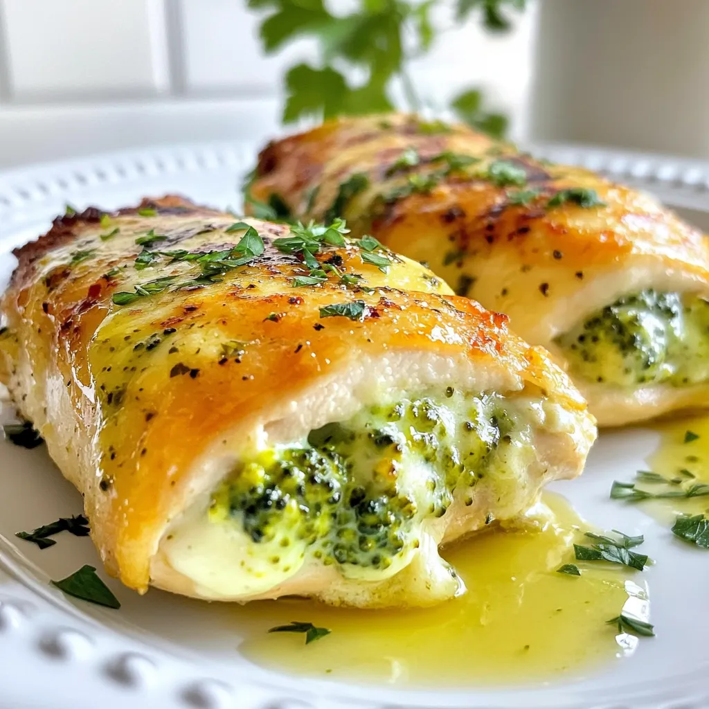 Für dieses leckere Gericht brauchen Sie: - 4 Hähnchenbrüste ohne Knochen und Haut - 1 Tasse frischen Brokkoli, fein gehackt - 1 Tasse Frischkäse, erweicht - 1/2 Tasse geriebener Cheddar-Käse - 1/4 Tasse geriebener Parmesan-Käse - 2 Knoblauchzehen, fein gehackt Diese Zutaten machen das Gericht einfach und schmackhaft. Der frische Brokkoli gibt eine schöne Farbe und einen tollen Geschmack. Für die Würze verwenden Sie: - 1 Teelöffel Zwiebelpulver - Salz und Pfeffer nach Geschmack - 2 Esslöffel Olivenöl - 1 Teelöffel Paprika Diese Gewürze bringen den Geschmack wirklich zur Geltung. Das Olivenöl hilft beim Braten und macht das Hähnchen saftig. Hier sind einige Ideen für frische Zutaten, die Sie hinzufügen können: - Frische Kräuter wie Petersilie oder Basilikum - Spinat für zusätzlichen Nährwert - Gewürze wie Oregano oder Thymian Diese frischen Zutaten können das Gericht noch besser machen. Sie bringen mehr Geschmack und Farbe in Ihre gefüllte Hähnchenbrust. {{ingredient_image_2}} Zuerst bereite ich die Füllung vor. Ich nehme eine große Schüssel und gebe den fein gehackten Brokkoli hinein. Dann füge ich den erweichten Frischkäse, den geriebenen Cheddar-Käse und den Parmesan-Käse hinzu. Danach kommen die gehackten Knoblauchzehen, das Zwiebelpulver, Salz und Pfeffer dazu. Ich rühre alles gut um, bis die Mischung schön cremig ist. Es ist wichtig, dass alles gut vermischt ist, damit der Geschmack gleichmäßig ist. Jetzt kommt der spannende Teil: die Hähnchenbrüste vorbereiten. Ich nehme die Brüsten und mache mit einem scharfen Messer eine Tasche. Dabei achte ich darauf, nicht ganz durchzuschneiden. Diese Tasche fülle ich dann mit der Brokkolimischung. Um sicherzustellen, dass die Füllung nicht herausfällt, benutze ich Zahnstochern, um die Öffnung zu fixieren. Das macht das Hähnchen noch leckerer und saftiger. Jetzt ist es Zeit zu kochen. Ich heize den Ofen auf 190°C vor. In einer großen, ofenfesten Pfanne erhitze ich das Olivenöl bei mittlerer bis hoher Hitze. Sobald das Öl heiß ist, lege ich die gefüllten Hähnchenbrüste in die Pfanne. Ich brate sie etwa 4-5 Minuten auf jeder Seite, bis sie goldbraun sind. Danach stelle ich die Pfanne in den heißen Ofen und backe das Hähnchen für 20-25 Minuten. Ich achte darauf, dass das Hähnchen eine Kerntemperatur von 74°C erreicht, damit es gut durch ist. Nach dem Backen lasse ich das Hähnchen einige Minuten ruhen, bevor ich es aufschneide. So bleibt der Saft im Hähnchen. Um das beste Ergebnis zu erzielen, ist die Temperatur entscheidend. Heize den Ofen auf 190°C vor. Diese Temperatur sorgt dafür, dass das Hähnchen gleichmäßig gart. Achte darauf, die Hähnchenbrust nach dem Anbraten im Ofen für 20 bis 25 Minuten zu backen. Die Kerntemperatur sollte mindestens 74°C erreichen. So bleibt das Hähnchen saftig. Trockenheit im Hähnchen kann frustrierend sein. Um das zu vermeiden, fülle die Hähnchenbrust gut mit der Brokkolimischung. Der Frischkäse sorgt für Feuchtigkeit. Auch das Anbraten vor dem Backen hilft, die Säfte zu versiegeln. Lass das Hähnchen nach dem Backen einige Minuten ruhen. So verteilt sich der Saft besser im Fleisch. Die Art der Präsentation macht viel aus. Serviere die gefüllten Hähnchenbruststücke auf einer großen Platte. Beträufle sie mit etwas Olivenöl. Ein Hauch frischer Petersilie bringt Farbe ins Spiel. Kombiniere das Gericht mit geröstetem Gemüse oder einem einfachen Salat. Diese Beilagen machen dein Essen noch leckerer und gesünder. Pro Tipps Hähnchenbrust richtig vorbereiten: Achten Sie darauf, die Hähnchenbrust gleichmäßig zu schneiden, um eine gleichmäßige Garzeit zu gewährleisten. Würzen für mehr Geschmack: Lassen Sie die gefüllten Hähnchenbruststücke nach dem Würzen mindestens 15 Minuten ruhen, damit die Gewürze besser einziehen können. Variationen der Füllung: Experimentieren Sie mit verschiedenen Käsesorten oder fügen Sie gewürfelte Paprika oder Spinat zur Füllung hinzu, um Abwechslung zu schaffen. Ruhen lassen: Lassen Sie die gefüllten Hähnchenbrüste nach dem Backen einige Minuten ruhen, damit die Säfte sich setzen können und das Fleisch saftiger bleibt. {{image_4}} Wenn du Abwechslung suchst, probiere verschiedene Füllungen. Statt Brokkoli kannst du Spinat oder Paprika verwenden. Auch Pilze sind eine tolle Wahl. Sie geben deinem Gericht einen neuen Geschmack. Du kannst auch Quinoa oder Reis hinzufügen. Diese Optionen machen das Gericht nahrhafter. Die Käsesorten können viel ausmachen. Anstelle von Cheddar kannst du Mozzarella nehmen. Mozzarella schmilzt gut und macht das Gericht cremig. Feta-Käse bringt einen salzigen Geschmack. Du kannst auch eine Mischung aus verschiedenen Käsesorten ausprobieren. So erhältst du mehr Tiefe im Geschmack. Wenn du gesünder essen möchtest, wähle Vollkorn-Hähnchenbrust. Diese Option hat mehr Ballaststoffe. Für glutenfreie Varianten kannst du glutenfreies Brot für die Füllung nutzen. So bleibt das Gericht lecker und passt zu deinen Bedürfnissen. Achte immer auf die Zutaten, um sicherzustellen, dass sie zu deinem Diätplan passen. Nach dem Kochen ist es wichtig, die Reste richtig zu kühlen. Lassen Sie die gefüllten Hähnchenbruststücke zuerst auf Raumtemperatur abkühlen. Wickeln Sie die Reste dann in Frischhaltefolie oder legen Sie sie in einen luftdichten Behälter. So bleiben sie frisch. Im Kühlschrank halten sich die Reste bis zu drei Tage. Wenn Sie die gefüllten Hähnchenbruststücke länger aufbewahren möchten, frieren Sie sie ein. Lassen Sie sie abkühlen, bevor Sie sie einpacken. Wickeln Sie jede Stück einzeln in Folie. Legen Sie sie dann in einen gefrierfesten Beutel. So bleibt der Geschmack erhalten. Im Gefrierschrank sind sie bis zu drei Monate haltbar. Um die Reste aufzuwärmen, verwenden Sie den Ofen. Heizen Sie ihn auf 180°C vor. Legen Sie die gefüllten Hähnchenbruststücke in eine Auflaufform. Decken Sie die Form mit Alufolie ab. Dies hilft, das Hähnchen saftig zu halten. Backen Sie die Reste für etwa 20 Minuten oder bis sie durchgewärmt sind. Vermeiden Sie die Mikrowelle, da sie das Hähnchen trocken machen kann. Es dauert nur etwa 15 Minuten, um die Hähnchenbrust zu füllen. Zuerst musst du die Füllung zubereiten. Das geht schnell und einfach. Danach schneidest du die Taschen in die Hähnchenbrüste. Diese Schritte sind ganz leicht. Ja, du kannst frischen Brokkoli verwenden. Frischer Brokkoli hat einen tollen Geschmack. Achte darauf, ihn fein zu hacken. So bleibt die Füllung gleichmäßig und lecker. Gefrorener Brokkoli funktioniert auch, aber frischer gibt mehr Biss. Es gibt viele gute Beilagen. Gegrilltes Gemüse ist eine tolle Wahl. Auch ein einfacher Salat passt gut. Du kannst auch Reis oder Quinoa servieren. Diese Beilagen ergänzen das Gericht perfekt. Die Zubereitung von brokkoli gefüllter Hähnchenbrust ist einfach und lecker. Wir haben die Hauptzutaten und Gewürze besprochen. Danach haben wir die Schritt-für-Schritt-Anleitung für die Zubereitung gegeben. Tipps zur Vermeidung von Trockenheit und zur besten Präsentation machen das Gericht besonders. Es gibt auch viele Variationen, um es nach deinem Geschmack anzupassen. Denke daran, wie man Reste richtig lagert, damit der Geschmack bleibt. Viel Spaß beim Kochen und Genießen!