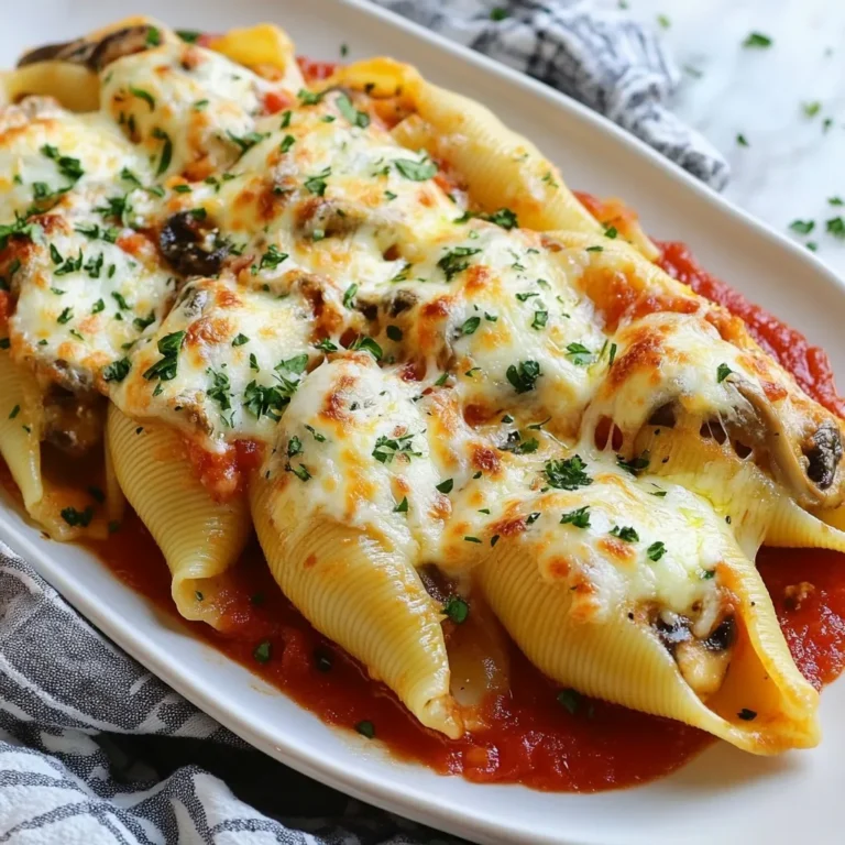 - 20 Jumbo-Pasta-Muscheln - 2 Tassen Champignons, fein gehackt (z. B. Cremini oder weiße Champignons) - 4 Knoblauchzehen, gehackt - 1 Tasse Ricotta-Käse - 1 Tasse Mozzarella-Käse, gerieben - 1/2 Tasse Parmesan-Käse, gerieben - 1 Ei, leicht geschlagen - 2 Esslöffel frische Petersilie, gehackt - 1 Teelöffel getrockneter italienischer Gewürzmix - Salz und Pfeffer nach Geschmack - 2 Tassen Marinara-Soße - Olivenöl zum Braten Um die perfekten Garlic Mushroom Stuffed Shells zu machen, brauchen Sie einige einfache Zutaten. Jumbo-Pasta-Muscheln sind die Basis. Diese großen Muscheln halten die Füllung gut. Dann kommen die Champignons. Ich empfehle, Cremini oder weiße Champignons zu nutzen. Sie geben viel Geschmack. Knoblauch ist ein Muss. Er macht die Füllung aromatisch und lecker. Für die cremige Textur verwenden wir Ricotta-Käse. Mozzarella und Parmesan sorgen für das köstliche Käse-Erlebnis. Das Ei bindet alles zusammen. Frische Petersilie verleiht Farbe und einen frischen Geschmack. Italienische Gewürze bringen die Aromen zum Leben. Salz und Pfeffer runden das Ganze ab. Vergessen Sie nicht die Marinara-Soße. Sie macht das Gericht saftig und geschmackvoll. Olivenöl ist perfekt zum Braten der Pilze. Mit diesen Zutaten sind Sie bereit, ein köstliches Gericht zu kreieren! {{ingredient_image_2}} Heize zuerst den Ofen auf 190°C vor. Das ist wichtig, damit die Muscheln gleichmäßig garen. Koche dann 20 Jumbo-Pasta-Muscheln in einem großen Topf mit Salzwasser. Beachte die Anleitung auf der Verpackung. Die Muscheln sollten al dente sein. Nach dem Kochen gieße das Wasser ab und lasse die Muscheln kurz abkühlen. Gib 2 Esslöffel Olivenöl in eine große Pfanne bei mittlerer Hitze. Füge 2 Tassen fein gehackte Champignons hinzu. Brate sie 5-7 Minuten, bis sie weich sind. Der Wasseranteil sollte verdampfen. Dann füge 4 gehackte Knoblauchzehen hinzu. Brate sie 1-2 Minuten, bis sie duften. Nimm die Pfanne vom Herd und lasse die Mischung etwas abkühlen. In einer großen Schüssel mische nun den Ricotta-Käse, die Hälfte des Mozzarellas und Parmesans, ein leicht geschlagenes Ei, die Pilz-Knoblauch-Mischung, 2 Esslöffel frische Petersilie, 1 Teelöffel italienische Gewürze sowie Salz und Pfeffer. Rühre alles gut um, bis es gleichmäßig vermischt ist. Nimm eine gekochte Pasta-Muschel und fülle sie vorsichtig mit der Mischung. Lege die gefüllten Muscheln in eine große Auflaufform in einer einzigen Schicht. Verteile 2 Tassen Marinara-Soße gleichmäßig über den Muscheln. Bestreue sie mit dem restlichen Mozzarella und Parmesan. Decke die Form mit Aluminiumfolie ab. Achte darauf, dass die Folie den Käse nicht berührt. Backe die Muscheln 20 Minuten lang. Entferne dann die Folie und backe sie weitere 10-15 Minuten. Der Käse sollte sprudelnd und goldbraun sein. Lass die Muscheln vor dem Servieren einige Minuten abkühlen. - Richtiges Kochen der Pasta Kochen Sie die Jumbo-Pasta-Muscheln nur bis sie al dente sind. Das gibt ihnen die perfekte Festigkeit. Wenn sie zu weich sind, brechen sie beim Füllen. Lassen Sie die Muscheln nach dem Kochen kurz abkühlen. - Füllung gleichmäßig verteilen Verteilen Sie die Füllung gleichmäßig in jeder Muschel. Verwenden Sie einen Löffel, um sicherzustellen, dass jede Muschel gut gefüllt ist. So schmecken die Muscheln gleichmäßig lecker. - Anrichten und Garnieren Servieren Sie die gefüllten Muscheln auf einem großen, flachen Teller. Streuen Sie frische, gehackte Petersilie darüber. Ein Spritzer Olivenöl sorgt für Glanz und Geschmack. - Serviervorschläge Pairen Sie die Muscheln mit einem frischen grünen Salat. Ein knuspriges Brot passt auch gut dazu. Die Kombination macht das Gericht noch besser. Pro Tipps Frische Kräuter verwenden: Verwenden Sie frische Petersilie oder Basilikum für einen intensiveren Geschmack. Sie verleihen den Muscheln eine frische Note. Variationen der Füllung: Experimentieren Sie mit anderen Gemüsesorten wie Spinat oder Zucchini in der Füllung, um neue Geschmacksrichtungen zu entdecken. Käse-Mischung: Für einen noch reichhaltigeren Geschmack können Sie verschiedene Käsesorten wie Feta oder Gouda hinzufügen. Vorbereitung im Voraus: Bereiten Sie die gefüllten Muscheln einen Tag im Voraus vor und stellen Sie sie im Kühlschrank kalt. Backen Sie sie dann vor dem Servieren einfach auf. {{image_4}} Vegetarische Optionen Für eine vegetarische Füllung können Sie auch Spinat und Ricotta verwenden. Diese Kombination schmeckt köstlich und ist nahrhaft. Fügen Sie etwas geröstete Paprika für mehr Geschmack hinzu. Eine andere tolle Option ist die Verwendung von Zucchini und Feta. Diese Füllung bringt eine frische Note in das Gericht. Fleischige Varianten Wenn Sie Fleisch mögen, probieren Sie eine Füllung mit Hackfleisch. Rinderhackfleisch oder Hähnchen sind beide lecker. Braten Sie das Fleisch mit Zwiebeln und Knoblauch an. Fügen Sie dann die Pilze hinzu, um die Aromen zu verbinden. Eine andere Möglichkeit ist, Wurstfleisch zu verwenden. Es gibt viele Geschmäcker, die Sie ausprobieren können. Verwendung von glutenfreien Pasta-Alternativen Für eine glutenfreie Version verwenden Sie glutenfreie Pasta-Muscheln. Diese sind in vielen Geschäften erhältlich. Achten Sie darauf, beim Kochen die Anweisungen auf der Verpackung zu befolgen. So stellen Sie sicher, dass die Muscheln die perfekte Konsistenz haben. Glutenfreie Alternativen sind oft ebenso schmackhaft wie die traditionellen Sorten. Hausgemachte Marinara-Soße Eine hausgemachte Marinara-Soße ist einfach und lecker. Verwenden Sie frische Tomaten oder Dosentomaten. Kochen Sie sie mit Knoblauch, Zwiebeln und Basilikum. Das gibt der Soße viel Geschmack. Sie können die Soße auch pürieren, wenn Sie sie glatt mögen. Alternativen zu Tomatensoße Wenn Sie keine Tomatensoße mögen, probieren Sie eine Bechamelsauce. Diese cremige Sauce passt gut zu den gefüllten Muscheln. Sie können auch eine Pesto-Sauce verwenden, um einen frischen und würzigen Geschmack zu erhalten. Diese Alternativen machen Ihr Gericht noch interessanter. Wenn du Reste von den gefüllten Muscheln hast, kühl sie schnell ab. Lege sie in einen luftdichten Behälter. Du kannst die gefüllten Muscheln bis zu drei Tage im Kühlschrank aufbewahren. Wenn du sie länger aufbewahren willst, friere sie ein. Stelle sicher, dass du sie in einem gefriersicheren Behälter lagerst. So bleiben sie bis zu drei Monate frisch. Um die gefüllten Muscheln wieder aufzuwärmen, gibt es einfache Methoden. - Mikrowelle: Lege die Muscheln auf einen mikrowellengeeigneten Teller. Bedecke sie mit einem feuchten Papiertuch. Erhitze sie in Intervallen von 1-2 Minuten, bis sie warm sind. - Ofen: Heize den Ofen auf 180°C vor. Lege die Muscheln in eine Auflaufform und füge etwas Marinara-Soße hinzu. Bedecke die Form mit Folie und backe sie 15-20 Minuten. So bleiben die Muscheln saftig und lecker. Diese Methoden helfen dir, die volle Geschmackstiefe der gefüllten Muscheln zu bewahren. Gefüllte Muscheln halten sich gut im Kühlschrank. Lagern Sie sie in einem luftdichten Behälter. So bleiben sie frisch für etwa drei bis fünf Tage. Sie können sie auch einfrieren. Im Gefrierschrank bleiben sie bis zu drei Monate genießbar. Achten Sie darauf, die Muscheln vor dem Einfrieren gut zu verpacken. Ja, Sie können andere Käsesorten verwenden. Feta oder Gouda sind tolle Alternativen. Sie bringen neuen Geschmack in das Gericht. Experimentieren Sie mit verschiedenen Käsesorten, um Ihre perfekte Mischung zu finden. Achten Sie darauf, dass der Käse gut schmilzt, um die beste Textur zu erzielen. Ja, Sie können die Muscheln im Voraus zubereiten. Füllen Sie die Muscheln und lagern Sie sie im Kühlschrank. Sie können sie bis zu 24 Stunden vor dem Backen vorbereiten. Dies spart Zeit, wenn Sie Gäste haben oder ein schnelles Abendessen möchten. Backen Sie sie einfach, wenn Sie bereit sind. Zu gefüllten Muscheln passen viele Beilagen. Ein einfacher grüner Salat ist eine gute Wahl. Auch Knoblauchbrot ist beliebt und ergänzt den Geschmack. Wenn Sie etwas Herzhaftes wollen, versuchen Sie geröstetes Gemüse. Diese Beilagen machen Ihr Gericht noch abwechslungsreicher und leckerer. In diesem Blogbeitrag haben wir die Zutaten, die Zubereitung und die besten Tipps für gefüllte Pasta-Muscheln besprochen. Ich habe erklärt, wie Sie die Füllung herstellen und die Muscheln backen. Variationen wie vegetarische Optionen und glutenfreie Alternativen bieten noch mehr Möglichkeiten. Denken Sie daran, Ihre Restbestände richtig zu lagern und aufzuwärmen. Egal, ob für ein schnelles Abendessen oder eine Feier, gefüllte Muscheln sind eine tolle Wahl. Probieren Sie es aus und genießen Sie Ihr Gericht!