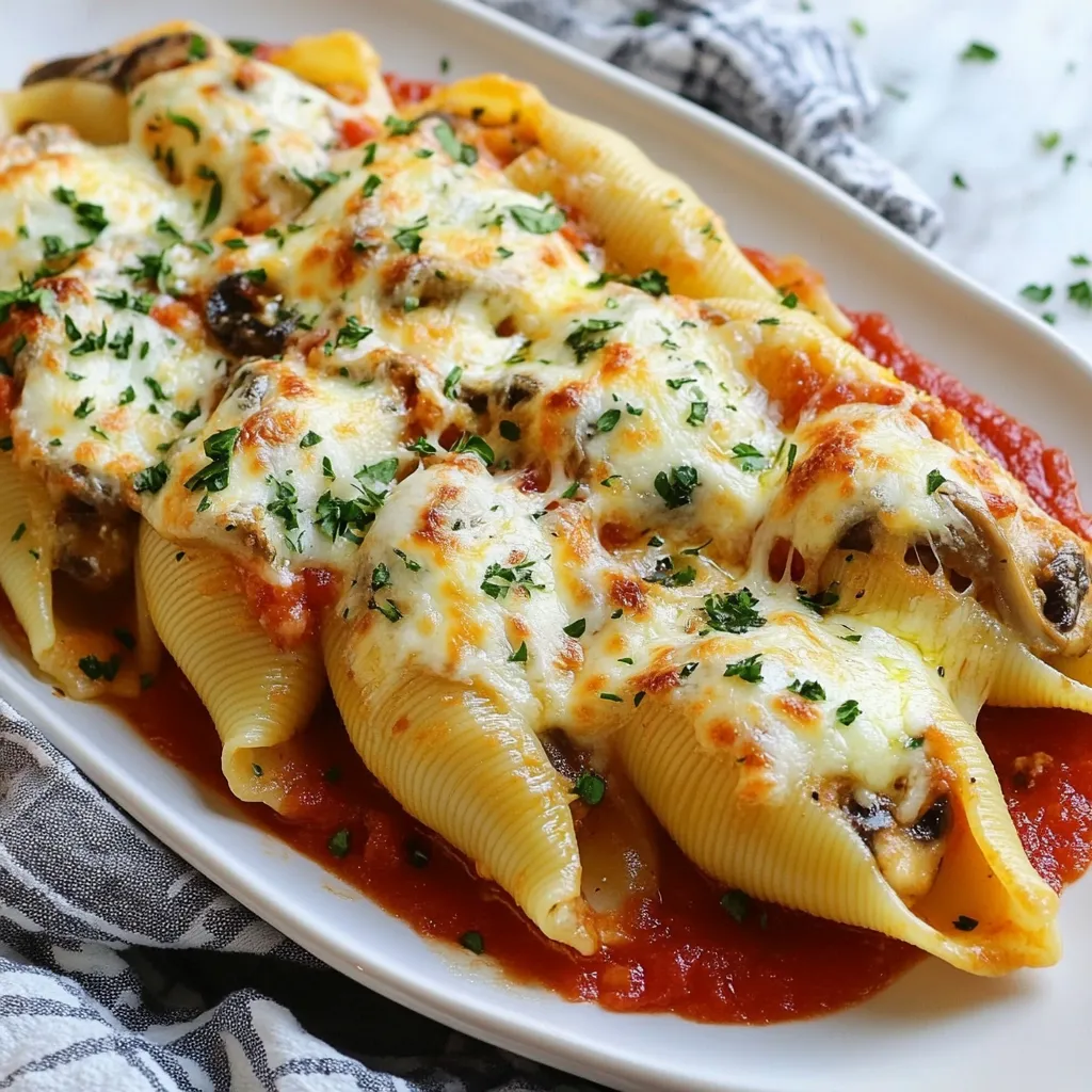 - 20 Jumbo-Pasta-Muscheln - 2 Tassen Champignons, fein gehackt (z. B. Cremini oder weiße Champignons) - 4 Knoblauchzehen, gehackt - 1 Tasse Ricotta-Käse - 1 Tasse Mozzarella-Käse, gerieben - 1/2 Tasse Parmesan-Käse, gerieben - 1 Ei, leicht geschlagen - 2 Esslöffel frische Petersilie, gehackt - 1 Teelöffel getrockneter italienischer Gewürzmix - Salz und Pfeffer nach Geschmack - 2 Tassen Marinara-Soße - Olivenöl zum Braten Um die perfekten Garlic Mushroom Stuffed Shells zu machen, brauchen Sie einige einfache Zutaten. Jumbo-Pasta-Muscheln sind die Basis. Diese großen Muscheln halten die Füllung gut. Dann kommen die Champignons. Ich empfehle, Cremini oder weiße Champignons zu nutzen. Sie geben viel Geschmack. Knoblauch ist ein Muss. Er macht die Füllung aromatisch und lecker. Für die cremige Textur verwenden wir Ricotta-Käse. Mozzarella und Parmesan sorgen für das köstliche Käse-Erlebnis. Das Ei bindet alles zusammen. Frische Petersilie verleiht Farbe und einen frischen Geschmack. Italienische Gewürze bringen die Aromen zum Leben. Salz und Pfeffer runden das Ganze ab. Vergessen Sie nicht die Marinara-Soße. Sie macht das Gericht saftig und geschmackvoll. Olivenöl ist perfekt zum Braten der Pilze. Mit diesen Zutaten sind Sie bereit, ein köstliches Gericht zu kreieren! {{ingredient_image_2}} Heize zuerst den Ofen auf 190°C vor. Das ist wichtig, damit die Muscheln gleichmäßig garen. Koche dann 20 Jumbo-Pasta-Muscheln in einem großen Topf mit Salzwasser. Beachte die Anleitung auf der Verpackung. Die Muscheln sollten al dente sein. Nach dem Kochen gieße das Wasser ab und lasse die Muscheln kurz abkühlen. Gib 2 Esslöffel Olivenöl in eine große Pfanne bei mittlerer Hitze. Füge 2 Tassen fein gehackte Champignons hinzu. Brate sie 5-7 Minuten, bis sie weich sind. Der Wasseranteil sollte verdampfen. Dann füge 4 gehackte Knoblauchzehen hinzu. Brate sie 1-2 Minuten, bis sie duften. Nimm die Pfanne vom Herd und lasse die Mischung etwas abkühlen. In einer großen Schüssel mische nun den Ricotta-Käse, die Hälfte des Mozzarellas und Parmesans, ein leicht geschlagenes Ei, die Pilz-Knoblauch-Mischung, 2 Esslöffel frische Petersilie, 1 Teelöffel italienische Gewürze sowie Salz und Pfeffer. Rühre alles gut um, bis es gleichmäßig vermischt ist. Nimm eine gekochte Pasta-Muschel und fülle sie vorsichtig mit der Mischung. Lege die gefüllten Muscheln in eine große Auflaufform in einer einzigen Schicht. Verteile 2 Tassen Marinara-Soße gleichmäßig über den Muscheln. Bestreue sie mit dem restlichen Mozzarella und Parmesan. Decke die Form mit Aluminiumfolie ab. Achte darauf, dass die Folie den Käse nicht berührt. Backe die Muscheln 20 Minuten lang. Entferne dann die Folie und backe sie weitere 10-15 Minuten. Der Käse sollte sprudelnd und goldbraun sein. Lass die Muscheln vor dem Servieren einige Minuten abkühlen. - Richtiges Kochen der Pasta Kochen Sie die Jumbo-Pasta-Muscheln nur bis sie al dente sind. Das gibt ihnen die perfekte Festigkeit. Wenn sie zu weich sind, brechen sie beim Füllen. Lassen Sie die Muscheln nach dem Kochen kurz abkühlen. - Füllung gleichmäßig verteilen Verteilen Sie die Füllung gleichmäßig in jeder Muschel. Verwenden Sie einen Löffel, um sicherzustellen, dass jede Muschel gut gefüllt ist. So schmecken die Muscheln gleichmäßig lecker. - Anrichten und Garnieren Servieren Sie die gefüllten Muscheln auf einem großen, flachen Teller. Streuen Sie frische, gehackte Petersilie darüber. Ein Spritzer Olivenöl sorgt für Glanz und Geschmack. - Serviervorschläge Pairen Sie die Muscheln mit einem frischen grünen Salat. Ein knuspriges Brot passt auch gut dazu. Die Kombination macht das Gericht noch besser. Pro Tipps Frische Kräuter verwenden: Verwenden Sie frische Petersilie oder Basilikum für einen intensiveren Geschmack. Sie verleihen den Muscheln eine frische Note. Variationen der Füllung: Experimentieren Sie mit anderen Gemüsesorten wie Spinat oder Zucchini in der Füllung, um neue Geschmacksrichtungen zu entdecken. Käse-Mischung: Für einen noch reichhaltigeren Geschmack können Sie verschiedene Käsesorten wie Feta oder Gouda hinzufügen. Vorbereitung im Voraus: Bereiten Sie die gefüllten Muscheln einen Tag im Voraus vor und stellen Sie sie im Kühlschrank kalt. Backen Sie sie dann vor dem Servieren einfach auf. {{image_4}} Vegetarische Optionen Für eine vegetarische Füllung können Sie auch Spinat und Ricotta verwenden. Diese Kombination schmeckt köstlich und ist nahrhaft. Fügen Sie etwas geröstete Paprika für mehr Geschmack hinzu. Eine andere tolle Option ist die Verwendung von Zucchini und Feta. Diese Füllung bringt eine frische Note in das Gericht. Fleischige Varianten Wenn Sie Fleisch mögen, probieren Sie eine Füllung mit Hackfleisch. Rinderhackfleisch oder Hähnchen sind beide lecker. Braten Sie das Fleisch mit Zwiebeln und Knoblauch an. Fügen Sie dann die Pilze hinzu, um die Aromen zu verbinden. Eine andere Möglichkeit ist, Wurstfleisch zu verwenden. Es gibt viele Geschmäcker, die Sie ausprobieren können. Verwendung von glutenfreien Pasta-Alternativen Für eine glutenfreie Version verwenden Sie glutenfreie Pasta-Muscheln. Diese sind in vielen Geschäften erhältlich. Achten Sie darauf, beim Kochen die Anweisungen auf der Verpackung zu befolgen. So stellen Sie sicher, dass die Muscheln die perfekte Konsistenz haben. Glutenfreie Alternativen sind oft ebenso schmackhaft wie die traditionellen Sorten. Hausgemachte Marinara-Soße Eine hausgemachte Marinara-Soße ist einfach und lecker. Verwenden Sie frische Tomaten oder Dosentomaten. Kochen Sie sie mit Knoblauch, Zwiebeln und Basilikum. Das gibt der Soße viel Geschmack. Sie können die Soße auch pürieren, wenn Sie sie glatt mögen. Alternativen zu Tomatensoße Wenn Sie keine Tomatensoße mögen, probieren Sie eine Bechamelsauce. Diese cremige Sauce passt gut zu den gefüllten Muscheln. Sie können auch eine Pesto-Sauce verwenden, um einen frischen und würzigen Geschmack zu erhalten. Diese Alternativen machen Ihr Gericht noch interessanter. Wenn du Reste von den gefüllten Muscheln hast, kühl sie schnell ab. Lege sie in einen luftdichten Behälter. Du kannst die gefüllten Muscheln bis zu drei Tage im Kühlschrank aufbewahren. Wenn du sie länger aufbewahren willst, friere sie ein. Stelle sicher, dass du sie in einem gefriersicheren Behälter lagerst. So bleiben sie bis zu drei Monate frisch. Um die gefüllten Muscheln wieder aufzuwärmen, gibt es einfache Methoden. - Mikrowelle: Lege die Muscheln auf einen mikrowellengeeigneten Teller. Bedecke sie mit einem feuchten Papiertuch. Erhitze sie in Intervallen von 1-2 Minuten, bis sie warm sind. - Ofen: Heize den Ofen auf 180°C vor. Lege die Muscheln in eine Auflaufform und füge etwas Marinara-Soße hinzu. Bedecke die Form mit Folie und backe sie 15-20 Minuten. So bleiben die Muscheln saftig und lecker. Diese Methoden helfen dir, die volle Geschmackstiefe der gefüllten Muscheln zu bewahren. Gefüllte Muscheln halten sich gut im Kühlschrank. Lagern Sie sie in einem luftdichten Behälter. So bleiben sie frisch für etwa drei bis fünf Tage. Sie können sie auch einfrieren. Im Gefrierschrank bleiben sie bis zu drei Monate genießbar. Achten Sie darauf, die Muscheln vor dem Einfrieren gut zu verpacken. Ja, Sie können andere Käsesorten verwenden. Feta oder Gouda sind tolle Alternativen. Sie bringen neuen Geschmack in das Gericht. Experimentieren Sie mit verschiedenen Käsesorten, um Ihre perfekte Mischung zu finden. Achten Sie darauf, dass der Käse gut schmilzt, um die beste Textur zu erzielen. Ja, Sie können die Muscheln im Voraus zubereiten. Füllen Sie die Muscheln und lagern Sie sie im Kühlschrank. Sie können sie bis zu 24 Stunden vor dem Backen vorbereiten. Dies spart Zeit, wenn Sie Gäste haben oder ein schnelles Abendessen möchten. Backen Sie sie einfach, wenn Sie bereit sind. Zu gefüllten Muscheln passen viele Beilagen. Ein einfacher grüner Salat ist eine gute Wahl. Auch Knoblauchbrot ist beliebt und ergänzt den Geschmack. Wenn Sie etwas Herzhaftes wollen, versuchen Sie geröstetes Gemüse. Diese Beilagen machen Ihr Gericht noch abwechslungsreicher und leckerer. In diesem Blogbeitrag haben wir die Zutaten, die Zubereitung und die besten Tipps für gefüllte Pasta-Muscheln besprochen. Ich habe erklärt, wie Sie die Füllung herstellen und die Muscheln backen. Variationen wie vegetarische Optionen und glutenfreie Alternativen bieten noch mehr Möglichkeiten. Denken Sie daran, Ihre Restbestände richtig zu lagern und aufzuwärmen. Egal, ob für ein schnelles Abendessen oder eine Feier, gefüllte Muscheln sind eine tolle Wahl. Probieren Sie es aus und genießen Sie Ihr Gericht!