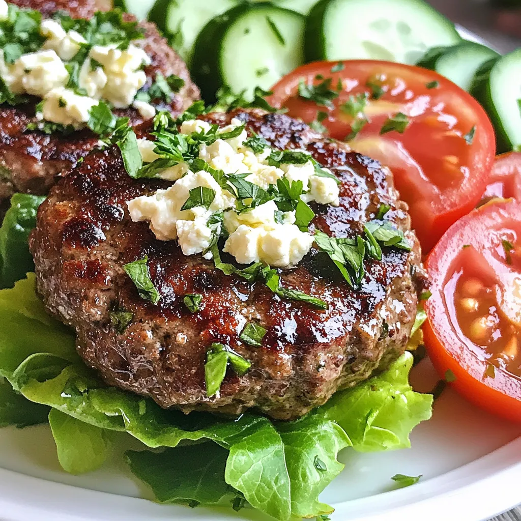 Für die Keto Feta Beef Burgers benötigst du folgende Hauptzutaten: - 450 g Rinderhackfleisch (80/20 Mischung für den Geschmack) - 120 g Feta-Käse, zerkrümelt - 60 g frische Petersilie, fein gehackt - 2 Knoblauchzehen, fein gehackt Diese Zutaten geben dem Burger seinen tollen Geschmack. Das Rinderhackfleisch sorgt für die Saftigkeit. Der Feta bringt eine salzige Note und die Kräuter machen alles frisch. Für die Gewürze und frischen Zutaten brauchst du: - 1 Teelöffel getrockneter Oregano - 1 Teelöffel Zwiebelpulver - 1/2 Teelöffel Salz - 1/2 Teelöffel schwarzer Pfeffer - Große Blätter Salat, zum Wickeln Diese Gewürze heben den Geschmack der Burger hervor. Der Oregano und das Zwiebelpulver sind perfekt für den mediterranen Flair. Salz und Pfeffer geben den letzten Schliff. Der Salat dient als tolle, kohlenhydratarme Hülle. Für zusätzliche Toppings empfehle ich: - In Scheiben geschnittene Tomaten - In Scheiben geschnittene Gurken Diese Toppings bringen Frische und Crunch. Du kannst auch Avocado oder Oliven hinzufügen. Sie passen gut zu den Aromen des Feta. Sei kreativ und variiere nach deinem Geschmack! {{ingredient_image_2}} Zuerst nehmen Sie eine große Rührschüssel. Geben Sie das Rinderhackfleisch hinein. Fügen Sie den zerkrümelten Feta-Käse hinzu. Dann kommt die frisch gehackte Petersilie dazu. Jetzt fügen Sie den gehackten Knoblauch, den Oregano und das Zwiebelpulver hinzu. Streuen Sie das Salz und den Pfeffer darüber. Mischen Sie alles gut mit Ihren Händen. Achten Sie darauf, das Fleisch nicht zu überarbeiten. So bleibt es schön saftig. Teilen Sie die Mischung in vier gleich große Portionen. Nehmen Sie eine Portion und formen Sie sie zu einem Patty. Das Patty sollte etwa 2,5 cm dick sein. Wiederholen Sie diesen Schritt mit den anderen Portionen. Legen Sie die geformten Patties auf einen Teller. So sind sie bereit zum Grillen. Heizen Sie Ihren Grill oder eine Pfanne vor. Stellen Sie die Hitze auf mittel bis hoch ein. Benetzen Sie die Grillfläche leicht mit Olivenöl. Legen Sie die Patties vorsichtig auf den Grill. Grillen Sie sie etwa 4-5 Minuten auf jeder Seite. Sie sind fertig, wenn sie medium-rare sind. Mögen Sie es durchgegart? Dann grillen Sie sie länger. Nehmen Sie die Burger vom Grill und lassen Sie sie kurz ruhen. So setzen sich die Säfte. Wickeln Sie die Burger in große Salatblätter und belegen Sie sie nach Wunsch mit Tomaten und Gurken. Um das Fleisch saftig zu halten, mischen Sie die Zutaten sanft. Überarbeiten Sie das Hackfleisch nicht. Das kann die Burger trocken machen. Fügen Sie auch Feta-Käse hinzu. Er bringt Feuchtigkeit und Geschmack. Lassen Sie die Patties nach dem Grillen ruhen. So setzen sich die Säfte besser. Sie können die Burger auch in einer Pfanne braten. Nutzen Sie eine beschichtete Pfanne, um das Ankleben zu vermeiden. Grillen ist jedoch ideal für den Geschmack. Eine Grillpfanne ist eine weitere Option. Diese gibt ein tolles Grillmuster. Sie können die Patties auch im Ofen backen. Stellen Sie den Ofen auf 200 Grad Celsius ein und backen Sie sie etwa 15 Minuten. Die beste Grilltemperatur liegt bei mittlerer bis hoher Hitze. Dies sind etwa 200 bis 230 Grad Celsius. So garen die Patties gleichmäßig. Verwenden Sie ein Grillthermometer, um die Temperatur zu überprüfen. Ein Medium-Rare Burger hat eine Innentemperatur von 57 Grad Celsius. Achten Sie darauf, die Patties nicht zu lange zu grillen. So bleiben sie zart und saftig. Pro Tipps Fleischtemperatur: Verwenden Sie ein Fleischthermometer, um die ideale Garstufe zu erreichen. Für medium-rare sollte die Innentemperatur etwa 57-60°C betragen. Frische Kräuter: Fügen Sie zusätzlich frische Kräuter wie Minze oder Basilikum hinzu, um den Geschmack der Burger aufzupeppen. Grillvorbereitung: Ölen Sie den Grillrost vor dem Grillen leicht ein, um ein Ankleben der Patties zu verhindern. Ruhen lassen: Überlassen Sie den Burger nach dem Grillen ein paar Minuten zum Ruhen, damit die Säfte gleichmäßig verteilt werden und der Burger saftig bleibt. {{image_4}} Du kannst die Rinderhackfleischbasis durch pflanzliche Alternativen ersetzen. Nutze zum Beispiel schwarze Bohnen oder Linsen. Mische sie mit zerdrücktem Tofu und Feta-Käse. Diese Mischung sorgt für einen tollen Geschmack. Auch Kichererbsen können eine gute Wahl sein. Sie bieten eine gute Textur und sind nährstoffreich. Nicht nur Feta passt gut zu diesen Burgern. Versuche auch anderen Käse. Ziegenkäse bringt eine frische Note. Cheddar gibt einen kräftigen Geschmack. Du kannst auch Mozzarella verwenden, um eine cremigere Textur zu erreichen. Experimentiere mit verschiedenen Käsesorten, um deinen perfekten Burger zu finden. Kräuter und Gewürze bringen mehr Tiefe in deine Burger. Probiere frischen Basilikum oder Thymian für eine mediterrane Note. Chili-Flocken können für etwas Schärfe sorgen. Auch geräucherter Paprika verleiht einen rauchigen Geschmack. Mit diesen Zutaten kannst du deine Burger ganz nach deinem Geschmack anpassen. Lagern Sie die Reste in einem luftdichten Behälter. Stellen Sie sicher, dass die Patties abgekühlt sind. So bleiben sie frisch und saftig. Die Reste halten sich im Kühlschrank bis zu drei Tage. Wenn Sie die Reste nicht sofort essen, ist das Einfrieren eine gute Option. Um die Patties einzufrieren, formen Sie sie zuerst. Wickeln Sie jede Portion in Frischhaltefolie. Legen Sie die eingewickelten Patties in einen Gefrierbeutel. Beschriften Sie den Beutel mit dem Datum. So wissen Sie, wie lange sie schon gefroren sind. Die Patties können bis zu drei Monate im Gefrierfach bleiben. Zum Auftauen legen Sie sie über Nacht in den Kühlschrank. Um die Reste aufzuwärmen, verwenden Sie eine Pfanne oder einen Grill. Erhitzen Sie die Pfanne bei mittlerer Hitze. Legen Sie die Patties hinein und decken Sie sie ab. So bleiben sie saftig. Erwärmen Sie sie für etwa fünf Minuten auf jeder Seite. Alternativ können Sie die Patties auch in der Mikrowelle aufwärmen. Legen Sie sie auf einen Teller und decken Sie sie mit einem feuchten Tuch ab. Erwärmen Sie sie in kurzen Intervallen, bis sie warm sind. Um die Burger würziger zu machen, füge mehr Gewürze hinzu. Probiere frischen Chili oder Paprika. Du kannst auch etwas scharfen Senf oder Worcestershire-Sauce in die Mischung geben. Diese Zutaten geben den Burgern einen tollen Kick. Experimentiere mit deinen Lieblingsgewürzen. Jeder hat andere Geschmäcker, also finde heraus, was dir gefällt. Zu diesen Burgern passen viele gute Beilagen. Du kannst zum Beispiel einen frischen Salat mit Avocado und Oliven machen. Auch gegrilltes Gemüse ist eine tolle Wahl. Zucchini und Paprika sind lecker und gesund. Wenn du etwas Knuspriges möchtest, probiere gebratene Blumenkohlröschen. Sie sind eine tolle, kohlenhydratarme Option. Ja, Feta-Käse ist gut für die Keto-Diät. Er hat wenig Kohlenhydrate und viel Fett. Das macht ihn ideal für Keto. Außerdem bringt er tollen Geschmack in die Burger. Achte darauf, hochwertigen Feta zu wählen. So bekommst du die besten Nährstoffe und den besten Geschmack. Wir haben heute die Hauptzutaten für Keto Feta Beef Burgers besprochen und wie man sie zubereitet. Ich habe Tipps gegeben, damit das Fleisch saftig bleibt, und einige Variationen vorgestellt. Außerdem gibt es nützliche Aufbewahrungshinweise für Reste. Denke daran, das Gericht nach deinem Geschmack zu verfeinern. Du kannst auch verschiedene Käsesorten oder vegetarische Alternativen ausprobieren. So machst du jedes Mal leckere Burger. Viel Spaß beim Grillen und Ausprobieren!
