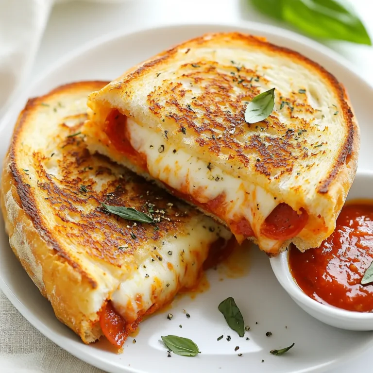 Für deinen Pizza Gegrillter Käse benötigst du: - 4 Scheiben Sauerteigbrot - 1 Tasse geriebener Mozzarella-Käse - 1/2 Tasse Pizzasauce - 1/2 Tasse Peperoni-Scheiben (oder andere beliebte Pizzabeläge) - 2 Esslöffel Olivenöl - 1 Teelöffel getrockneter Oregano - 1 Teelöffel Knoblauchpulver - Salz und Pfeffer nach Geschmack - Frische Basilikumblätter zur Garnierung (optional) Diese einfachen Zutaten schaffen einen reichhaltigen, herzhaften Geschmack. Die Wahl der Beläge macht dein Sandwich besonders. Du kannst Peperoni verwenden, aber auch andere Optionen sind toll. Probier rote Paprika, Oliven oder sogar Pilze. Wenn du es würziger magst, füge Jalapeños hinzu. Sei kreativ und mische deine Lieblingszutaten. Gewürze sind der Schlüssel zu einem tollen Geschmack. Olivenöl gibt dem Brot eine schöne Kruste. Knoblauchpulver sorgt für einen aromatischen Kick. Oregano bringt den Pizzastil in dein Gericht. Vergiss nicht, Salz und Pfeffer hinzuzufügen, um den Geschmack zu verstärken. Diese einfachen Extras machen einen großen Unterschied! {{ingredient_image_2}} Zuerst heizen Sie eine Pfanne bei mittlerer Hitze vor. Diese Hitze sorgt für eine schöne Bräunung. Nehmen Sie zwei Scheiben Sauerteigbrot. Streichen Sie auf einer Seite jeder Scheibe eine dünne Schicht Pizzasauce. Diese Sauce bringt den Pizza-Geschmack. Verteilen Sie die Hälfte des geriebenen Mozzarella gleichmäßig über die Sauce. Fügen Sie dann Ihre Lieblingsbeläge wie Peperoni oder Paprika hinzu. Diese machen das Sandwich bunt und lecker. Legen Sie den restlichen Mozzarella auf die Beläge. So bleibt alles schön zusammen. Nehmen Sie die anderen zwei Scheiben Brot. Legen Sie diese mit der Pizzasauce nach innen darauf. Jetzt haben Sie ein Sandwich. Bestreichen Sie die Außenseiten der Sandwiches mit Olivenöl. Das Öl hilft, das Brot knusprig zu machen. Streuen Sie etwas Knoblauchpulver, Oregano, Salz und Pfeffer darauf. Jetzt sind die Sandwiches gut gewürzt. Legen Sie die Sandwiches vorsichtig in die Pfanne. Braten Sie sie 3-4 Minuten auf einer Seite. Achten Sie darauf, dass sie goldbraun werden. Drehen Sie die Sandwiches um und braten Sie die andere Seite. Auch hier sollten sie 3-4 Minuten braten, bis sie goldbraun sind und der Käse schmilzt. Wenn sie fertig sind, nehmen Sie sie aus der Pfanne und lassen Sie sie eine Minute abkühlen. Um gleichmäßige Bräunung zu erzielen, ist die Hitze wichtig. Zu hohe Hitze kann das Brot verbrennen. Zu niedrige Hitze macht es nicht knusprig. Überprüfen Sie die Sandwiches während des Bratens. So stellen Sie sicher, dass sie perfekt werden. Wenn Sie ein Küchenthermometer haben, können Sie die Innentemperatur des Käses prüfen. Dieser sollte mindestens 70 Grad Celsius erreichen. Garnieren Sie die Sandwiches mit frischen Basilikumblättern. Servieren Sie sie mit etwas Pizzasauce zum Dippen. Genießen Sie Ihren Pizza Gegrillter Käse! Um den perfekten Käse-Schmelz zu erreichen, verwenden Sie frischen Mozzarella. Dieser Käse schmilzt schön und bleibt cremig. Achten Sie darauf, den Käse gleichmäßig über die Füllung zu verteilen. So wird jeder Biss köstlich. Eine niedrige Hitze hilft, den Käse langsam zu schmelzen. So verhindert man, dass das Brot verbrennt, während der Käse schmilzt. Sauerteigbrot ist ideal für diesen Grillkäse. Es hat einen tollen Geschmack und eine knusprige Kruste. Sie können auch andere Brotsorten ausprobieren. Ciabatta oder Vollkornbrot sind ebenfalls großartige Alternativen. Diese Brote geben dem Sandwich eine andere Textur und einen einzigartigen Geschmack. Experimentieren Sie, um Ihr Lieblingsbrot zu finden. Die beste Temperatur zum Braten ist mittlere Hitze. Wenn die Pfanne zu heiß ist, verbrennt das Brot schnell. Braten Sie die Sandwiches etwa 3-4 Minuten pro Seite. So wird das Brot goldbraun und knusprig. Überprüfen Sie den Käse nach der ersten Seite. Wenn er schmilzt, drehen Sie das Sandwich vorsichtig um. Achten Sie darauf, dass beide Seiten gleichmäßig gebräunt sind. Pro Tipps Verwenden Sie frisches Brot: Frisches Sauerteigbrot sorgt für eine bessere Textur und einen intensiveren Geschmack im Vergleich zu älteren Brotsorten. Käse-Mischung: Experimentieren Sie mit verschiedenen Käsesorten wie Cheddar oder Gouda, um zusätzliche Aromen und eine interessante Käsemischung zu erreichen. Vorheizen der Pfanne: Stellen Sie sicher, dass die Pfanne gut vorgeheizt ist, um eine gleichmäßige Bräunung und knusprige Oberfläche zu erzielen. Variieren Sie die Beläge: Probieren Sie verschiedene Beläge wie Spinat, Pilze oder Feta aus, um Ihrem Sandwich eine persönliche Note zu verleihen. {{image_4}} Für eine vegetarische Pizza gegrillter Käse, nehme einfach das Fleisch heraus. Du kannst frisches Gemüse verwenden. Paprika, Zucchini oder Spinat passen gut. Diese Zutaten bieten viele Aromen und Farben. Denke auch an Artischocken oder Oliven für zusätzlichen Geschmack. Du wirst die Vielfalt lieben. Die Kombination aus Käse und Gemüse macht das Sandwich gesund und lecker. Wenn du es gerne scharf magst, füge Jalapeños hinzu. Diese kleinen Paprika bringen einen tollen Kick. Du kannst frische oder eingelegte Jalapeños verwenden. Lege sie einfach auf den Käse. Ich empfehle, auch etwas scharfe Sauce zu verwenden. Das sorgt für noch mehr Geschmack. Diese Variante ist perfekt für alle, die es würzig mögen. Experimentiere mit verschiedenen Käsesorten. Neben Mozzarella kannst du Cheddar oder Gouda nehmen. Diese Käsesorten schmelzen gut und bieten andere Geschmäcker. Mische verschiedene Käsesorten für einen tollen Effekt. Eine Kombination aus Mozzarella und Parmesan bietet eine schöne Textur. Du kannst auch Feta für einen salzigen Geschmack hinzufügen. Sei kreativ und finde deine Lieblingsmischung! Wenn du Reste von deinem Pizza Grilled Cheese hast, lass sie zuerst abkühlen. Wickel die Sandwiches dann in Frischhaltefolie oder lege sie in einen luftdichten Behälter. So bleiben sie frisch. Du kannst die Reste bis zu drei Tage im Kühlschrank aufbewahren. Achte darauf, dass sie gut verpackt sind, damit sie nicht austrocknen. Um die Reste wieder aufzuwärmen, nutze am besten eine Pfanne. Erhitze die Pfanne auf mittlerer Hitze. Lege das Sandwich hinein und brate es für etwa 3 bis 5 Minuten auf jeder Seite. So wird der Käse schön schmelzig und das Brot knusprig. Du kannst auch einen Toaster verwenden, aber achte darauf, dass es nicht verbrennt. Wenn du einen Ofen hast, kannst du die Sandwiches bei 180 Grad für etwa 10 Minuten erwärmen. Im Kühlschrank bleibt dein Pizza Grilled Cheese bis zu drei Tage frisch. Wenn du es länger aufbewahren möchtest, kannst du es einfrieren. Wickel das Sandwich fest in Folie ein und lege es in einen Gefrierbeutel. So bleibt es bis zu zwei Monate gut. Wenn du es essen möchtest, taue es im Kühlschrank auf und wärme es wie oben beschrieben wieder auf. Das Rezept ergibt zwei Sandwiches. Diese Menge reicht für einen Snack oder eine kleine Mahlzeit. Wenn du mehr Portionen möchtest, kannst du die Zutaten einfach verdoppeln. So kannst du deine Freunde oder Familie mit diesem köstlichen Snack erfreuen. Ja, du kannst andere Käsesorten verwenden. Gouda, Cheddar oder sogar eine Mischung aus verschiedenen Käsesorten schmecken großartig. Experimentiere mit deinen Lieblingskäsesorten, um neue Geschmackskombinationen zu entdecken. Der Käse sollte gut schmelzen und einen tollen Geschmack bieten. Die Zubereitung dauert etwa 10 Minuten. Das Braten der Sandwiches braucht dann weitere 10 Minuten. Insgesamt bist du also in etwa 20 Minuten fertig. Das macht es zu einem schnellen und leckeren Gericht für jeden Tag. Zusammengefasst behandelt dieser Blogbeitrag alles, was du für deinen gegrillten Käse-Pizza brauchst. Wir haben die besten Zutaten und Beläge besprochen. Du lernst, wie du das Brot vorbereitest und die Sandwiches brätst. Tipps für den perfekten Käse-Schmelz und verschiedene Variationen runden das Thema ab. Denke daran, deine Reste richtig zu lagern. Experimentiere mit neuen Zutaten und genieße deine Kreation. Gutes Gelingen!