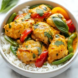 Für dieses leckere Gericht brauchst du folgende Hauptzutaten: - 450 g Hähnchenschenkel ohne Knochen, in mundgerechte Stücke geschnitten - 2 Esslöffel rote Currypaste - 1 Dose Kokosmilch (400 ml) - 240 ml Hühnerbrühe - 2 Esslöffel Fischsauce - 1 Esslöffel brauner Zucker - 1 mittelgroße Zwiebel, fein gehackt - 2 Knoblauchzehen, gehackt - 1 Paprika (rot oder gelb), in Streifen geschnitten - 1 Tasse Zuckerschoten oder grüne Bohnen, geputzt - 1 Esslöffel Limettensaft - Frische Basilikumblätter zur Garnierung - Jasminreis, gekocht (zum Servieren) - Salz und Pfeffer nach Geschmack Diese Zutaten bilden die Basis für den vollen Geschmack des Currys. Die Hähnchenteile machen das Gericht herzhaft, während die Kokosmilch für Cremigkeit sorgt. Hier sind die Gewürze und Aromen, die deinem Curry Tiefe geben: - Rote Currypaste bringt Schärfe und Geschmack. - Fischsauce fügt eine salzige Note hinzu. - Brauner Zucker balanciert die Aromen aus. - Limettensaft sorgt für Frische. Die Kombination dieser Gewürze macht das Curry besonders. Achte darauf, die Currypaste gut zu vermengen, damit sich die Aromen entfalten. Um dein Curry perfekt zu ergänzen, serviere es mit: - Jasminreis, der die Sauce aufnimmt. - Frischen Basilikumblättern für einen aromatischen Kick. Diese Beilagen runden das Gericht ab und machen es zu einem echten Genuss. {{ingredient_image_2}} Zuerst bereiten wir die Zutaten vor. Das macht das Kochen einfacher und schneller. - 450 g Hähnchenschenkel ohne Knochen, in Stücke schneiden - 1 mittelgroße Zwiebel fein hacken - 2 Knoblauchzehen klein schneiden - 1 Paprika in Streifen schneiden - 1 Tasse Zuckerschoten oder grüne Bohnen putzen Stellen Sie die Zutaten griffbereit. So sparen Sie Zeit beim Kochen. Jetzt kommt der spannende Teil! Ich beginne mit dem Erhitzen von Wasser oder Öl in einem großen Topf. - Fügen Sie die Zwiebeln hinzu und braten Sie sie 4-5 Minuten an. - Geben Sie den Knoblauch und die rote Currypaste dazu. Rühren Sie alles gut um, bis es duftet. - Fügen Sie die Hähnchenstücke hinzu und braten Sie sie 5-7 Minuten, bis sie nicht mehr rosa sind. Nun gießen Sie die Kokosmilch und die Hühnerbrühe hinein. - Fügen Sie Fischsauce und braunen Zucker hinzu. Rühren Sie gut um. - Lassen Sie alles aufkochen, dann die Hitze reduzieren. - Geben Sie die Paprika und die Zuckerschoten dazu und decken Sie den Topf ab. Lassen Sie es 15 Minuten köcheln. Das Curry ist fast fertig! Rühren Sie jetzt den Limettensaft ein. - Schmecken Sie das Curry mit Salz und Pfeffer ab. - Zum Servieren schöpfen Sie das Curry in Schalen. - Servieren Sie es über Jasminreis und garnieren Sie mit frischen Basilikumblättern. Genießen Sie Ihr köstliches Thai Rot Curry Hühnchen! Um ein perfektes Curry zu machen, sind frische Zutaten wichtig. Achte darauf, die Zwiebeln gut zu braten. Das bringt viel Geschmack. Verwende hochwertige rote Currypaste. Diese gibt dem Gericht die richtige Tiefe. Die Kokosmilch sollte cremig sein. Das macht das Curry reichhaltig. Füge die Zuckerschoten erst später hinzu. So bleiben sie knackig und frisch. Ein häufiger Fehler ist, das Gemüse zu lange zu kochen. Das macht es matschig. Achte darauf, die Hitze nach dem Kochen zu reduzieren. So bleibt das Curry aromatisch. Verwende nicht zu viel Fischsauce. Sie kann den Geschmack überdecken. Probier das Curry vor dem Servieren. So kannst du die Gewürze anpassen. Du kannst das Curry leicht anpassen. Füge mehr Gemüse hinzu, wie Brokkoli oder Karotten. Für eine schärfere Note, gib mehr Currypaste dazu. Du kannst auch Tofu anstelle von Hähnchen verwenden. Das macht es vegetarisch. Probiere, Limettenschale für zusätzlichen Geschmack hinzuzufügen. So wird dein Curry noch interessanter. Pro Tipps Hähnchen marinieren: Marinieren Sie die Hähnchenteile einige Stunden vor dem Kochen in einer Mischung aus Fischsauce und Limettensaft für einen intensiveren Geschmack. Gemüse variieren: Fühlen Sie sich frei, das Gemüse nach Saison oder Vorliebe zu variieren. Brokkoli, Karotten oder Auberginen passen ebenfalls hervorragend. Resteverwertung: Dieses Curry lässt sich hervorragend als Restgericht verwenden. Fügen Sie einfach Reis oder Nudeln hinzu, um ein schnelles Mittagessen zu zaubern. Schärfe anpassen: Wenn Sie es schärfer mögen, können Sie frische Chilis oder zusätzlich rote Currypaste hinzufügen. Beginnen Sie jedoch vorsichtig, um den Geschmack nicht zu überdecken. {{image_4}} Wenn du eine vegetarische Variante von Thai rotem Curry machen möchtest, ist das einfach. Statt Hähnchen kannst du Tofu oder Tempeh verwenden. Diese Proteine nehmen die Aromen gut auf. Du kannst auch mehr Gemüse wie Brokkoli, Karotten oder Auberginen hinzufügen. Achte darauf, die Garzeit anzupassen. Tofu ist in etwa 10 Minuten fertig, während Gemüse je nach Art etwas länger brauchen kann. Wenn du kein Hähnchen magst, kannst du auch Garnelen oder Fisch verwenden. Diese Optionen sind schnell zuzubereiten und harmonieren gut mit dem Curry. Du kannst auch andere Gemüsesorten, wie Kürbis oder Zucchini, ausprobieren. Das sorgt für neue Geschmäcker und macht das Gericht spannend. Die Schärfe des Currys kannst du leicht anpassen. Wenn du es milder magst, reduziere die Menge der roten Currypaste. Füge einen Teelöffel mehr Kokosmilch hinzu, um die Schärfe zu mildern. Magst du es schärfer? Dann füge frische Chili oder mehr Currypaste hinzu. Experimentiere, bis du die perfekte Balance für deinen Geschmack findest. Wenn du Reste von deinem Thai roten Curry-Hühnchen hast, bewahre sie im Kühlschrank auf. Nutze einen luftdichten Behälter, um die Frische zu sichern. So bleiben die Aromen erhalten. Du kannst das Curry bis zu drei Tage lagern. Denk daran, es gut zu beschriften. Das Einfrieren ist eine tolle Option. Portioniere das Curry in kleinen Behältern. Es bleibt bis zu drei Monate frisch im Gefrierfach. Lasse das Curry abkühlen, bevor du es einfrierst. So verhinderst du, dass es matschig wird. Zum Auftauen lege das Curry einfach über Nacht in den Kühlschrank. Um das Curry wieder warm zu machen, erwärme es in einem Topf bei mittlerer Hitze. Rühre es regelmäßig um, damit es gleichmäßig heiß wird. Füge bei Bedarf einen Schuss Wasser oder Brühe hinzu, wenn es zu dick ist. Du kannst auch die Mikrowelle nutzen. Stelle sicher, dass du es abdeckst, damit es nicht austrocknet. Die Zubereitung von Thai Rotes Curry-Hühnchen dauert etwa 10 Minuten. Das Kochen braucht weitere 20 Minuten. Insgesamt sind das 30 Minuten von Anfang bis Ende. Diese Zeit macht es einfach, ein schnelles und schmackhaftes Gericht zuzubereiten. Ja, du kannst die Currypaste leicht selbst machen. Du benötigst einige frische Zutaten. Mische rote Chilischoten, Knoblauch, Schalotten, Zitronengras und Gewürze. Püriere alles zu einer feinen Paste. Das gibt deinem Curry einen frischen, intensiven Geschmack. Selbstgemachte Currypaste hat oft mehr Aroma als die gekaufte Variante. Zu Thai Rotes Curry-Hühnchen passen viele Beilagen gut. Jasminreis ist eine beliebte Wahl. Er nimmt die Sauce gut auf. Auch frisches Gemüse ist eine gute Option. Du kannst Gurken oder einen einfachen Salat servieren. Diese Beilagen bringen frische und einen schönen Crunch. Thai rotes Curry-Hühnchen ist ein einfaches und leckeres Gericht. Wir haben die Zutaten und die Vorbereitung behandelt. Die Tipps sorgen für ein perfektes Curry. Variationen wie die vegetarische Option zeigen, dass jeder etwas findet. Du kannst Reste leicht aufbewahren und wiedererwärmen. Mit diesen Anleitungen und Antworten auf die häufigsten Fragen wirst du beeindruckende Gerichte zaubern. Probiere es aus. Dein nächstes Essen wird ein Hit!