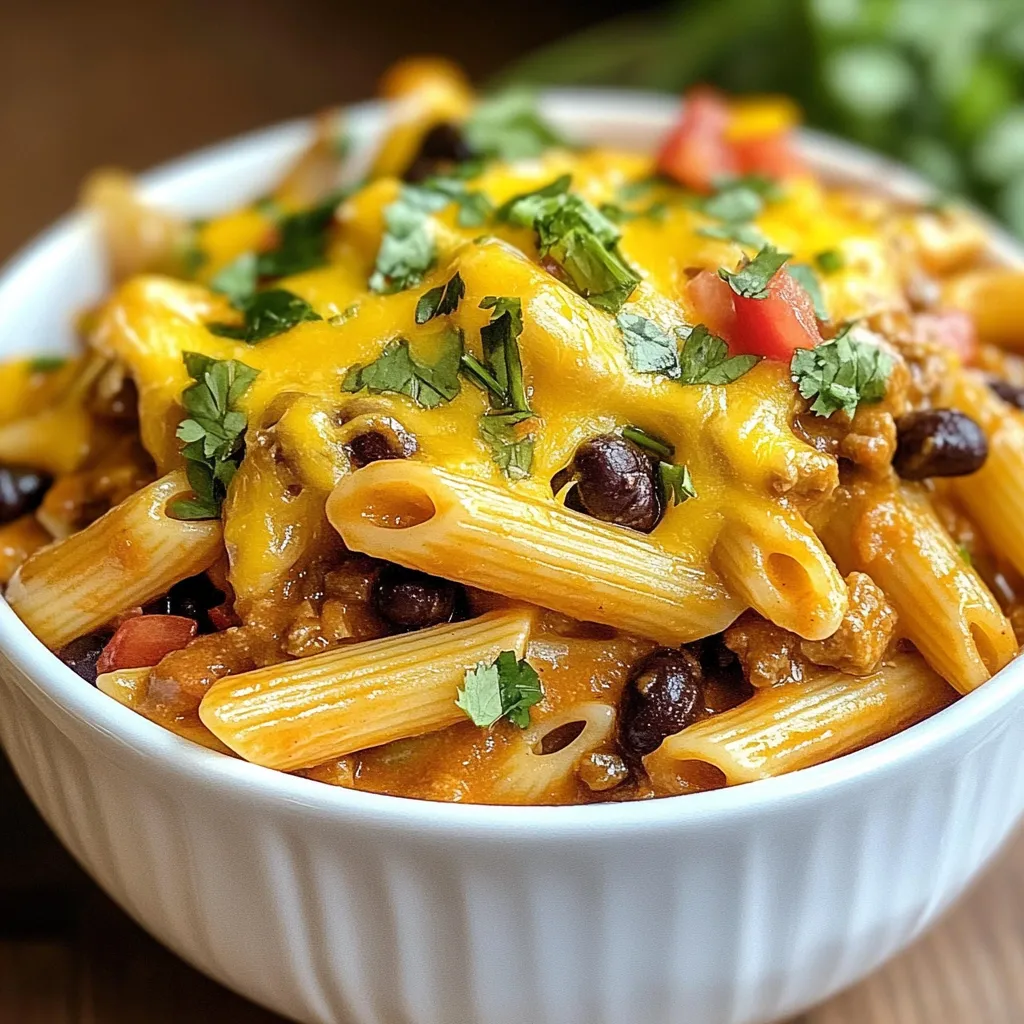 - 225 g Penne-Nudeln - 2 Esslöffel Olivenöl - 1 kleine Zwiebel, gewürfelt - 2 Zehen Knoblauch, fein gehackt - 1 Paprika (nach Wahl), gewürfelt Die Hauptzutaten sind einfach zu finden. Du beginnst mit 225 g Penne-Nudeln. Diese Nudeln sind perfekt für die Sauce. Danach brauchst du 2 Esslöffel Olivenöl. Das Öl hilft, die Zwiebel und das Gemüse gut anzubraten. Du solltest auch 1 kleine Zwiebel, 2 Zehen Knoblauch und 1 gewürfelte Paprika haben. Diese Zutaten geben deinem Gericht viel Geschmack. - 1 Esslöffel Chili-Pulver - 1 Teelöffel Kreuzkümmel - 1 Dose (425 g) schwarze Bohnen, abgetropft und abgespült Für die Würze sind Chili-Pulver und Kreuzkümmel wichtig. Der Chili-Pulver bringt Schärfe. Der Kreuzkümmel gibt einen warmen Geschmack. Du solltest auch 1 Dose schwarze Bohnen verwenden. Diese Bohnen sind gesund und lecker. Sie fügen eine gute Textur hinzu und machen das Gericht nahrhaft. - 100 g geriebener Cheddar-Käse - 100 g geriebener Monterey Jack-Käse - Sauerrahm und frischer Koriander Der Käse ist der Star dieses Gerichts. Du verwendest 100 g geriebenen Cheddar-Käse und 100 g geriebenen Monterey Jack-Käse. Diese Käse schmelzen gut und machen die Pasta cremig. Zum Servieren kannst du Sauerrahm und frischen Koriander verwenden. Der Koriander bringt Frische, und der Sauerrahm macht alles noch leckerer. {{ingredient_image_2}} Um perfekte Penne-Nudeln zu kochen, bringe einen großen Topf mit gesalzenem Wasser zum Kochen. Füge die Penne-Nudeln hinzu und koche sie gemäß der Packungsanweisung al dente. Das bedeutet, dass sie noch einen leichten Biss haben sollten. Wenn die Nudeln fertig sind, gieße sie ab und stelle sie beiseite. So sind sie bereit für die leckere Mischung. Erhitze in einer großen Pfanne 2 Esslöffel Olivenöl bei mittlerer Hitze. Gib die gewürfelte Zwiebel hinein und brate sie 3 bis 4 Minuten, bis sie glasig ist. Füge dann den gehackten Knoblauch und die gewürfelte Paprika hinzu. Brate das Gemüse für weitere 3 Minuten, bis es weich ist. Dieser Schritt gibt dem Gericht einen tollen Geschmack. Jetzt wird es spannend! Gib die schwarzen Bohnen und die gewürzten Tomaten mit dem Saft in die Pfanne. Füge 1 Esslöffel Chili-Pulver, 1 Teelöffel Kreuzkümmel sowie Salz und Pfeffer nach Geschmack hinzu. Rühre alles gut durch und lasse die Mischung etwa 5 Minuten köcheln. So verbinden sich die Aromen schön miteinander. Nimm die gekochten Penne-Nudeln und die Maiskörner. Gib sie in die Pfanne zu der Gemüse-Bohnen-Mischung. Rühre alles gut um, damit die Nudeln gleichmäßig mit der Sauce bedeckt sind. Dies sorgt dafür, dass jeder Bissen voller Geschmack ist. Streue die Hälfte des geriebenen Cheddar- und Monterey Jack-Käses über die Mischung. Rühre sanft um, bis der Käse zu schmelzen beginnt. Das macht die Pasta schön cremig. Heize den Ofen auf 175°C vor. Gib die Mischung in eine gefettete Auflaufform. Bestreue sie mit dem restlichen Käse und backe das Ganze 15 bis 20 Minuten. Der Käse sollte dann schön geschmolzen und blubbernd sein. Nehme die Auflaufform aus dem Ofen und lasse sie ein paar Minuten abkühlen. Garniere die Pasta mit frischem Koriander. Serviere sie warm, vielleicht mit einem Klecks Sauerrahm, wenn du magst. So wird dein Gericht richtig schön angerichtet! Um die perfekte Konsistenz der Pasta zu erreichen, koche die Penne-Nudeln al dente. Das bedeutet, sie sollten beim Kauen leicht fest sein. Achte darauf, ausreichend Wasser zu verwenden und das Wasser gut zu salzen. So wird die Pasta geschmackvoll. Nach dem Kochen, spüle die Nudeln nicht ab. Das hilft, die Stärke zu bewahren, die die Sauce besser haftet. Für mehr Geschmack kannst du verschiedene Käsesorten verwenden. Probiere Gouda oder Feta als Alternativen. Wenn du es schärfer magst, füge etwas Pepper Jack hinzu. Die Kombination aus Cheddar und Monterey Jack gibt eine tolle cremige Textur. Experimentiere mit den Käsesorten, um deinen persönlichen Favoriten zu finden. Falls du eine vegane Version machen möchtest, ersetze den Käse durch pflanzliche Alternativen. Es gibt viele leckere vegane Käseprodukte, die gut schmelzen. Verwende glutenfreie Penne-Nudeln, um das Gericht glutenfrei zu machen. Achte darauf, dass die Gewürze auch glutenfrei sind. Diese Anpassungen machen das Rezept für alle genießbar. Pro Tipps Käse Auswahl: Verwenden Sie eine Mischung aus verschiedenen Käsesorten für einen komplexeren Geschmack. Gouda oder Pepper Jack sind ebenfalls hervorragende Ergänzungen. Veganer Ersatz: Für eine vegane Variante können Sie pflanzliche Käsealternativen und Bohnen als Proteinquelle verwenden. Würze anpassen: Experimentieren Sie mit verschiedenen Gewürzen wie Paprika oder Oregano, um den Geschmack nach Ihrem Belieben zu verfeinern. Vorbereitung im Voraus: Bereiten Sie die Pasta und die Sauce im Voraus vor und backen Sie das Gericht kurz vor dem Servieren für ein schnelles Abendessen. {{image_4}} Für eine leckere vegetarische Variante kannst du mehr Gemüse hinzufügen. Zucchini oder Spinat passen super. Du kannst auch Kichererbsen oder Tofu als Proteinquelle verwenden. Diese Optionen machen die Pasta noch nahrhafter und bunter. Wenn du es scharf magst, füge frische Jalapeños hinzu. Sie bringen ordentlich Feuer ins Gericht. Auch Chili-Flocken sind eine gute Wahl. Ein Spritzer scharfer Soße kann ebenfalls für einen zusätzlichen Kick sorgen. Für die kleinen Esser kannst du die Schärfe reduzieren. Verwende milde Tomaten ohne Chilis. Du kannst auch die Menge an Gewürzen verringern. So bleibt der Geschmack mild und kinderfreundlich. Dazu passt ein Klecks Sauerrahm, der die Schärfe ausgleicht. Um Cheesy Enchilada Pasta frisch zu halten, lagern Sie Reste in einem luftdichten Behälter. Stellen Sie sicher, dass die Pasta vollständig abgekühlt ist, bevor Sie sie in den Kühlschrank stellen. So bleibt der Geschmack erhalten. Diese Pasta hält sich im Kühlschrank etwa 3 bis 4 Tage. Wenn Sie die Pasta länger aufbewahren möchten, können Sie sie einfrieren. Teilen Sie die Pasta in Portionen auf und geben Sie sie in gefriergeeignete Behälter oder Beutel. Drücken Sie die Luft heraus, um Gefrierbrand zu vermeiden. So bleibt die Pasta bis zu 3 Monate frisch. Zum Auftauen legen Sie die Portionen einfach über Nacht in den Kühlschrank. Um die Cheesy Enchilada Pasta wieder aufzuwärmen, geben Sie sie in eine Pfanne bei mittlerer Hitze. Fügen Sie einen Schuss Wasser oder Brühe hinzu, um die Pasta feucht zu halten. Decken Sie die Pfanne ab, damit die Wärme gleichmäßig verteilt wird. Sie können die Pasta auch in der Mikrowelle aufwärmen. Verwenden Sie eine mikrowellengeeignete Schüssel und decken Sie sie ab. Erwärmen Sie sie in 1-Minuten-Intervallen und rühren Sie zwischendurch um. So bleibt die Pasta lecker und cremig. Um Cheesy Enchilada Pasta vegan zu machen, kannst du einige einfache Änderungen vornehmen. Verwende anstelle von Käse vegane Käsesorten. Diese schmelzen gut und geben den gleichen Geschmack. Für die Sahne kannst du eine pflanzliche Alternative wie Cashew-Creme oder Kokosnuss-Sahne verwenden. Statt schwarzen Bohnen kannst du Kichererbsen oder Linsen nutzen. Diese Optionen machen das Gericht pflanzlich und lecker. Ja, du kannst andere Nudeln verwenden! Spaghetti, Fusilli oder Macaroni passen gut zu diesem Rezept. Achte darauf, die Kochzeit entsprechend anzupassen. Das sorgt dafür, dass die Nudeln al dente bleiben. Du kannst auch glutenfreie Nudeln wählen, wenn du diese bevorzugst. Cheesy Enchilada Pasta bleibt bis zu fünf Tage im Kühlschrank frisch. Stelle sicher, dass du sie in einem luftdichten Behälter lagerst. So bleibt der Geschmack erhalten. Wenn du Reste hast, erwärme sie in der Mikrowelle oder auf dem Herd. Achte darauf, dass sie gleichmäßig erhitzt werden, damit sie nicht austrocknen. In diesem Artikel haben wir die Zutaten für Cheesy Enchilada Pasta und deren Zubereitung betrachtet. Die Kombination von Penne, frischem Gemüse, Bohnen und Käse sorgt für einen leckeren Geschmack. Ich hoffe, die Tipps helfen dir, das Gericht perfekt zuzubereiten. Variationen, Lagerung und häufige Fragen runden unser Thema ab. Experimentiere mit verschiedenen Zutaten, um dein Gericht an deinen Geschmack anzupassen. So wird jede Portion besonders!