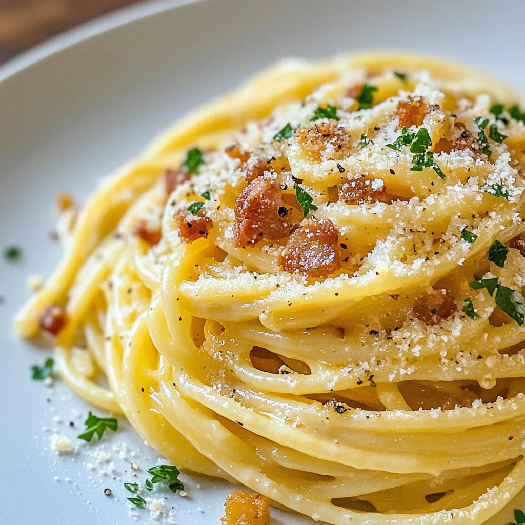 Für die Ultimate Carbonara benötigst du folgende Zutaten: - 400g Spaghetti - 150g Pancetta, gewürfelt (du kannst auch Putenbacon verwenden) - 2 große Eier - 1 Tasse geriebener Pecorino Romano Käse (plus extra zum Servieren) - 2 Knoblauchzehen, fein gehackt - Frisch gemahlener schwarzer Pfeffer - Salz (nach Geschmack) - Frische Petersilie, gehackt (zur Garnitur) Die Qualität der Zutaten ist entscheidend. Verwende frische Eier und hochwertigen Pecorino Romano. Die Pancetta sollte bestenfalls aus einer guten Quelle stammen. Sie gibt der Carbonara ihren typischen Geschmack. Achte auf die Frische des Knoblauchs, denn er bringt ein tolles Aroma. Wenn du Pancetta nicht magst oder nicht findest, nimm Putenbacon. Er hat weniger Fett, schmeckt aber gut. Für eine vegetarische Option kannst du die Pancetta ganz weglassen und stattdessen geröstete Zucchini oder Pilze nehmen. Statt Pecorino Romano kannst du auch Parmesankäse verwenden. {{ingredient_image_2}} Kochen Sie einen großen Topf mit gesalzenem Wasser. Sobald das Wasser kocht, fügen Sie die Spaghetti hinzu. Kochen Sie die Pasta laut Anleitung auf der Verpackung, bis sie al dente ist. Bevor Sie die Pasta abtropfen lassen, heben Sie eine Tasse Nudelwasser auf. Lassen Sie die Spaghetti gut abtropfen. Erhitzen Sie eine große Pfanne auf mittlerer Hitze. Fügen Sie die gewürfelte Pancetta hinzu. Braten Sie sie für etwa 5 bis 7 Minuten, bis sie knusprig und goldbraun ist. Fügen Sie kurz vor dem Ende den fein gehackten Knoblauch hinzu. Lassen Sie ihn für eine weitere Minute braten, bis er duftet. Nehmen Sie die Pfanne vom Herd. In einer Schüssel verquirlen Sie die zwei großen Eier. Fügen Sie den geriebenen Pecorino Romano Käse hinzu. Geben Sie eine großzügige Menge frisch gemahlenen schwarzen Pfeffer dazu. Mischen Sie alles gut, bis die Mischung dick und cremig ist. Geben Sie die heiße Pasta schnell in die Pfanne mit der Pancetta und dem Knoblauch. Schwenken Sie die Pasta energisch im ausgelassenen Fett. Während die Pasta heiß ist, fügen Sie die Eier-Käse-Mischung hinzu. Rühren Sie ständig, damit die Eier sanft garen. Wenn die Sauce zu dick ist, fügen Sie nach und nach das reservierte Nudelwasser hinzu, bis die gewünschte Konsistenz erreicht ist. Probieren Sie die Carbonara und passen Sie die Würze nach Belieben an. Servieren Sie die Pasta sofort. Garnieren Sie das Gericht mit zusätzlichem geriebenem Pecorino Romano Käse und etwas gehackter Petersilie. Vergessen Sie nicht, mehr frisch gemahlenen schwarzen Pfeffer hinzuzufügen! Um die perfekte Konsistenz der Carbonara-Sauce zu erreichen, ist Timing alles. Die Eier müssen mit der heißen Pasta vermischt werden. So garen sie sanft und bilden eine cremige Sauce. Wenn die Sauce zu dick ist, füge langsam etwas von dem reservierten Nudelwasser hinzu. Das Wasser hilft, die Sauce zu lockern und die richtige Cremigkeit zu erzielen. Carbonara ist vielseitig! Du kannst Pancetta durch Putenbacon ersetzen, wenn du eine leichtere Option suchst. Auch Gemüse wie Spargel oder Erbsen passen gut. Für eine würzigere Note, füge etwas Chili hinzu. Experimentiere mit verschiedenen Käsesorten, wie Parmesan oder Grana Padano, um neue Geschmacksrichtungen zu entdecken. Ein häufiger Fehler ist, die Eier zu lange zu erhitzen. Dadurch werden sie zu Rührei und die Sauce wird nicht cremig. Achte darauf, die Pasta sofort mit der Ei-Käse-Mischung zu vermengen, wenn sie heiß ist. Achte auch darauf, dass du genügend Pfeffer verwendest. Er bringt den Geschmack der Carbonara wirklich zur Geltung. Und vergiss nicht, die Pasta vor dem Abgießen zu probieren, um sicherzustellen, dass sie al dente ist! Pro Tipps Pasta al dente kochen: Achten Sie darauf, die Spaghetti nur bis al dente zu kochen, damit sie beim Mischen mit der Sauce nicht zu weich werden. Eier temperieren: Um zu verhindern, dass die Eier beim Hinzufügen zur heißen Pasta stocken, können Sie ein wenig von dem heißen Nudelwasser in die Eiermischung geben, bevor Sie sie zur Pasta hinzufügen. Qualität des Käses: Verwenden Sie hochwertigen Pecorino Romano Käse für den besten Geschmack; der Käse ist entscheidend für die cremige Textur der Sauce. Frisch gemahlener Pfeffer: Fügen Sie immer frisch gemahlenen schwarzen Pfeffer hinzu, um das Aroma und den Geschmack der Carbonara zu intensivieren. {{image_4}} Wenn du eine leichtere Version der Carbonara möchtest, ersetze die Pancetta durch Putenbacon. Dieser hat weniger Fett und bleibt dennoch lecker. Für eine vegetarische Option kannst du die Pancetta ganz weglassen und stattdessen geräucherten Tofu verwenden. Der Tofu gibt dem Gericht einen tollen Geschmack und eine schöne Textur. Spaghetti sind klassisch, aber du kannst auch andere Nudeln verwenden. Linguine oder Fettuccine sind tolle Alternativen. Sie nehmen die Sauce gut auf und geben dir ein anderes Esserlebnis. Du kannst auch Vollkornnudeln ausprobieren, um mehr Nährstoffe in dein Gericht zu bringen. Pecorino Romano ist der traditionelle Käse für Carbonara. Du kannst jedoch auch Parmesan oder Grana Padano verwenden. Diese Käsesorten bringen einen anderen Geschmack, sind aber ebenso gut. Experimentiere mit verschiedenen Käsesorten, um deine perfekte Mischung zu finden. Um die Carbonara frisch zu halten, lagere sie in einem luftdichten Behälter. Achte darauf, dass die Pasta vollständig abgekühlt ist, bevor du sie verpackst. So vermeidest du Kondenswasser, das die Sauce wässrig macht. Wenn du Reste hast, lege sie in den Kühlschrank. Du kannst die Carbonara bis zu drei Tage aufbewahren. Beim Aufwärmen ist die Technik wichtig. Verwende eine Pfanne, um die Carbonara sanft zu erhitzen. Füge einen Spritzer Nudelwasser hinzu, um die Sauce cremig zu halten. Rühre ständig, damit die Eier nicht stocken. Du kannst auch einen Deckel verwenden, um die Hitze gleichmäßig zu verteilen. So bleibt die Carbonara nahezu wie frisch zubereitet. Die Carbonara hält sich gut im Kühlschrank, wenn sie richtig gelagert ist. Achte darauf, dass sie in einem luftdichten Behälter ist. Nach drei Tagen solltest du die Reste wegwerfen. Wenn du unsicher bist, rieche daran oder schaue nach Schimmel. Sicherheit geht vor! Carbonara ist einzigartig. Sie verwendet Eier und Käse für die Sauce. Andere Nudelgerichte nutzen oft Sahne oder Tomatensauce. In Carbonara sind Pancetta oder Bacon wichtig. Das gibt ihr den besonderen Geschmack. Der Pfeffer fügt Schärfe hinzu und macht die Sauce reichhaltig. Es ist besser, Carbonara frisch zu machen. Die Sauce wird cremig, wenn die Pasta heiß ist. Wenn du sie im Voraus zubereitest, kann die Sauce dick werden. Du kannst die Zutaten vorbereiten und später zusammenfügen. So bleibt die Textur gut und der Geschmack frisch. Spaghetti sind die beste Wahl für Carbonara. Sie haben die perfekte Form, um die Sauce zu halten. Andere Nudeln wie Fettuccine oder Bucatini können auch funktionieren. Aber Spaghetti sind traditionell und am beliebtesten. Für eine vegane Carbonara verwende pflanzliche Sahne anstelle von Eiern. Du kannst Nuss- oder Sojasahne nehmen. Ersetze den Käse durch Hefeflocken oder veganen Käse. Nutze Räuchertofu für den Bacon-Geschmack. So bleibt der Genuss der Carbonara erhalten. Zusammenfassend haben wir die Zutaten für eine schmackhafte Carbonara behandelt. Wir haben die Qualität der Zutaten besprochen und Alternativen für spezielle Vorlieben betrachtet. In der Schritt-für-Schritt-Anleitung erläuterten wir das Kochen, Zubereiten und Servieren. Tipps wie die perfekte Konsistenz der Sauce helfen sehr. Außerdem haben wir Variationen und Lagerung erklärt. Carbonara ist vielseitig und einfach. Mit diesen Tipps gelingt dir ein tolles Gericht. Entdecke die Freude am Kochen!