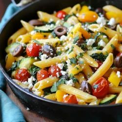Für die Ein-Pfannen-Mediterrane Gemüse-Pasta brauchst du: - 340 g Penne-Nudeln - 2 Esslöffel Olivenöl - 1 rote Paprika, gewürfelt - 1 Zucchini, gewürfelt - 240 g Cherrytomaten, halbiert - 240 g frischer Spinat, fest gepackt - 75 g Kalamata-Oliven, in Scheiben geschnitten - 1 Teelöffel getrockneter Oregano - 1 Teelöffel getrockneter Basilikum - 1/2 Teelöffel rote Paprikaflocken (optional) - 960 ml Gemüsebrühe - Salz und Pfeffer nach Geschmack - Frische Petersilie, gehackt (zum Garnieren) - Geriebener Feta-Käse (optional, zum Bestreuen) Falls du einige Zutaten nicht hast, gibt es Alternativen: - Statt Penne kannst du Fusilli oder Spaghetti verwenden. - Verwende grüne Paprika oder gelbe Paprika, wenn du keine rote hast. - Zucchini kann durch Aubergine ersetzt werden. - Statt Kalamata-Oliven kannst du grüne Oliven nehmen. - Wenn du keinen frischen Spinat hast, nutze tiefgefrorenen Spinat. Frische Zutaten machen einen großen Unterschied. Hier sind meine besten Tipps: - Kaufe Gemüse in der Saison. Es schmeckt besser und ist günstiger. - Achte darauf, dass das Gemüse fest und knackig aussieht. - Wähle Oliven in Salzwasser statt in Öl für mehr Geschmack. - Frische Kräuter wie Basilikum oder Petersilie geben mehr Aroma. - Lagere frisches Gemüse im Kühlschrank, um die Frische zu bewahren. Mit diesen Zutaten und Tipps zauberst du ein leckeres Gericht, das einfach und schnell geht. {{ingredient_image_2}} Zuerst erhitze das Olivenöl in einer großen Pfanne bei mittlerer Hitze. Du willst, dass es gut warm ist. Dann gib die gewürfelte rote Paprika und Zucchini in die Pfanne. Brate sie für etwa 3-4 Minuten an. Sie sollten leicht weich werden. Als Nächstes füge die halbierten Cherrytomaten und den frischen Spinat hinzu. Auch die Kalamata-Oliven kommen jetzt dazu. Die Mischung aus Gemüse gibt dem Gericht viel Geschmack. Achte darauf, dass du die Gewürze gut vermischt. Oregano und Basilikum sind wichtig. Wenn du magst, füge die roten Paprikaflocken hinzu. Koche diese Mischung für 2-3 Minuten. Der Spinat sollte dann zusammenfallen und die Tomaten ihre Säfte freisetzen. Jetzt ist es Zeit für die Penne-Nudeln! Gib sie zur Gemüse-Mischung und gieße die Gemüsebrühe darüber. Rühre gut um, damit alles gleichmäßig verteilt ist. Lass die Mischung sanft kochen. Reduziere die Hitze auf niedrig und decke die Pfanne ab. Koche die Pasta für etwa 10-12 Minuten. Rühre gelegentlich um. Die Nudeln sind perfekt, wenn sie al dente sind und die Brühe fast absorbiert ist. Schmecke das Gericht mit Salz und Pfeffer ab. Wenn du mehr Flüssigkeit brauchst, füge einen Schuss Wasser oder Brühe hinzu. Lass die Pasta nach dem Kochen eine Minute ruhen, bevor du sie servierst. Die richtige Gewürzmischung macht den Unterschied. Ich empfehle, immer frische Kräuter zu verwenden. Oregano und Basilikum passen perfekt. Du kannst auch Thymian oder Rosmarin ausprobieren. Wenn du es scharf magst, füge mehr rote Paprikaflocken hinzu. Eine Prise Zitronensaft hebt den Geschmack. Experimentiere und finde deinen Favoriten. Die Kochzeit hängt von der Nudelsorte ab. Penne benötigt etwa 10-12 Minuten. Wenn du Spaghetti verwendest, solltest du die Zeit anpassen. Bei frischen Nudeln reicht oft eine kürzere Kochzeit. Achte darauf, die Nudeln al dente zu kochen. So bleiben sie bissfest und nehmen die Aromen gut auf. Ein häufiger Fehler ist, die Brühe nicht ausreichend zu würzen. Salz und Pfeffer sind wichtig. Ein weiterer Fehler ist das Überkochen der Nudeln. Rühre während des Kochens regelmäßig um. Das verhindert, dass sie ankleben. Achte darauf, frisches Gemüse zu verwenden. Das macht das Gericht lebendig und gesund. Pro Tipps Frische Zutaten verwenden: Verwende möglichst frisches Gemüse, um den besten Geschmack und Nährstoffgehalt zu gewährleisten. Die Brühe anpassen: Du kannst die Gemüsebrühe nach Geschmack optimieren, indem du Gewürze oder frische Kräuter hinzufügst, bevor du sie verwendest. Pasta al dente kochen: Überprüfe die Pasta einige Minuten vor der angegebenen Zeit, um sicherzustellen, dass sie al dente bleibt und nicht zu weich wird. Reste kreativ verwenden: Überbleibsel können in Salaten oder als Füllung für Wraps verwendet werden, um nichts wegzuwerfen und neue Gerichte zu kreieren. {{image_4}} Um die Pasta proteinreicher zu machen, füge einfach Hühnchen oder Kichererbsen hinzu. Hühnchenbrust ist eine gute Wahl. Brate sie zuerst an, bevor du das Gemüse hinzufügst. Wenn du Kichererbsen verwendest, nimm eine Dose und spüle sie gut ab. Gib sie mit den Nudeln in die Pfanne. Beide Optionen bieten mehr Eiweiß und machen das Gericht sättigender. Für Veganer kannst du den Feta-Käse weglassen. Stattdessen kannst du eine pflanzliche Käsealternative verwenden. Achte darauf, dass die Gemüsebrühe auch vegan ist. Wer Gluten meidet, kann glutenfreie Penne-Nudeln nutzen. Diese Varianten machen das Gericht für viele Menschen zugänglich und lecker. Kräuter und Gewürze bringen neuen Geschmack. Probiere frische Basilikumblätter oder Thymian für mehr Frische. Ein Spritzer Zitrone kann das Gericht aufhellen. Experimentiere mit verschiedenen Gewürzen wie Kreuzkümmel oder Curry für eine aufregende Wendung. So wird dein Gericht immer wieder neu und spannend. Um die Reste deiner Ein-Pfannen-Mediterranen Gemüse-Pasta richtig aufzubewahren, lasse sie zuerst abkühlen. Verwende dann einen luftdichten Behälter. So bleiben die Aromen frisch und die Pasta bleibt lecker. Du kannst sie bis zu drei Tage im Kühlschrank lagern. Zum Wiedererwärmen der Pasta kannst du die Mikrowelle oder den Herd verwenden. Wenn du die Mikrowelle benutzt, decke die Schüssel ab, um ein Austrocknen zu verhindern. Erwärme sie in kurzen Intervallen und rühre zwischendurch um. Wenn du den Herd verwendest, füge ein wenig Gemüsebrühe oder Wasser hinzu, um die Pasta wieder feucht zu machen. So wird sie nicht trocken. Im Kühlschrank bleibt die Pasta frisch für etwa drei Tage. Wenn du sie länger aufbewahren möchtest, friere sie ein. In einem geeigneten Gefrierbehälter hält sie sich bis zu drei Monate. Achte darauf, die Pasta vor dem Einfrieren gut zu verpacken, damit keine Luft eindringt. Vor dem Verzehr kannst du sie einfach über Nacht im Kühlschrank auftauen lassen. Um die Pasta noch einfacher zu machen, verwende vorgekochte Nudeln. Diese sparen Zeit. Du kannst auch gefrorenes Gemüse nehmen. Es ist schon gewaschen und geschnitten. Einfach das Gemüse in die Pfanne geben. So sparst du dir das Schneiden. Ja, frische Zutaten sind sehr gut für dieses Rezept. Frisches Gemüse hat mehr Geschmack. Du kannst frische Paprika, Zucchini und Spinat nutzen. Achte darauf, dass alle Zutaten gut gewaschen sind. Frische Kräuter wie Basilikum und Oregano sind auch toll. Sie geben der Pasta eine schöne Note. Das ursprüngliche Rezept ist nicht glutenfrei. Die Penne-Nudeln enthalten Gluten. Du kannst jedoch glutenfreie Nudeln verwenden. Es gibt viele Optionen in den Läden. Achte darauf, die Kochzeit etwas anzupassen. Glutenfreie Nudeln brauchen oft länger zum Kochen. Diese Anleitung hat Ihnen gezeigt, welche Zutaten Sie brauchen und wie Sie die Pasta zubereiten. Ich hoffe, die Tipps helfen beim Anbraten der Gemüse und beim Timing. Variationen ermöglichen es Ihnen, das Rezept an Ihre Bedürfnisse anzupassen. Denken Sie daran, Reste richtig zu lagern und sie bei Bedarf wieder zu erwärmen. Mit diesen Informationen können Sie köstliche Nudeln zubereiten. Viel Spaß beim Kochen und Ausprobieren!