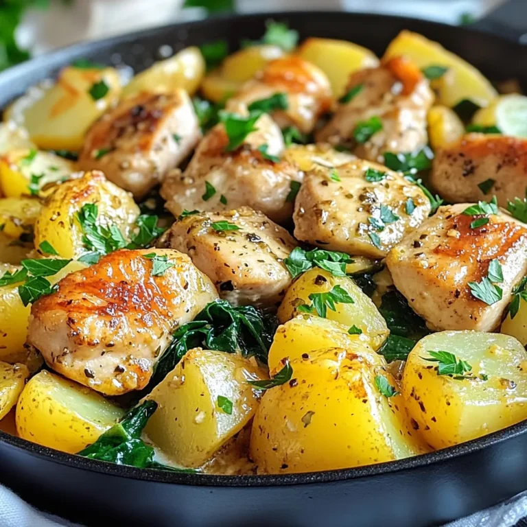 Für dieses leckere Gericht brauchst du folgende Hauptzutaten: - 2 Hähnchenbrustfilets ohne Haut und Knochen, gewürfelt - 4 mittelgroße Kartoffeln, in kleine Würfel geschnitten - 4 Esslöffel Butter (ungesalzen) - 6 Knoblauchzehen, gehackt - 1 Teelöffel getrockneter Thymian - 1 Teelöffel Paprika - 1/2 Teelöffel rote Pfefferflocken (optional) - Salz und Pfeffer nach Geschmack - 2 Tassen frischer Spinat - Frische Petersilie, gehackt, zum Garnieren Diese Zutaten geben deinem Gericht extra Geschmack: - Rote Pfefferflocken bringen etwas Schärfe. - Frische Petersilie sorgt für einen frischen Farbklecks. - Knoblauch ist der Star in diesem Rezept und verleiht ein tolles Aroma. Wähle frische Zutaten für das beste Ergebnis: - Achte darauf, dass das Hähnchen saftig und rosa ist. - Die Kartoffeln sollten fest und frei von Flecken sein. - Wähle frischen Spinat, der knusprig aussieht und grün ist. - Knoblauch sollte fest und ohne Keime sein. Mit diesen Zutaten und Tipps bereitest du ein köstliches Gericht zu. Lass deiner Kreativität freien Lauf! {{ingredient_image_2}} Zuerst erhitzt du in einer großen Pfanne 2 Esslöffel Butter. Die Butter sollte bei mittlerer Hitze schmelzen. Dann fügst du die gewürfelten Kartoffeln hinzu. Würze sie mit Salz und Pfeffer nach Geschmack. Brate die Kartoffeln für etwa 10-12 Minuten. Rühre sie hin und wieder um. Du willst, dass sie goldbraun und zart werden. Wenn die Kartoffeln fast fertig sind, schiebe sie zur Seite. In der freien Fläche gibst du die restlichen 2 Esslöffel Butter dazu. Sobald die Butter geschmolzen ist, legst du die gewürfelten Hähnchenbrustfilets hinein. Würze das Hähnchen mit Paprika, Thymian, roten Pfefferflocken, Salz und Pfeffer. Brate das Hähnchen für etwa 6-8 Minuten. Rühre es gelegentlich um, bis es goldbraun und durchgegart ist. Jetzt ist es Zeit für den Knoblauch! Rühre den gehackten Knoblauch in die Pfanne ein. Koche ihn für 1-2 Minuten, bis er aromatisch wird. Danach fügst du den frischen Spinat hinzu. Wende alles gut, bis der Spinat zusammenfällt. So bekommst du mehr Farbe und Geschmack in dein Gericht. Jetzt sind die Kartoffeln, das Hähnchen, der Knoblauch und der Spinat bereit zum Mischen! - Verwende frische Zutaten. Alte Kartoffeln oder Hähnchen können den Geschmack ruinieren. - Achte darauf, die Kartoffeln gleichmäßig zu schneiden. So garen sie gleichmäßig. - Rühre die Mischung nicht zu oft um. Lass das Hähnchen eine schöne Kruste bilden. - Lass den Knoblauch nicht anbrennen. Er wird bitter, wenn er zu lange kocht. - Eine große Pfanne: Ideal für das Braten der Kartoffeln und des Hähnchens. - Ein scharfes Messer: Zum Schneiden der Kartoffeln und des Hähnchens. - Ein Holzlöffel: Perfekt zum Umrühren, ohne die Pfanne zu zerkratzen. - Ein Schneidebrett: Für sicheres und sauberes Arbeiten in der Küche. - Füge Gemüse wie Paprika oder Zucchini hinzu. Das bringt mehr Farbe und Nährstoffe. - Experimentiere mit Gewürzen. Probiere italienische Kräuter oder Curry für einen neuen Geschmack. - Für mehr Schärfe kannst du mehr rote Pfefferflocken benutzen. - Garniere das Gericht mit einem Spritzer Zitronensaft. Das verleiht Frische und einen tollen Geschmack. Pro Tipps Hähnchen marinieren: Mariniere die Hähnchenbrustfilets einige Stunden im Voraus mit einem Spritzer Zitrone, Olivenöl und den Gewürzen für zusätzlichen Geschmack. Kartoffeln vorkochen: Koche die Kartoffeln für einige Minuten vor, um die Garzeit in der Pfanne zu verkürzen und eine gleichmäßige Konsistenz zu erreichen. Variationen hinzufügen: Experimentiere mit verschiedenen Gemüsesorten wie Paprika oder Zucchini, um Farbe und Nährstoffe zu erhöhen. Frische Kräuter verwenden: Ergänze das Gericht vor dem Servieren mit frischen Kräutern wie Basilikum oder Schnittlauch für ein zusätzliches Aroma. {{image_4}} Wenn du eine vegetarische Version des Knoblauchbutter Hühnchen Kartoffel Pfanne möchtest, kannst du Fleisch durch Tofu oder Tempeh ersetzen. Schneide den Tofu in Würfel und brate ihn wie das Hähnchen. Du kannst auch Kichererbsen verwenden. Sie geben dir Proteine und eine tolle Textur. Achte darauf, dass du die Gewürze anpasst, um den Geschmack zu intensivieren. Gemüse wie Zucchini oder Paprika passen auch gut dazu. Für zusätzliche Aromen kannst du andere Gewürze ausprobieren. Curry-Pulver gibt dem Gericht eine neue Note. Frische Kräuter wie Basilikum oder Oregano bringen einen frischen Geschmack. Wenn du es schärfer magst, füge mehr rote Pfefferflocken hinzu. Die Auswahl der Gewürze hängt von deinem Geschmack ab. Experimentiere und finde die perfekte Mischung für dich. Zu diesem Gericht passen viele Beilagen. Ein einfacher grüner Salat sorgt für Frische. Auch gebratenes Gemüse wie Brokkoli oder grüne Bohnen sind eine tolle Wahl. Reis oder Quinoa sind nahrhafte Optionen und fügen mehr Füllung hinzu. Wenn du Brot magst, probiere ein knuspriges Baguette, um die köstliche Knoblauchbutter aufzusaugen. Wenn du Reste hast, lass das Gericht zuerst abkühlen. Fülle es dann in einen luftdichten Behälter. So bleibt der Geschmack erhalten. Du kannst die Reste bis zu drei Tage im Kühlschrank lagern. Es ist wichtig, die Reste nicht länger draußen stehen zu lassen, um Bakterien zu vermeiden. Um das Gericht aufzuwärmen, benutze eine Pfanne bei mittlerer Hitze. Füge etwas Wasser oder Brühe hinzu, um es saftig zu halten. Rühre oft, damit alles gleichmäßig warm wird. Du kannst auch die Mikrowelle nutzen. Stelle das Gericht in eine mikrowellengeeignete Schüssel und decke sie ab. Erwärme es in 1-2 Minuten, bis es heiß ist. Die Zutaten haben unterschiedliche Haltbarkeiten. Frische Hähnchenbrust sollte innerhalb von 1-2 Tagen verwendet werden. Kartoffeln können bis zu einer Woche haltbar sein, wenn sie kühl und trocken gelagert werden. Knoblauch bleibt bis zu zwei Monate frisch, wenn er an einem dunklen Ort aufbewahrt wird. Überprüfe die Zutaten regelmäßig, um sicherzustellen, dass sie noch gut sind. Die gesamte Zubereitungszeit beträgt etwa 30 Minuten. Du brauchst 15 Minuten für die Vorbereitung und 15 Minuten zum Kochen. Das macht es zu einem schnellen Gericht für einen Wochentag. Du kannst in dieser Zeit die Kartoffeln und das Hähnchen gleichzeitig zubereiten. Das spart Zeit, und du hast schneller ein köstliches Essen. Ja, du kannst gefrorenes Hähnchen verwenden. Achte darauf, es vorher vollständig aufzutauen. Aufgetautes Hähnchen gart gleichmäßiger. Wenn das Hähnchen gefroren ist, dauert das Kochen länger. Plane also etwas mehr Zeit ein. Verwende einen Fleischthermometer, um sicherzustellen, dass das Hähnchen die richtige Temperatur erreicht hat. Ja, das Rezept ist von Natur aus glutenfrei. Verwende nur frische Zutaten ohne Gluten. Achte darauf, dass die Gewürze keine versteckten Glutenquellen enthalten. Du kannst auch glutenfreies Brot verwenden, falls du eine Beilage möchtest. So bleibt das Gericht lecker und sicher für alle, die Gluten meiden. In diesem Blogbeitrag haben wir alles Wichtige für ein schmackhaftes Gericht besprochen. Wir haben die besten Zutaten und deren Menge hervorgehoben. Außerdem gab es eine Schritt-für-Schritt-Anleitung, die einfach zu folgen ist. Nutzen Sie die Tipps, um häufige Fehler zu vermeiden. Variationen zeigen, dass Sie kreativ sein können. Achten Sie auf die richtige Lagerung, damit nichts verschwendet wird. Mit diesen Informationen werden Sie ein tolles Gericht zubereiten. Viel Spaß beim Kochen!