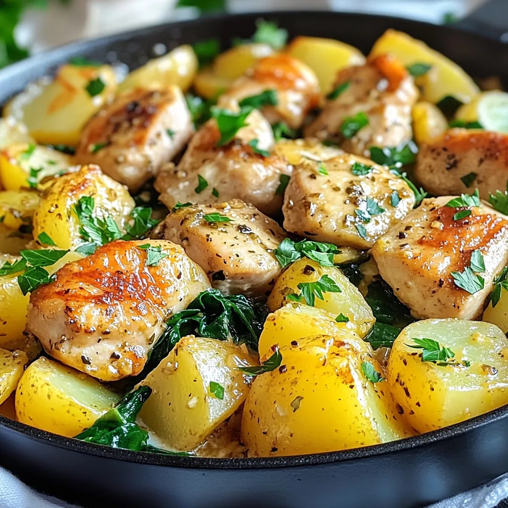 Für dieses leckere Gericht brauchst du folgende Hauptzutaten: - 2 Hähnchenbrustfilets ohne Haut und Knochen, gewürfelt - 4 mittelgroße Kartoffeln, in kleine Würfel geschnitten - 4 Esslöffel Butter (ungesalzen) - 6 Knoblauchzehen, gehackt - 1 Teelöffel getrockneter Thymian - 1 Teelöffel Paprika - 1/2 Teelöffel rote Pfefferflocken (optional) - Salz und Pfeffer nach Geschmack - 2 Tassen frischer Spinat - Frische Petersilie, gehackt, zum Garnieren Diese Zutaten geben deinem Gericht extra Geschmack: - Rote Pfefferflocken bringen etwas Schärfe. - Frische Petersilie sorgt für einen frischen Farbklecks. - Knoblauch ist der Star in diesem Rezept und verleiht ein tolles Aroma. Wähle frische Zutaten für das beste Ergebnis: - Achte darauf, dass das Hähnchen saftig und rosa ist. - Die Kartoffeln sollten fest und frei von Flecken sein. - Wähle frischen Spinat, der knusprig aussieht und grün ist. - Knoblauch sollte fest und ohne Keime sein. Mit diesen Zutaten und Tipps bereitest du ein köstliches Gericht zu. Lass deiner Kreativität freien Lauf! {{ingredient_image_2}} Zuerst erhitzt du in einer großen Pfanne 2 Esslöffel Butter. Die Butter sollte bei mittlerer Hitze schmelzen. Dann fügst du die gewürfelten Kartoffeln hinzu. Würze sie mit Salz und Pfeffer nach Geschmack. Brate die Kartoffeln für etwa 10-12 Minuten. Rühre sie hin und wieder um. Du willst, dass sie goldbraun und zart werden. Wenn die Kartoffeln fast fertig sind, schiebe sie zur Seite. In der freien Fläche gibst du die restlichen 2 Esslöffel Butter dazu. Sobald die Butter geschmolzen ist, legst du die gewürfelten Hähnchenbrustfilets hinein. Würze das Hähnchen mit Paprika, Thymian, roten Pfefferflocken, Salz und Pfeffer. Brate das Hähnchen für etwa 6-8 Minuten. Rühre es gelegentlich um, bis es goldbraun und durchgegart ist. Jetzt ist es Zeit für den Knoblauch! Rühre den gehackten Knoblauch in die Pfanne ein. Koche ihn für 1-2 Minuten, bis er aromatisch wird. Danach fügst du den frischen Spinat hinzu. Wende alles gut, bis der Spinat zusammenfällt. So bekommst du mehr Farbe und Geschmack in dein Gericht. Jetzt sind die Kartoffeln, das Hähnchen, der Knoblauch und der Spinat bereit zum Mischen! - Verwende frische Zutaten. Alte Kartoffeln oder Hähnchen können den Geschmack ruinieren. - Achte darauf, die Kartoffeln gleichmäßig zu schneiden. So garen sie gleichmäßig. - Rühre die Mischung nicht zu oft um. Lass das Hähnchen eine schöne Kruste bilden. - Lass den Knoblauch nicht anbrennen. Er wird bitter, wenn er zu lange kocht. - Eine große Pfanne: Ideal für das Braten der Kartoffeln und des Hähnchens. - Ein scharfes Messer: Zum Schneiden der Kartoffeln und des Hähnchens. - Ein Holzlöffel: Perfekt zum Umrühren, ohne die Pfanne zu zerkratzen. - Ein Schneidebrett: Für sicheres und sauberes Arbeiten in der Küche. - Füge Gemüse wie Paprika oder Zucchini hinzu. Das bringt mehr Farbe und Nährstoffe. - Experimentiere mit Gewürzen. Probiere italienische Kräuter oder Curry für einen neuen Geschmack. - Für mehr Schärfe kannst du mehr rote Pfefferflocken benutzen. - Garniere das Gericht mit einem Spritzer Zitronensaft. Das verleiht Frische und einen tollen Geschmack. Pro Tipps Hähnchen marinieren: Mariniere die Hähnchenbrustfilets einige Stunden im Voraus mit einem Spritzer Zitrone, Olivenöl und den Gewürzen für zusätzlichen Geschmack. Kartoffeln vorkochen: Koche die Kartoffeln für einige Minuten vor, um die Garzeit in der Pfanne zu verkürzen und eine gleichmäßige Konsistenz zu erreichen. Variationen hinzufügen: Experimentiere mit verschiedenen Gemüsesorten wie Paprika oder Zucchini, um Farbe und Nährstoffe zu erhöhen. Frische Kräuter verwenden: Ergänze das Gericht vor dem Servieren mit frischen Kräutern wie Basilikum oder Schnittlauch für ein zusätzliches Aroma. {{image_4}} Wenn du eine vegetarische Version des Knoblauchbutter Hühnchen Kartoffel Pfanne möchtest, kannst du Fleisch durch Tofu oder Tempeh ersetzen. Schneide den Tofu in Würfel und brate ihn wie das Hähnchen. Du kannst auch Kichererbsen verwenden. Sie geben dir Proteine und eine tolle Textur. Achte darauf, dass du die Gewürze anpasst, um den Geschmack zu intensivieren. Gemüse wie Zucchini oder Paprika passen auch gut dazu. Für zusätzliche Aromen kannst du andere Gewürze ausprobieren. Curry-Pulver gibt dem Gericht eine neue Note. Frische Kräuter wie Basilikum oder Oregano bringen einen frischen Geschmack. Wenn du es schärfer magst, füge mehr rote Pfefferflocken hinzu. Die Auswahl der Gewürze hängt von deinem Geschmack ab. Experimentiere und finde die perfekte Mischung für dich. Zu diesem Gericht passen viele Beilagen. Ein einfacher grüner Salat sorgt für Frische. Auch gebratenes Gemüse wie Brokkoli oder grüne Bohnen sind eine tolle Wahl. Reis oder Quinoa sind nahrhafte Optionen und fügen mehr Füllung hinzu. Wenn du Brot magst, probiere ein knuspriges Baguette, um die köstliche Knoblauchbutter aufzusaugen. Wenn du Reste hast, lass das Gericht zuerst abkühlen. Fülle es dann in einen luftdichten Behälter. So bleibt der Geschmack erhalten. Du kannst die Reste bis zu drei Tage im Kühlschrank lagern. Es ist wichtig, die Reste nicht länger draußen stehen zu lassen, um Bakterien zu vermeiden. Um das Gericht aufzuwärmen, benutze eine Pfanne bei mittlerer Hitze. Füge etwas Wasser oder Brühe hinzu, um es saftig zu halten. Rühre oft, damit alles gleichmäßig warm wird. Du kannst auch die Mikrowelle nutzen. Stelle das Gericht in eine mikrowellengeeignete Schüssel und decke sie ab. Erwärme es in 1-2 Minuten, bis es heiß ist. Die Zutaten haben unterschiedliche Haltbarkeiten. Frische Hähnchenbrust sollte innerhalb von 1-2 Tagen verwendet werden. Kartoffeln können bis zu einer Woche haltbar sein, wenn sie kühl und trocken gelagert werden. Knoblauch bleibt bis zu zwei Monate frisch, wenn er an einem dunklen Ort aufbewahrt wird. Überprüfe die Zutaten regelmäßig, um sicherzustellen, dass sie noch gut sind. Die gesamte Zubereitungszeit beträgt etwa 30 Minuten. Du brauchst 15 Minuten für die Vorbereitung und 15 Minuten zum Kochen. Das macht es zu einem schnellen Gericht für einen Wochentag. Du kannst in dieser Zeit die Kartoffeln und das Hähnchen gleichzeitig zubereiten. Das spart Zeit, und du hast schneller ein köstliches Essen. Ja, du kannst gefrorenes Hähnchen verwenden. Achte darauf, es vorher vollständig aufzutauen. Aufgetautes Hähnchen gart gleichmäßiger. Wenn das Hähnchen gefroren ist, dauert das Kochen länger. Plane also etwas mehr Zeit ein. Verwende einen Fleischthermometer, um sicherzustellen, dass das Hähnchen die richtige Temperatur erreicht hat. Ja, das Rezept ist von Natur aus glutenfrei. Verwende nur frische Zutaten ohne Gluten. Achte darauf, dass die Gewürze keine versteckten Glutenquellen enthalten. Du kannst auch glutenfreies Brot verwenden, falls du eine Beilage möchtest. So bleibt das Gericht lecker und sicher für alle, die Gluten meiden. In diesem Blogbeitrag haben wir alles Wichtige für ein schmackhaftes Gericht besprochen. Wir haben die besten Zutaten und deren Menge hervorgehoben. Außerdem gab es eine Schritt-für-Schritt-Anleitung, die einfach zu folgen ist. Nutzen Sie die Tipps, um häufige Fehler zu vermeiden. Variationen zeigen, dass Sie kreativ sein können. Achten Sie auf die richtige Lagerung, damit nichts verschwendet wird. Mit diesen Informationen werden Sie ein tolles Gericht zubereiten. Viel Spaß beim Kochen!