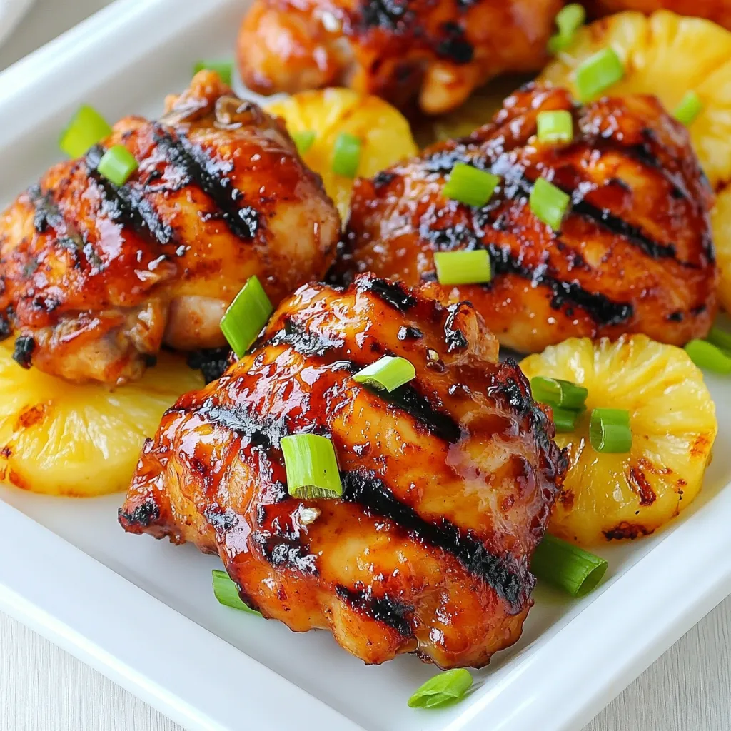 Um Huli Huli Chicken zuzubereiten, brauchst du folgende Hauptzutaten: - 4 Hähnchenschenkel (mit Knochen und Haut) - 60 ml Sojasauce - 60 g brauner Zucker - 60 ml Ananassaft - 30 ml Ketchup - 15 ml Apfelessig - 1 Teelöffel geriebener Ingwer - 2 Knoblauchzehen, fein gehackt - 1/2 Teelöffel schwarzer Pfeffer - 1/4 Teelöffel rote Pfefferflocken (optional für Schärfe) Diese Zutaten geben dem Hähnchen den besonderen Geschmack, der es so beliebt macht. Um dein Huli Huli Chicken zu verschönern, empfehle ich: - Gehackte Frühlingszwiebeln zum Garnieren - Ananasscheiben zum Grillen Die Frühlingszwiebeln bringen Frische, während die Ananas süß und karamellisiert schön aussieht. Wenn du keine bestimmten Zutaten hast, hier sind einige Ersatzstoffe: - Sojasauce: Verwende Tamari für eine glutenfreie Option. - Brauner Zucker: Weißer Zucker mit etwas Melasse funktioniert gut. - Ananassaft: Nimm Mango- oder Orangensaft für einen anderen Geschmack. Diese Alternativen können dir helfen, das Rezept anzupassen und trotzdem lecker zu bleiben. {{ingredient_image_2}} Um die Marinade für dein Hawaiian Huli Huli Chicken zu machen, nimm eine große Schüssel. Mische folgende Zutaten gut: - 60 ml Sojasauce - 60 g brauner Zucker - 60 ml Ananassaft - 30 ml Ketchup - 15 ml Apfelessig - 1 Teelöffel geriebener Ingwer - 2 Knoblauchzehen, fein gehackt - 1/2 Teelöffel schwarzer Pfeffer - 1/4 Teelöffel rote Pfefferflocken (optional) Rühre alles so lange, bis der Zucker sich auflöst. Diese Marinade gibt dem Hähnchen viel Geschmack. Jetzt kommt das Hähnchen. Nimm 4 Hähnchenschenkel und lege sie in einen großen, wiederverschließbaren Beutel oder eine flache Schale. Gieße die Marinade gleichmäßig über die Hähnchenschenkel. Schließe den Beutel oder decke die Schale ab. Lass das Hähnchen 2 Stunden oder über Nacht im Kühlschrank marinieren. So zieht der Geschmack richtig ein. Heize deinen Grill auf mittelhohe Temperatur vor. Nimm die Hähnchenschenkel aus der Marinade. Bewahre die Marinade auf. Lege die Hähnchenschenkel mit der Hautseite nach unten auf den Grill. Grill sie etwa 6-7 Minuten, bis die Haut knusprig ist. Wende die Hähnchen und bestreiche sie mit der aufbewahrten Marinade. Grill das Hähnchen weitere 6-7 Minuten, bis die Innentemperatur 75°C erreicht. In den letzten 2-3 Minuten, lege die Ananasscheiben auf den Grill. Grill sie, bis sie karamellisiert sind. Nimm das Hähnchen und die Ananas vom Grill. Lass das Hähnchen ein paar Minuten ruhen, bevor du es in Scheiben schneidest. Jetzt kannst du dein Huli Huli Chicken genießen! Die Marinierzeit ist wichtig für den Geschmack. Ich empfehle, das Hähnchen mindestens zwei Stunden zu marinieren. So zieht die Marinade gut ein. Für noch mehr Geschmack kannst du das Hähnchen über Nacht einlegen. Das gibt dem Fleisch Zeit, die Aromen richtig aufzunehmen. Um das Hähnchen perfekt zu grillen, achte auf die Temperatur. Stelle den Grill auf mittelhohe Hitze ein. Lege die Hähnchenschenkel mit der Hautseite nach unten auf den Grill. So wird die Haut knusprig. Wende das Hähnchen nach 6-7 Minuten und bestreiche es mit der Marinade. Das sorgt für Saftigkeit und Geschmack. Achte darauf, dass die innere Temperatur 75°C erreicht. Ananasscheiben sind eine tolle Beilage. Lege sie in den letzten 2-3 Minuten auf den Grill. So karamellisieren sie und bekommen schöne Grillstreifen. Das fügt eine süße Note hinzu, die gut zum Hähnchen passt. Die Kombination aus Hähnchen und gegrillter Ananas macht das Gericht besonders lecker. Profi Tipps Marinade richtig einziehen lassen: Je länger das Hähnchen in der Marinade bleibt, desto intensiver wird der Geschmack. Über Nacht im Kühlschrank ist ideal. Grilltemperatur beachten: Achte darauf, dass der Grill auf mittelhohe Temperatur vorgeheizt wird, um gleichmäßiges Garen und eine knusprige Haut zu gewährleisten. Hähnchen ruhen lassen: Nach dem Grillen das Hähnchen einige Minuten ruhen lassen, damit die Säfte sich setzen können und das Fleisch saftiger bleibt. Ananas perfekt grillen: Lege die Ananasscheiben in den letzten Minuten auf den Grill, um sie karamellisieren zu lassen und die Süße zu intensivieren. {{image_4}} Wenn du keinen Grill hast, kannst du Huli Huli Chicken auch im Ofen zubereiten. Heize deinen Ofen auf 200°C vor. Lege die Hähnchenschenkel in eine Auflaufform und gieße die Marinade darüber. Decke die Form mit Alufolie ab. Backe das Hähnchen für 30 Minuten. Danach nimm die Folie ab und backe es weitere 15-20 Minuten. So wird das Hähnchen schön saftig, und die Haut wird knusprig. Für eine vegetarische oder vegane Variante kannst du Tofu verwenden. Schneide den Tofu in dicke Scheiben und mariniere ihn wie das Hähnchen. Grill oder backe den Tofu ebenfalls, bis er goldbraun ist. Du kannst auch Gemüse wie Paprika oder Zucchini marinieren und sie grillen. Sie bekommen einen tollen, rauchigen Geschmack. Wenn du es schärfer magst, füge mehr rote Pfefferflocken zur Marinade hinzu. Du kannst auch frischen Jalapeño oder Sriracha hinzufügen. Diese Zutaten bringen mehr Würze und Tiefe in das Gericht. Achte darauf, die Schärfe nach deinem Geschmack anzupassen. So wird dein Huli Huli Chicken zum echten Highlight! Wenn du Huli Huli Chicken übrig hast, lagere es am besten in einem luftdichten Behälter. So bleibt das Hähnchen frisch und saftig. Stelle sicher, dass das Hähnchen auf Raumtemperatur abgekühlt ist, bevor du es in den Kühlschrank gibst. Es hält sich dort bis zu drei Tage. Um das Huli Huli Chicken länger haltbar zu machen, kannst du es einfrieren. Wicke die Hähnchenschenkel gut in Frischhaltefolie ein. Lege sie dann in einen Gefrierbeutel. So vermeidest du Gefrierbrand. Das Chicken kann bis zu drei Monate im Gefrierfach bleiben. Zum Auftauen lege es einfach über Nacht in den Kühlschrank. Du kannst Reste von Huli Huli Chicken in vielen Gerichten nutzen. Schneide das Hähnchen klein und füge es Salaten hinzu. Du kannst auch Wraps oder Sandwiches machen. Eine andere Idee ist ein Huli Huli Chicken-Reisgericht. Mische das Hähnchen mit gekochtem Reis und Gemüse. So schaffst du eine neue, leckere Mahlzeit! Huli Huli Chicken kommt aus Hawaii. Die Tradition begann in den 1950er Jahren. Der Name "Huli Huli" bedeutet "drehen" auf Hawaiianisch. Die Köche grillen das Hähnchen und drehen es oft, um eine gleichmäßige Garung zu erreichen. Diese Methode macht das Hähnchen besonders saftig und aromatisch. Huli Huli Chicken wird oft bei Festen und Grillpartys serviert. Es ist ein Symbol der hawaiianischen Küche und Kultur. Ja, du kannst das Rezept leicht anpassen. Wenn du Hähnchenbrust magst, verwende diese anstelle von Hähnchenschenkeln. Du kannst auch andere Saucen ausprobieren. Zum Beispiel BBQ-Sauce oder Teriyaki-Sauce. Für eine schärfere Variante füge mehr rote Pfefferflocken hinzu. Wenn du keine Ananas magst, lasse sie weg oder ersetze sie durch Paprika. Sei kreativ und finde heraus, was dir am besten schmeckt! Huli Huli Chicken bleibt im Kühlschrank etwa drei bis vier Tage frisch. Achte darauf, es in einem luftdichten Behälter aufzubewahren. Du kannst das Hähnchen auch einfrieren. Im Gefrierschrank hält es bis zu drei Monate. Lasse es einfach langsam im Kühlschrank auftauen, bevor du es erhitzt. So bleibt der Geschmack erhalten. Huli Huli Chicken ist einfach zuzubereiten und macht jeden Grillabend besonders. Wir haben die Hauptzutaten, die Zubereitung und tolle Tipps durchgearbeitet. Variationen und Aufbewahrung machen das Gericht noch flexibler. Denke daran, die Marinade gut einziehen zu lassen, um den besten Geschmack zu erzielen. Ob du es grillst oder im Ofen zubereitest – es wird lecker sein. Probiere verschiedene Varianten aus und mache deine eigene Note. Viel Spaß beim Kochen!