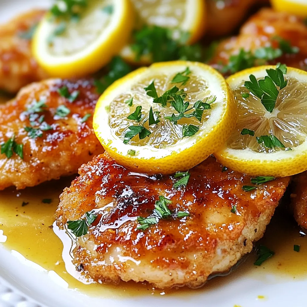 Für ein köstliches Chicken Francese benötigst du folgende Zutaten: - 4 Hähnchenbrustfilets, ohne Haut und Knochen - Salz und Pfeffer, nach Geschmack - 1 Tasse Weizenmehl - 2 große Eier - 2 Esslöffel frischer Zitronensaft - 1 Esslöffel frisch gehackte Petersilie - 1/2 Teelöffel Knoblauchpulver - 1/4 Teelöffel schwarzer Pfeffer - 1/4 Tasse Olivenöl (zum Braten) - 1 Tasse natriumarme Hühnerbrühe - 2 Esslöffel ungesalzene Butter - Zitronenscheiben, zur Dekoration - Zusätzliche gehackte Petersilie, zur Dekoration Frische Zutaten machen den Unterschied. Achte darauf, dass die Hähnchenbrustfilets frisch sind. Sie sollten eine gleichmäßige Farbe haben und gut riechen. Frische Zitronen geben dem Gericht den besten Geschmack. Verwende frische Petersilie, wenn möglich. Dies sorgt für mehr Aroma und Farbe. Wenn du keine Hähnchenbrust hast, kannst du auch Hähnchenschenkel verwenden. Sie sind saftiger und haben viel Geschmack. Für eine glutenfreie Option benutze Mandelmehl oder glutenfreies Mehl. Du kannst auch die Butter durch Olivenöl ersetzen, wenn du eine leichtere Variante möchtest. {{ingredient_image_2}} Zuerst bereiten wir das Hähnchen vor. Nehmen Sie die Hähnchenbrustfilets und legen Sie sie zwischen zwei Frischhaltefolien. Klopfen Sie die Filets vorsichtig mit einem Fleischklopfer. Ziel ist eine gleichmäßige Dicke von etwa 1,5 cm. So garen sie gleichmäßig. Würzen Sie beide Seiten mit Salz und Pfeffer, um den Geschmack zu verbessern. Jetzt richten wir die Panierstation ein. Nehmen Sie eine flache Schüssel und füllen Sie sie mit Weizenmehl. In einer anderen Schüssel verquirlen Sie zwei Eier. Fügen Sie frischen Zitronensaft, Knoblauchpulver, schwarzen Pfeffer und gehackte Petersilie hinzu. Mischen Sie alles gut. Dies wird die Panade für das Hähnchen. Nun kommt der interessante Teil: das Hähnchen panieren. Nehmen Sie ein Hähnchenbrustfilet und wenden Sie es im Mehl. Schütteln Sie das überschüssige Mehl ab. Tauchen Sie das Filet dann in die Eiermischung und lassen Sie den Überschuss abtropfen. Wiederholen Sie dies mit allen Filets. Erhitzen Sie Olivenöl in einer großen Pfanne bei mittlerer Hitze. Sobald das Öl heiß ist, geben Sie die panierten Hähnchenbrüste hinein. Braten Sie sie in Chargen, um Überfüllung zu vermeiden. Garen Sie jede Seite 4-5 Minuten, bis sie goldbraun sind. Nehmen Sie das Hähnchen aus der Pfanne und legen Sie es auf einen Teller mit Küchenpapier. Jetzt machen wir die Soße. Geben Sie die Hühnerbrühe in die gleiche Pfanne. Bringen Sie die Brühe zum Köcheln und lösen Sie die Reste vom Boden. Fügen Sie die ungesalzene Butter hinzu und rühren Sie, bis sie geschmolzen ist. Geben Sie das gegarte Hähnchen zurück in die Pfanne. Lassen Sie es 2-3 Minuten in der Soße simmern, damit die Aromen sich verbinden. Zum Schluss richten Sie das Hähnchen an. Nehmen Sie Servierteller und legen Sie die Hähnchenbrustfilets darauf. Träufeln Sie die Soße darüber. Garnieren Sie mit frischen Zitronenscheiben und zusätzlicher gehackter Petersilie. Servieren Sie das Gericht heiß und genießen Sie es! Um die Panade perfekt zu machen, achte auf die Dicke des Hühnchens. Klopfe die Hähnchenbrustfilets gleichmäßig auf 1,5 cm. Das sorgt für gleichmäßiges Garen. Nutze frisches Mehl für die Panade. Mische die Eier gut mit dem Zitronensaft und der Petersilie. So haftet die Panade besser. Wende das Hühnchen im Mehl und schüttle überschüssiges Mehl ab. So bleibt die Panade knusprig. Ein häufiger Fehler ist, das Hühnchen zu überladen. Brate lieber in kleinen Chargen. Das sorgt für eine gleichmäßige Bräunung. Lass das Öl nicht zu heiß werden, sonst verbrennt die Panade. Achte darauf, die Hähnchenstücke nicht zu lange in der Eimischung zu lassen. Zu viel Flüssigkeit kann die Panade aufweichen. Und vergiss nicht, die Pfanne nach dem Braten gut zu reinigen. So bleibt der Geschmack der Soße rein. Für mehr Geschmack kannst du frische Kräuter verwenden. Petersilie ist eine tolle Wahl. Füge auch etwas Zitrone zur Soße hinzu. Das gibt einen frischen Kick. Anstelle von Wasser kannst du auch Hühnerbrühe verwenden, um die Soße reichhaltiger zu machen. Experimentiere mit Gewürzen wie Paprika oder italienischen Kräutern. So erhält dein Chicken Francese eine persönliche Note. Pro Tipps Hühnchen gleichmäßig klopfen: Durch das Klopfen der Hähnchenbrustfilets auf eine gleichmäßige Dicke stellt man sicher, dass sie gleichmäßig garen und nicht trocken werden. Mehl gut abklopfen: Nachdem Sie das Hühnchen im Mehl gewendet haben, schütteln Sie überschüssiges Mehl ab, um eine knusprige, gleichmäßige Panade zu erhalten. Öl richtig erhitzen: Warten Sie, bis das Olivenöl heiß genug ist, bevor Sie das Hühnchen hinzufügen. Ein heißes Öl sorgt für eine perfekte goldbraune Kruste. Soße nicht überkochen: Achten Sie darauf, die Soße nur leicht köcheln zu lassen, um ihren Geschmack und die Konsistenz zu bewahren. Ein sanftes Simmern ist ideal. {{image_4}} Wenn Sie eine glutenfreie Diät haben, können Sie einfach die Weizenmehl durch glutenfreies Mehl ersetzen. Viele Marken bieten gute Optionen, die sich gut zum Panieren eignen. Achten Sie darauf, dass das glutenfreie Mehl gut haftet. Das gibt Ihnen eine knusprige Textur. Für eine vegetarische Version können Sie Hähnchen durch Auberginen oder Zucchini ersetzen. Schneiden Sie das Gemüse in gleichmäßige Scheiben. Panieren Sie es wie im Rezept beschrieben. Die Aromen von Zitronensaft und Kräutern passen perfekt zu Gemüse. Nutzen Sie saisonale Zutaten, um das Gericht zu variieren. Im Frühling können Sie Spargel oder Erbsen hinzufügen. Im Sommer passen frische Tomaten gut. Im Herbst können Sie Kürbis oder Süßkartoffeln ausprobieren. Diese Zutaten bringen frische Aromen und Farben auf den Teller. Um übrig gebliebenes Chicken Francese richtig zu lagern, lassen Sie es zuerst abkühlen. Wickeln Sie die Hähnchenstücke in Frischhaltefolie oder legen Sie sie in einen luftdichten Behälter. So bleibt das Gericht frisch. Lagern Sie das Hühnchen im Kühlschrank. Es hält sich dort bis zu drei Tage. Wenn Sie Chicken Francese länger aufbewahren möchten, können Sie es einfrieren. Stellen Sie sicher, dass das Gericht vollständig abgekühlt ist. Teilen Sie die Portionen auf und legen Sie sie in Gefrierbeutel. Drücken Sie die Luft heraus, bevor Sie sie schließen. So bleibt der Geschmack gut erhalten. Zum Auftauen legen Sie das Hühnchen einfach über Nacht in den Kühlschrank. Vermeiden Sie das Auftauen in der Mikrowelle, da dies die Textur beeinträchtigen kann. Um das Chicken Francese wieder zu erwärmen, nutzen Sie eine Pfanne oder den Ofen. In einer Pfanne erhitzen Sie etwas Olivenöl bei mittlerer Hitze. Fügen Sie das Hühnchen hinzu und erwärmen Sie es sanft. Im Ofen legen Sie das Hühnchen in eine Auflaufform und decken es mit Aluminiumfolie ab. Erwärmen Sie es bei 180 Grad Celsius für etwa 15-20 Minuten. So bleibt das Hühnchen saftig und lecker. Chicken Francese ist ein leckeres Hühnchengericht. Es besteht aus Hühnchen, das in Mehl und Ei gewendet wird. Dann wird es in Olivenöl gebraten. Die Soße ist eine Mischung aus Hühnerbrühe, Zitronensaft und Butter. Das Gericht hat einen frischen, zitronigen Geschmack und ist einfach zuzubereiten. Viele lieben es wegen seiner knusprigen Kruste und der zarten Textur. Um Chicken Francese gesünder zu machen, können Sie einige einfache Schritte befolgen: - Verwenden Sie weniger Öl beim Braten. - Ersetzen Sie die Butter durch eine leichtere Alternative oder lassen Sie sie ganz weg. - Nutzen Sie Vollkornmehl statt Weizenmehl für mehr Ballaststoffe. - Fügen Sie mehr Gemüse hinzu, um das Gericht ausgewogener zu gestalten. Diese Änderungen helfen, Kalorien zu sparen und den Nährwert zu steigern. Ja, Sie können Chicken Francese im Voraus zubereiten. Sie können das Hühnchen panieren und im Kühlschrank lagern. Braten Sie es einfach kurz vor dem Servieren. Für die Soße können Sie die Brühe und die Butter im Voraus mischen. Erwärmen Sie die Soße, wenn das Hühnchen fertig ist. So sparen Sie Zeit und können das Gericht schnell genießen. Typisch serviert man Chicken Francese mit Beilagen wie: - Knoblauchkartoffelpüree - Gedämpftem Spargel - Pasta in leichter Soße - Frischem Salat Diese Beilagen ergänzen den Geschmack des Hühnchens und machen das Essen rund. Sie bieten eine schöne Balance zu dem reichen, zitronigen Geschmack. Chicken Francese bietet einen klaren und einfachen Weg, um leckeres Hähnchen zuzubereiten. Wir haben die wichtigen Zutaten, die Zubereitung und nützliche Tipps behandelt. Außerdem als Bonus einige Variationen und Aufbewahrungstipps gegeben. Denke daran, frische Zutaten und die richtigen Zubereitungsmethoden zu nutzen. Ob du nach Alternativen suchst oder Fehler vermeiden willst, diese Infos helfen dir weiter. Experimentiere und finde deine Lieblingsversion!