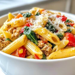 - 225 g Pasta (Penne oder Fettuccine) - 450 g Hühnerhackfleisch - 2 Esslöffel Olivenöl - 1 kleine Zwiebel, fein gehackt - 3 Knoblauchzehen, gehackt - 1 rote Paprika, gewürfelt - 1 Tasse Spinat, grob gehackt - 1 Teelöffel italienische Gewürze - 1 Teelöffel rote Pfefferflocken - Salz und Pfeffer nach Geschmack - 240 ml Hühnerbrühe - 1 Tasse Kirschtomaten, halbiert - Frisches Basilikum zur Garnitur - Geriebener Parmesan zum Servieren Ich liebe es, mit frischen Zutaten zu arbeiten. Beginnen wir mit den Hauptzutaten. Du brauchst 225 g Pasta, entweder Penne oder Fettuccine. Wähle, was dir besser gefällt. Das Hühnerhackfleisch bringt viel Geschmack und Protein. Du benötigst 450 g davon. Verwende 2 Esslöffel Olivenöl, um alles schön anzubraten. Jetzt kommen die Gemüse und Gewürze. Die Basis ist eine kleine Zwiebel, die du fein hackst. Füge 3 gehackte Knoblauchzehen hinzu. Diese beiden Zutaten geben der Pfanne ein tolles Aroma. Dann kommt die rote Paprika, gewürfelt. Sie gibt Farbe und Süße. Ein Tasse grob gehackter Spinat bringt Frische. Für den Geschmack nimm 1 Teelöffel italienische Gewürze und 1 Teelöffel rote Pfefferflocken. Salz und Pfeffer nach Geschmack runden alles ab. Für die Flüssigkeit brauchst du 240 ml Hühnerbrühe. Sie gibt der Sauce eine schöne Tiefe. Halbiere 1 Tasse Kirschtomaten für einen fruchtigen Geschmack. Garnieren kannst du das Gericht mit frischem Basilikum. Ein bisschen geriebener Parmesan macht es perfekt. {{ingredient_image_2}} - Bringen Sie einen großen Topf mit gesalzenem Wasser zum Kochen. - Kochen Sie die Pasta gemäß der Packungsanweisung, bis sie al dente ist. Achten Sie darauf, die Pasta nicht zu überkochen. - Gießen Sie die Pasta ab, aber bewahren Sie 120 ml Nudelwasser auf. Dieses Wasser hilft, die Sauce später zu binden. - Erhitzen Sie das Olivenöl in einer großen Pfanne bei mittlerer Hitze. - Fügen Sie die gehackte Zwiebel hinzu und braten Sie sie für 3-4 Minuten, bis sie glasig ist. - Geben Sie den gehackten Knoblauch und die gewürfelte rote Paprika dazu. Braten Sie das Gemüse weitere 2-3 Minuten, bis es weich ist. - Schieben Sie das Gemüse zur Seite der Pfanne. - Geben Sie das Hühnerhackfleisch in die Pfanne. - Kochen Sie es unter ständigem Rühren, bis es durchgegart und goldbraun ist. Dies dauert etwa 6-8 Minuten. - Rühren Sie den grob gehackten Spinat, die italienischen Gewürze und die roten Pfefferflocken ein. - Kochen Sie alles, bis der Spinat verwelkt ist. - Gießen Sie die Hühnerbrühe dazu und bringen Sie alles zum Köcheln. - Fügen Sie die halbierten Kirschtomaten hinzu und lassen Sie die Sauce für weitere 3-4 Minuten köcheln. - Geben Sie die gekochte Pasta in die Pfanne und vermengen Sie alles gut. - Wenn die Mischung zu trocken erscheint, fügen Sie nach Bedarf etwas des aufbewahrten Nudelwassers hinzu. Dies sorgt für eine schöne, cremige Konsistenz. - Schmecken Sie die Mischung mit Salz und Pfeffer ab. - Nehmen Sie die Pfanne vom Herd und lassen Sie sie eine Minute stehen. So entfalten sich die Aromen besser. - Servieren Sie das Gericht heiß, garniert mit frischem Basilikum und einer großzügigen Menge geriebenem Parmesan. - Pasta al dente kochen: Kochen Sie die Pasta bis sie fest ist. So bleibt sie bissfest und saugt die Sauce gut auf. Prüfen Sie die Packungsanweisung. - Hackfleisch gut anbraten: Braten Sie das Hühnerhackfleisch in der Pfanne, bis es goldbraun ist. Dies gibt dem Fleisch mehr Geschmack und eine bessere Textur. - Schärfe vom roten Pfeffer anpassen: Fügen Sie rote Pfefferflocken nach Geschmack hinzu. Wenn Sie es milder mögen, verwenden Sie weniger. - Weitere italienische Kräuter hinzufügen: Experimentieren Sie mit zusätzlichen Kräutern. Oregano oder Thymian bringen frische Aromen in Ihr Gericht. - Nudelwasser sinnvoll nutzen: Bewahren Sie etwas Nudelwasser auf. Es hilft, die Sauce geschmeidig zu machen, wenn sie zu dick ist. - Sauce anpassen, um Trockenheit zu vermeiden: Falls die Mischung zu trocken erscheint, geben Sie mehr Hühnerbrühe oder Nudelwasser hinzu. So bleibt alles schön saftig. Pro Tipps Pasta al dente kochen: Achten Sie darauf, die Pasta al dente zu kochen, um die perfekte Textur zu erzielen, die nicht matschig wird, wenn Sie sie mit der Sauce vermengen. Variationen beim Gemüse: Fühlen Sie sich frei, das Gemüse anzupassen. Zucchini, Karotten oder Brokkoli können ebenfalls großartige Ergänzungen sein. Hühnerhackfleisch würzen: Experimentieren Sie mit zusätzlichen Gewürzen wie Paprika oder Kreuzkümmel, um dem Hühnerhackfleisch mehr Geschmack zu verleihen. Frisches Basilikum hinzufügen: Fügen Sie das frische Basilikum erst kurz vor dem Servieren hinzu, um den vollen Geschmack und das Aroma zu erhalten. {{image_4}} Für eine vegetarische Version der Savory Ground Chicken Pasta können wir Tofuhack verwenden. Tofuhack hat eine ähnliche Textur wie Hühnerhackfleisch. Das macht es zu einer tollen Alternative. Sie können es einfach wie das Hühnerhackfleisch anbraten. Außerdem können Sie das Gemüse nach Ihrem Geschmack austauschen. Zum Beispiel können Sie Zucchini oder Pilze hinzufügen. Diese Optionen machen das Gericht bunt und gesund. Die Soße ist der Star dieses Gerichts. Eine Tomatensoße gibt viel Geschmack. Sie können auch eine Sahnesoße verwenden, wenn Sie es cremiger mögen. Diese Soßen machen das Gericht reichhaltig und lecker. Eine Wurstsoße ist eine weitere spannende Alternative. Sie bringt einen herzhaften und würzigen Geschmack. Experimentieren Sie mit verschiedenen Soßen, um neue Aromen zu entdecken. Die Auswahl der Pasta ist wichtig. Penne oder Fettuccine passen perfekt zu diesem Gericht. Aber Sie haben auch viele andere Optionen. Sie können Spaghetti oder Fusilli verwenden. Wenn Sie glutenfrei essen, gibt es auch glutenfreie Pasta. Diese Optionen sind leicht erhältlich und schmecken gut. Wählen Sie die Pasta, die Ihnen am besten gefällt. So wird Ihre Savory Ground Chicken Pasta noch besser! Das Gericht bleibt im Kühlschrank etwa 3 bis 4 Tage frisch. Lagern Sie es in einem luftdichten Behälter. So bleibt der Geschmack erhalten und das Gericht trocknet nicht aus. Achten Sie darauf, die Pasta gut abzukühlen, bevor Sie sie in den Kühlschrank stellen. Ja, Sie können das Gericht einfrieren. Achten Sie darauf, es in einem gefriergeeigneten Behälter zu lagern. So bleibt es bis zu 3 Monate haltbar. Zum Wiedererwärmen nehmen Sie es einfach aus dem Gefrierfach. Lassen Sie es über Nacht im Kühlschrank auftauen. Danach können Sie es in einer Pfanne bei mittlerer Hitze erhitzen. Fügen Sie eventuell etwas Brühe hinzu, um die Sauce wieder cremig zu machen. Nutzen Sie Reste für ein schnelles Mittagessen. Sie können sie in einen Burrito oder Wrap füllen. Eine andere Idee ist, die Reste in einem Omelett zu verwenden. Sie können auch einen Auflauf machen, indem Sie die Reste mit Käse überbacken. So haben Sie gleich mehrere neue Mahlzeiten aus einem Gericht! Die Zubereitung dauert insgesamt etwa 30 Minuten. Davon sind 10 Minuten für die Vorbereitung nötig. Die Kochzeit beträgt 20 Minuten. So hast du schnell ein leckeres Gericht auf dem Tisch. Ja, du kannst die Pasta im Voraus kochen. Das spart Zeit, wenn du das Gericht zubereitest. Die Nachteile sind, dass die Nudeln weich werden können. Sie können auch etwas an Geschmack verlieren. Am besten ist es, die Pasta frisch zu kochen. Ein frischer Salat passt gut dazu. Auch ein knuspriges Brot schmeckt lecker. Du kannst auch gedünstetes Gemüse servieren. Diese Beilagen ergänzen die Aromen der Pasta. Ja, das Gericht ist gesund. Es enthält mageres Hühnerhackfleisch und viel Gemüse. Du kannst die Nährwerte noch verbessern, indem du Vollkornpasta verwendest. So bekommst du mehr Ballaststoffe. Ja, du kannst die Zutaten leicht anpassen. Wenn du kein Hühnerhackfleisch hast, probiere Tofuhack. Auch das Gemüse kannst du nach Geschmack ändern. Zum Beispiel kannst du Zucchini oder Brokkoli verwenden. Diese leckere Savory Ground Chicken Pasta ist schnell und einfach zuzubereiten. Sie besteht aus einer einfachen Mischung von Hühnerhackfleisch, frischem Gemüse und verschiedenen Gewürzen. Ich habe Ihnen Schritt für Schritt gezeigt, wie Sie jeder Zutat und den Kochprozess optimal nutzen können. Probieren Sie die Tipps und Variationen, um das Gericht ganz nach Ihrem Geschmack anzupassen. Denken Sie daran, Reste kreativ zu verwenden. So bleibt die Küche spannend. Guten Appetit!