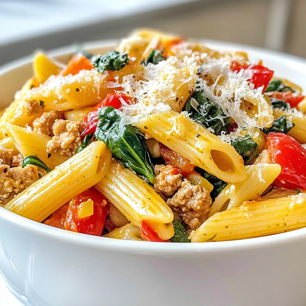 - 225 g Pasta (Penne oder Fettuccine) - 450 g Hühnerhackfleisch - 2 Esslöffel Olivenöl - 1 kleine Zwiebel, fein gehackt - 3 Knoblauchzehen, gehackt - 1 rote Paprika, gewürfelt - 1 Tasse Spinat, grob gehackt - 1 Teelöffel italienische Gewürze - 1 Teelöffel rote Pfefferflocken - Salz und Pfeffer nach Geschmack - 240 ml Hühnerbrühe - 1 Tasse Kirschtomaten, halbiert - Frisches Basilikum zur Garnitur - Geriebener Parmesan zum Servieren Ich liebe es, mit frischen Zutaten zu arbeiten. Beginnen wir mit den Hauptzutaten. Du brauchst 225 g Pasta, entweder Penne oder Fettuccine. Wähle, was dir besser gefällt. Das Hühnerhackfleisch bringt viel Geschmack und Protein. Du benötigst 450 g davon. Verwende 2 Esslöffel Olivenöl, um alles schön anzubraten. Jetzt kommen die Gemüse und Gewürze. Die Basis ist eine kleine Zwiebel, die du fein hackst. Füge 3 gehackte Knoblauchzehen hinzu. Diese beiden Zutaten geben der Pfanne ein tolles Aroma. Dann kommt die rote Paprika, gewürfelt. Sie gibt Farbe und Süße. Ein Tasse grob gehackter Spinat bringt Frische. Für den Geschmack nimm 1 Teelöffel italienische Gewürze und 1 Teelöffel rote Pfefferflocken. Salz und Pfeffer nach Geschmack runden alles ab. Für die Flüssigkeit brauchst du 240 ml Hühnerbrühe. Sie gibt der Sauce eine schöne Tiefe. Halbiere 1 Tasse Kirschtomaten für einen fruchtigen Geschmack. Garnieren kannst du das Gericht mit frischem Basilikum. Ein bisschen geriebener Parmesan macht es perfekt. {{ingredient_image_2}} - Bringen Sie einen großen Topf mit gesalzenem Wasser zum Kochen. - Kochen Sie die Pasta gemäß der Packungsanweisung, bis sie al dente ist. Achten Sie darauf, die Pasta nicht zu überkochen. - Gießen Sie die Pasta ab, aber bewahren Sie 120 ml Nudelwasser auf. Dieses Wasser hilft, die Sauce später zu binden. - Erhitzen Sie das Olivenöl in einer großen Pfanne bei mittlerer Hitze. - Fügen Sie die gehackte Zwiebel hinzu und braten Sie sie für 3-4 Minuten, bis sie glasig ist. - Geben Sie den gehackten Knoblauch und die gewürfelte rote Paprika dazu. Braten Sie das Gemüse weitere 2-3 Minuten, bis es weich ist. - Schieben Sie das Gemüse zur Seite der Pfanne. - Geben Sie das Hühnerhackfleisch in die Pfanne. - Kochen Sie es unter ständigem Rühren, bis es durchgegart und goldbraun ist. Dies dauert etwa 6-8 Minuten. - Rühren Sie den grob gehackten Spinat, die italienischen Gewürze und die roten Pfefferflocken ein. - Kochen Sie alles, bis der Spinat verwelkt ist. - Gießen Sie die Hühnerbrühe dazu und bringen Sie alles zum Köcheln. - Fügen Sie die halbierten Kirschtomaten hinzu und lassen Sie die Sauce für weitere 3-4 Minuten köcheln. - Geben Sie die gekochte Pasta in die Pfanne und vermengen Sie alles gut. - Wenn die Mischung zu trocken erscheint, fügen Sie nach Bedarf etwas des aufbewahrten Nudelwassers hinzu. Dies sorgt für eine schöne, cremige Konsistenz. - Schmecken Sie die Mischung mit Salz und Pfeffer ab. - Nehmen Sie die Pfanne vom Herd und lassen Sie sie eine Minute stehen. So entfalten sich die Aromen besser. - Servieren Sie das Gericht heiß, garniert mit frischem Basilikum und einer großzügigen Menge geriebenem Parmesan. - Pasta al dente kochen: Kochen Sie die Pasta bis sie fest ist. So bleibt sie bissfest und saugt die Sauce gut auf. Prüfen Sie die Packungsanweisung. - Hackfleisch gut anbraten: Braten Sie das Hühnerhackfleisch in der Pfanne, bis es goldbraun ist. Dies gibt dem Fleisch mehr Geschmack und eine bessere Textur. - Schärfe vom roten Pfeffer anpassen: Fügen Sie rote Pfefferflocken nach Geschmack hinzu. Wenn Sie es milder mögen, verwenden Sie weniger. - Weitere italienische Kräuter hinzufügen: Experimentieren Sie mit zusätzlichen Kräutern. Oregano oder Thymian bringen frische Aromen in Ihr Gericht. - Nudelwasser sinnvoll nutzen: Bewahren Sie etwas Nudelwasser auf. Es hilft, die Sauce geschmeidig zu machen, wenn sie zu dick ist. - Sauce anpassen, um Trockenheit zu vermeiden: Falls die Mischung zu trocken erscheint, geben Sie mehr Hühnerbrühe oder Nudelwasser hinzu. So bleibt alles schön saftig. Pro Tipps Pasta al dente kochen: Achten Sie darauf, die Pasta al dente zu kochen, um die perfekte Textur zu erzielen, die nicht matschig wird, wenn Sie sie mit der Sauce vermengen. Variationen beim Gemüse: Fühlen Sie sich frei, das Gemüse anzupassen. Zucchini, Karotten oder Brokkoli können ebenfalls großartige Ergänzungen sein. Hühnerhackfleisch würzen: Experimentieren Sie mit zusätzlichen Gewürzen wie Paprika oder Kreuzkümmel, um dem Hühnerhackfleisch mehr Geschmack zu verleihen. Frisches Basilikum hinzufügen: Fügen Sie das frische Basilikum erst kurz vor dem Servieren hinzu, um den vollen Geschmack und das Aroma zu erhalten. {{image_4}} Für eine vegetarische Version der Savory Ground Chicken Pasta können wir Tofuhack verwenden. Tofuhack hat eine ähnliche Textur wie Hühnerhackfleisch. Das macht es zu einer tollen Alternative. Sie können es einfach wie das Hühnerhackfleisch anbraten. Außerdem können Sie das Gemüse nach Ihrem Geschmack austauschen. Zum Beispiel können Sie Zucchini oder Pilze hinzufügen. Diese Optionen machen das Gericht bunt und gesund. Die Soße ist der Star dieses Gerichts. Eine Tomatensoße gibt viel Geschmack. Sie können auch eine Sahnesoße verwenden, wenn Sie es cremiger mögen. Diese Soßen machen das Gericht reichhaltig und lecker. Eine Wurstsoße ist eine weitere spannende Alternative. Sie bringt einen herzhaften und würzigen Geschmack. Experimentieren Sie mit verschiedenen Soßen, um neue Aromen zu entdecken. Die Auswahl der Pasta ist wichtig. Penne oder Fettuccine passen perfekt zu diesem Gericht. Aber Sie haben auch viele andere Optionen. Sie können Spaghetti oder Fusilli verwenden. Wenn Sie glutenfrei essen, gibt es auch glutenfreie Pasta. Diese Optionen sind leicht erhältlich und schmecken gut. Wählen Sie die Pasta, die Ihnen am besten gefällt. So wird Ihre Savory Ground Chicken Pasta noch besser! Das Gericht bleibt im Kühlschrank etwa 3 bis 4 Tage frisch. Lagern Sie es in einem luftdichten Behälter. So bleibt der Geschmack erhalten und das Gericht trocknet nicht aus. Achten Sie darauf, die Pasta gut abzukühlen, bevor Sie sie in den Kühlschrank stellen. Ja, Sie können das Gericht einfrieren. Achten Sie darauf, es in einem gefriergeeigneten Behälter zu lagern. So bleibt es bis zu 3 Monate haltbar. Zum Wiedererwärmen nehmen Sie es einfach aus dem Gefrierfach. Lassen Sie es über Nacht im Kühlschrank auftauen. Danach können Sie es in einer Pfanne bei mittlerer Hitze erhitzen. Fügen Sie eventuell etwas Brühe hinzu, um die Sauce wieder cremig zu machen. Nutzen Sie Reste für ein schnelles Mittagessen. Sie können sie in einen Burrito oder Wrap füllen. Eine andere Idee ist, die Reste in einem Omelett zu verwenden. Sie können auch einen Auflauf machen, indem Sie die Reste mit Käse überbacken. So haben Sie gleich mehrere neue Mahlzeiten aus einem Gericht! Die Zubereitung dauert insgesamt etwa 30 Minuten. Davon sind 10 Minuten für die Vorbereitung nötig. Die Kochzeit beträgt 20 Minuten. So hast du schnell ein leckeres Gericht auf dem Tisch. Ja, du kannst die Pasta im Voraus kochen. Das spart Zeit, wenn du das Gericht zubereitest. Die Nachteile sind, dass die Nudeln weich werden können. Sie können auch etwas an Geschmack verlieren. Am besten ist es, die Pasta frisch zu kochen. Ein frischer Salat passt gut dazu. Auch ein knuspriges Brot schmeckt lecker. Du kannst auch gedünstetes Gemüse servieren. Diese Beilagen ergänzen die Aromen der Pasta. Ja, das Gericht ist gesund. Es enthält mageres Hühnerhackfleisch und viel Gemüse. Du kannst die Nährwerte noch verbessern, indem du Vollkornpasta verwendest. So bekommst du mehr Ballaststoffe. Ja, du kannst die Zutaten leicht anpassen. Wenn du kein Hühnerhackfleisch hast, probiere Tofuhack. Auch das Gemüse kannst du nach Geschmack ändern. Zum Beispiel kannst du Zucchini oder Brokkoli verwenden. Diese leckere Savory Ground Chicken Pasta ist schnell und einfach zuzubereiten. Sie besteht aus einer einfachen Mischung von Hühnerhackfleisch, frischem Gemüse und verschiedenen Gewürzen. Ich habe Ihnen Schritt für Schritt gezeigt, wie Sie jeder Zutat und den Kochprozess optimal nutzen können. Probieren Sie die Tipps und Variationen, um das Gericht ganz nach Ihrem Geschmack anzupassen. Denken Sie daran, Reste kreativ zu verwenden. So bleibt die Küche spannend. Guten Appetit!