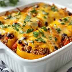 Für diesen gefüllten Paprika Auflauf benötigst du: - 4 große Paprika (nach Wahl der Farbe), gewürfelt - 450 g gemahlenes Truthahn- oder Rindfleisch - 1 Tasse Quinoa, gewaschen - 1 Dose (425 g) schwarze Bohnen, gewaschen und abgetropft - 1 Dose (400 g) gewürfelte Tomaten (mit Saft) - 1 kleine Zwiebel, gehackt - 2 Knoblauchzehen, fein gehackt Diese Zutaten bilden die Basis. Die Paprika gibt dem Gericht Farbe und Geschmack. Das Fleisch sorgt für Fülle und Protein. Quinoa bringt gesunde Kohlenhydrate, während Bohnen Ballaststoffe hinzufügen. Die richtigen Gewürze machen den Unterschied. Du brauchst: - 1 Teelöffel Kreuzkümmel - 1 Teelöffel Paprika - Salz und Pfeffer nach Geschmack - 1 Esslöffel Olivenöl Kreuzkümmel und Paprika bringen Tiefe. Sie geben dem Auflauf eine schöne Wärme. Das Olivenöl hilft, die Aromen zu verbinden und das Gemüse zu braten. Für das gewisse Extra kannst du Folgendes verwenden: - 1 Tasse geriebener Käse (Cheddar oder Mozzarella) - Frischer Koriander zur Garnitur (optional) Der Käse schmilzt wunderbar und bildet eine goldene Kruste. Frischer Koriander bringt Frische und Farbe. So sieht dein Gericht nicht nur gut aus, sondern schmeckt auch besser! {{ingredient_image_2}} Zuerst heizen Sie den Ofen auf 190 °C vor. Dies sorgt dafür, dass Ihr Auflauf gleichmäßig gart. Während der Ofen heiß wird, bereiten Sie Ihre Zutaten vor. Schneiden Sie die Paprika in kleine Stücke. Hacken Sie die Zwiebel und den Knoblauch fein. Dies macht das Kochen einfacher. Erhitzen Sie einen Esslöffel Olivenöl in einer großen Pfanne. Fügen Sie die Zwiebel und den Knoblauch hinzu. Braten Sie sie an, bis die Zwiebel glasig wird. Das dauert etwa 3 bis 4 Minuten. Dann geben Sie das gemahlene Fleisch dazu. Zerbrechen Sie es mit einem Spatel. Braten Sie das Fleisch, bis es schön braun ist. Das dauert etwa 5 bis 7 Minuten. Jetzt rühren Sie die gewürfelte Paprika, Quinoa, schwarze Bohnen und gewürfelte Tomaten unter. Fügen Sie Kreuzkümmel, Paprika, Salz und Pfeffer hinzu. Mischen Sie alles gut. Gießen Sie 500 ml Wasser in die Pfanne. Lassen Sie die Mischung aufkochen und decken Sie die Pfanne ab. Lassen Sie alles 15 Minuten köcheln, bis die Quinoa gar ist und die Flüssigkeit aufgesogen wurde. Gießen Sie die Mischung in eine Auflaufform. Diese sollte etwa 23x33 cm groß sein. Streuen Sie den geriebenen Käse gleichmäßig oben drauf. Decken Sie die Form mit Alufolie ab. Backen Sie den Auflauf 20 Minuten im Ofen. Entfernen Sie die Folie und backen Sie ihn für weitere 10 Minuten. Der Käse sollte sprudelnd und goldbraun sein. Nehmen Sie den Auflauf aus dem Ofen und lassen Sie ihn kurz abkühlen. Garnieren Sie ihn nach Belieben mit frisch gehacktem Koriander. Um den gefüllten Paprika Auflauf perfekt zuzubereiten, beachten Sie Folgendes: - Paprika wählen: Verwenden Sie frische und feste Paprika. Die Farben bringen mehr Geschmack. - Quinoa richtig kochen: Spülen Sie die Quinoa gut ab. Dies entfernt Bitterstoffe. - Fleisch anbraten: Braten Sie das Fleisch gut an, bis es braun ist. So vermeidet man eine matschige Mischung. - Deckel verwenden: Decken Sie die Pfanne beim Köcheln ab. Dies hilft, die Feuchtigkeit zu halten. Viele Menschen machen beim Kochen Fehler. Hier sind einige, die Sie vermeiden sollten: - Zu viel Wasser: Achten Sie darauf, nicht zu viel Wasser hinzuzufügen. Die Quinoa saugt bereits Flüssigkeit auf. - Gewürze ignorieren: Vergessen Sie nicht, die Gewürze gut einzumischen. Sie bringen den Geschmack hervor. - Ungeeignetes Backblech: Verwenden Sie eine große Auflaufform. Dadurch bleibt der Käse gleichmäßig geschmolzen. - Zu lange Backen: Überwachen Sie die Backzeit. Zu langes Backen kann den Käse verbrennen. Der gefüllte Paprika Auflauf lässt sich leicht an verschiedene Ernährungsweisen anpassen: - Vegetarisch: Ersetzen Sie das Fleisch durch mehr Bohnen oder Linsen. - Vegan: Nutzen Sie pflanzlichen Käse und lassen Sie das Fleisch weg. - Glutenfrei: Alle Zutaten sind glutenfrei, solange Sie auf die Gewürze achten. - Low-Carb: Verwenden Sie Blumenkohlreis anstelle von Quinoa für eine kohlenhydratarme Option. Diese Tipps helfen Ihnen, den Auflauf nach Ihren Wünschen zu gestalten. Pro Tipps Paprika vorbereiten: Entfernen Sie die Kerne und das Innere der Paprika, bevor Sie sie würfeln. So wird der Auflauf gleichmäßiger und die Paprika behält ihre Form. Quinoa kochen: Stellen Sie sicher, dass Sie die Quinoa gründlich abspülen, um Bitterstoffe zu entfernen. Dies verbessert den Geschmack und die Textur des Gerichts. Käsevariationen: Experimentieren Sie mit verschiedenen Käsesorten wie Feta oder Gouda für einen einzigartigen Geschmack. Mischen Sie auch verschiedene Käsesorten für mehr Tiefe. Gesunde Ergänzungen: Fügen Sie zusätzliches Gemüse wie Zucchini oder Spinat hinzu, um den Nährstoffgehalt zu erhöhen und mehr Farbe ins Gericht zu bringen. {{image_4}} Für eine vegetarische oder vegane Version des gefüllten Paprika Auflaufs tausche das Fleisch gegen eine Mischung aus Linsen und Kichererbsen. Diese Hülsenfrüchte bieten viel Protein und Ballaststoffe. Du kannst auch Sojagranulat verwenden, das dem Fleischgeschmack nahekommt. Ersetze den Käse durch vegane Käsealternativen oder lasse ihn ganz weg. Füge zusätzlich mehr Gemüse wie Spinat oder Zucchini hinzu, um den Auflauf noch bunter zu machen. Wenn du dein Rezept variieren möchtest, probiere andere Fleischsorten wie Huhn oder Schwein. Diese können eine andere Geschmacksnote bieten. Du kannst auch Wurst oder Speck hinzufügen, um einen herzhaften Kick zu geben. Für mehr Textur kombiniere das Fleisch mit Reis oder farbigen Bohnen. Das sorgt für Abwechslung und macht das Gericht interessanter. Paprika ist toll, aber du kannst auch andere Gemüsearten verwenden. Zucchini, Auberginen oder Brokkoli passen gut in den Auflauf. Diese Gemüse bringen zusätzliche Nährstoffe und Farbe. Du kannst sie einfach gewürfelt oder in Scheiben schneiden und mit der Fleisch- oder Gemüsefüllung vermengen. Experimentiere mit deinen Lieblingsgemüsesorten und finde die perfekte Mischung für deinen Auflauf. Nach dem Kochen des gefüllten Paprika Auflaufs ist die richtige Lagerung wichtig. Lassen Sie den Auflauf auf Raumtemperatur abkühlen. Decken Sie die Auflaufform mit einem Deckel oder Frischhaltefolie ab. So bleibt der Auflauf frisch. Sie können ihn auch in Portionen aufteilen. Legen Sie die Portionen in luftdichte Behälter. Wenn Sie den Auflauf länger aufbewahren möchten, können Sie ihn einfrieren. Lassen Sie ihn vollständig abkühlen. Wickeln Sie ihn gut in Frischhaltefolie und dann in Alufolie ein. So schützt es vor Frostbrand. Sie können den Auflauf bis zu drei Monate einfrieren. Um ihn wieder aufzuwärmen, lassen Sie ihn im Kühlschrank auftauen. Danach backen Sie ihn bei 180 °C für etwa 25 Minuten. Überprüfen Sie, ob er heiß ist, bevor Sie ihn servieren. Der gefüllte Paprika Auflauf hält sich im Kühlschrank etwa drei bis vier Tage. Sie können ihn in verschiedenen Gerichten verwenden. Zum Beispiel können Sie ihn in Tortillas wickeln und so Wraps machen. Oder Sie fügen ihn zu einem Salat hinzu. So verwandeln Sie Reste in neue, leckere Mahlzeiten. Der Auflauf muss insgesamt 30 Minuten im Ofen bleiben. Zuerst decken Sie die Auflaufform mit Alufolie ab und backen sie 20 Minuten. Danach entfernen Sie die Folie und backen weitere 10 Minuten. So wird der Käse schön goldbraun und sprudelnd. Ja, Sie können Quinoa durch Reis ersetzen. Achten Sie darauf, dass Sie den Reis vorher gut waschen. Die Kochzeit kann sich ändern, wenn Sie Reis verwenden. Er braucht oft mehr Wasser und etwas mehr Zeit zum Garen. Wenn Sie also Reis nutzen, fügen Sie etwas mehr Flüssigkeit hinzu. Zu gefülltem Paprika Auflauf passen viele Beilagen gut. Ein frischer Salat ist eine tolle Wahl. Auch Brot oder Baguette sind lecker dazu. Wenn Sie etwas Herzhaftes möchten, probieren Sie geröstetes Gemüse oder Mais. Diese Beilagen ergänzen das Gericht perfekt und sorgen für eine ausgewogene Mahlzeit. Zusammenfassend haben wir die Hauptzutaten für den gefüllten Paprika Auflauf behandelt. Wir haben die Zubereitungsschritte besprochen und nützliche Tipps gegeben, um Fehler zu vermeiden. Außerdem habe ich Variationen für verschiedene Diäten aufgezeigt und Lagerinformationen geteilt. Denke daran, dass du den Auflauf nach deinem Geschmack anpassen kannst. Experimentiere mit Gemüse und Gewürzen. Mit diesen Infos wirst du großartige Ergebnisse erzielen. Viel Spaß beim Kochen!