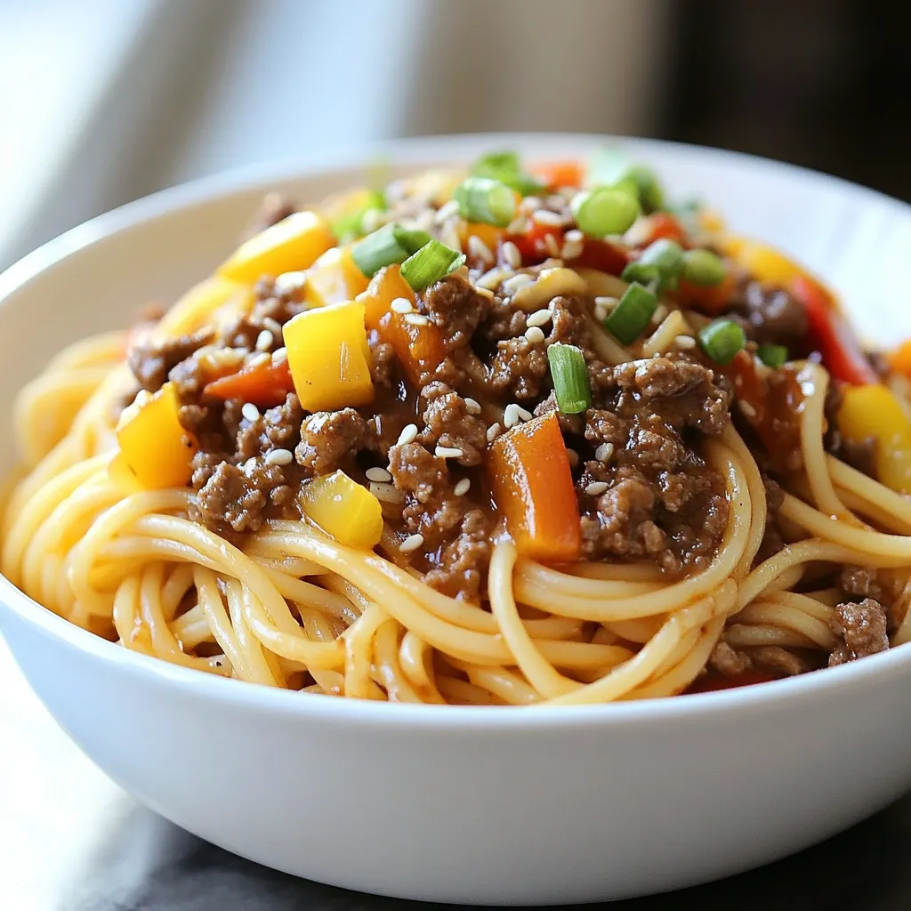 - 300g Spaghetti - 250g Rinderhackfleisch - 1 Esslöffel Sesamöl Die Hauptzutaten für dieses Gericht sind einfach und lecker. Spaghetti sind die Basis und geben dem Gericht Struktur. Rinderhackfleisch sorgt für den herzhaften Geschmack. Sesamöl bringt eine nussige Note und hebt die Aromen hervor. - 3 Knoblauchzehen, fein gehackt - 2,5 cm Ingwer, gerieben - 1 kleine Zwiebel, fein gehackt - 1 Paprika (jede Farbe), dünn geschnitten - 2 Karotten, in feine Streifen (Julienne) geschnitten - 2 Frühlingszwiebeln, gehackt - Sesamsamen zum Garnieren Das Gemüse macht das Gericht bunt und gesund. Knoblauch und Ingwer sorgen für die aromatische Basis. Paprika und Karotten bringen Süße und Textur. Frühlingszwiebeln fügen Frische hinzu, während Sesamsamen das Gericht perfekt abrunden. - 3 Esslöffel Sojasauce - 1 Esslöffel Austernsauce - 1 Esslöffel Chilisauce (nach Geschmack anpassen) Die Saucen sind das Geheimnis des Geschmacks. Sojasauce bringt Salz und Umami. Austernsauce fügt Tiefe hinzu. Chilisauce sorgt für die gewünschte Schärfe. Du kannst die Menge anpassen, um deinen Geschmack zu treffen. {{ingredient_image_2}} - Zuerst einen großen Topf mit Salzwasser füllen. - Das Wasser zum Kochen bringen. - Spaghetti hinzufügen und etwa 8-10 Minuten kochen, bis sie al dente sind. - Nach dem Kochen abgießen und beiseite stellen. - In einer großen Pfanne das Sesamöl bei mittlerer bis hoher Hitze erhitzen. - Den fein gehackten Knoblauch und den geriebenen Ingwer hinzufügen. - Beides 30 Sekunden anbraten, bis der Duft entfaltet wird. - Jetzt das Rinderhackfleisch in die Pfanne geben. - Unter Rühren etwa 5-7 Minuten braten, bis das Fleisch braun ist. - Die gehackte Zwiebel, Paprika und die julienned Karotten hinzufügen. - Mit Salz und Pfeffer würzen und 3-4 Minuten braten, bis das Gemüse weich, aber knackig bleibt. - Sojasauce, Austernsauce und Chilisauce in die Pfanne gießen. - Alles gut vermengen, damit sich die Saucen gleichmäßig verteilen. - Den Geschmack nach Belieben anpassen. - Die gekochten Spaghetti in die Pfanne geben. - Alles gut durchmischen, bis die Pasta mit der Mischung überzogen ist. - Vom Herd nehmen und die gehackten Frühlingszwiebeln unterrühren. - Heiß servieren und mit Sesamsamen garnieren. Um die besten Spaghetti zu kochen, verwende einen großen Topf. Fülle ihn mit Wasser und füge Salz hinzu. Das Salzwasser macht die Pasta geschmackvoll. Bring das Wasser zum Kochen und gib die Spaghetti hinein. Um die richtige Konsistenz zu testen, probiere die Spaghetti nach der angegebenen Zeit. Sie sollten al dente sein, also bissfest. Das bedeutet, sie sind weich, aber haben noch einen kleinen Biss. Wähle hochwertiges Rinderhackfleisch. Achte auf die Farbe und den Geruch. Frisches Fleisch hat eine schöne rote Farbe und riecht angenehm. Um das Hackfleisch richtig zu würzen, füge Salz und Pfeffer gleich zu Beginn hinzu. So verteilt sich der Geschmack gleichmäßig. Du kannst auch Sojasauce während des Bratens hinzufügen, um die Aromen zu intensivieren. Verwende saisonales Gemüse für mehr Geschmack. Frisches Gemüse hat mehr Nährstoffe und einen besseren Geschmack. Wenn du keine Karotten oder Paprika magst, probiere Brokkoli oder Zucchini. Du kannst auch Erbsen oder Spinat hinzufügen. Diese Optionen bringen frische Farben und Texturen in dein Gericht. Pro Tipps Die richtige Pasta: Wählen Sie Spaghetti oder eine andere lange Pasta für dieses Rezept, um die Sauce optimal aufzunehmen. Gemüse variieren: Fühlen Sie sich frei, das Gemüse nach Saison oder Vorliebe zu variieren. Brokkoli oder Zucchini sind tolle Alternativen. Würze anpassen: Passen Sie die Menge der Chilisauce entsprechend Ihrem Schärfewunsch an, um das Gericht nach Ihrem Geschmack zu individualisieren. Garnierung nicht vergessen: Sesamsamen und Frühlingszwiebeln verleihen dem Gericht nicht nur Geschmack, sondern auch eine ansprechende Optik. {{image_4}} Für eine vegetarische Variante kannst du Tofu oder Tempeh verwenden. Schneide den Tofu in kleine Stücke. Brate ihn in Sesamöl an, bis er goldbraun ist. Das gibt deinem Gericht eine schöne Textur. Du kannst den Tofu dann wie das Hackfleisch weiterverarbeiten. Tempeh hat einen nussigen Geschmack und passt gut zu den Saucen. Beide Optionen sind nahrhaft und lecker. Wenn du es schärfer magst, füge extra Chilisauce oder frische Chili hinzu. Du kannst die Chilis ganz klein schneiden. So verteilen sich der Geschmack und die Schärfe gut im Gericht. Achte darauf, die Menge nach deinem persönlichen Geschmack anzupassen. Diese Schärfe bringt mehr Tiefe in den Geschmack der Spaghetti. Um deinem Gericht asiatische Einflüsse zu verleihen, kannst du Hoisinsauce oder Teriyakisauce hinzufügen. Diese Saucen bringen süße und würzige Noten ins Spiel. Gib sie einfach zusammen mit der Sojasauce in die Pfanne. Das sorgt für einen interessanten und ausgewogenen Geschmack. Experimentiere mit verschiedenen Saucen, um deine perfekte Mischung zu finden. Um die Reste deiner asiatisch schmackhaften Rinderhack Spaghetti frisch zu halten, wähle einen luftdichten Behälter. Ein Glas- oder Kunststoffbehälter mit einem guten Verschluss ist ideal. So bleibt der Geschmack erhalten und die Soße läuft nicht aus. Im Kühlschrank halten sich die Reste etwa 3 bis 4 Tage. Stelle sicher, dass der Behälter kühl und trocken steht. Vor dem Verzehr solltest du die Reste auf Geruch und Aussehen prüfen. Wenn es gut aussieht, ist es meist auch noch gut. Das Einfrieren ist einfach. Portioniere die Spaghetti in kleinere Beutel oder Behälter. Achte darauf, etwas Platz zu lassen, da die Spaghetti sich beim Gefrieren ausdehnen. Zum Wiederaufwärmen lasse sie einfach im Kühlschrank auftauen. Dann erhitze sie in der Mikrowelle oder in einer Pfanne mit etwas Wasser. So bleiben die Spaghetti saftig und lecker. Die Zubereitung dauert insgesamt 30 Minuten. Die Vorbereitungszeit beträgt 15 Minuten. Das Kochen der Spaghetti und das Anbraten des Rinderhackfleischs dauert den Rest der Zeit. Du kannst also schnell ein leckeres Gericht zaubern. Ja, du kannst das Rezept nach deinem Geschmack anpassen. Du kannst mehr oder weniger Gemüse hinzufügen. Auch die Saucen kannst du nach Belieben variieren. Wenn du es schärfer magst, füge mehr Chilisauce hinzu. Für eine vegetarische Option, ersetze das Rinderhackfleisch durch Tofu oder Tempeh. Sei kreativ und finde deine perfekte Mischung! Zu diesem Gericht passen frische Salate oder gebratene Gemüsebeilagen sehr gut. Ein einfaches Glas Wasser oder grüner Tee harmoniert ebenfalls perfekt mit den Aromen. Du kannst auch ein leichtes Bier dazu servieren, wenn du möchtest. Probiere verschiedene Kombinationen aus! Um das Gericht gesünder zu gestalten, verwende Vollkornspaghetti. Das fügt mehr Ballaststoffe hinzu. Du kannst auch das Rinderhackfleisch durch mageres Fleisch ersetzen oder Pflanzliches verwenden. Achte darauf, nicht zu viel Sauce zu verwenden, um den Salzgehalt zu reduzieren. Mehr frisches Gemüse steigert den Nährwert! Dieses Rezept kombiniert leckere Zutaten und einfache Schritte. Du hast gelernt, wie man Spaghetti perfekt kocht, das Hackfleisch anbrät und köstliches Gemüse hinzufügt. Unsere Tipps helfen dir, die besten Ergebnisse zu erzielen. Denk an Variationen für Vegetarier oder für scharfe Gerichte. Lagere deine Reste richtig, damit sie frisch bleiben. Mit diesen Tricks kannst du immer wieder ein köstliches Gericht zaubern. Lass es dir schmecken und experimentiere mit den Aromen!