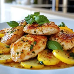 - 2 Hähnchenbrustfilets, ohne Haut und Knochen - 2 mittelgroße Zucchini, in Halbmonde geschnitten - 2 gelbe Kürbisse, ebenfalls in Halbmonde geschnitten - 1 rote Paprika, gewürfelt - 3 Knoblauchzehen, fein gehackt Die Hauptzutaten sind frisch und leicht. Hähnchenbrust ist mager und proteinreich. Zucchini und Kürbis bringen Farbe und Nährstoffe. Rote Paprika fügt Süße hinzu. Knoblauch gibt ein tolles Aroma. Diese Zutaten machen das Gericht gesund und lecker. - 1 Teelöffel getrockneter Thymian - 1 Teelöffel geräuchertes Paprikapulver - 2 Esslöffel Olivenöl - Salz und Pfeffer nach Geschmack Die Gewürze sind einfach, aber effektiv. Thymian bringt einen herzhaften Geschmack. Geräuchertes Paprikapulver gibt eine rauchige Note. Olivenöl sorgt für einen schönen Glanz und Geschmack. Salz und Pfeffer sind wichtig, um die Aromen zu verstärken. - Frische Basilikumblätter zum Garnieren Basilikum bringt Frische und Farbe. Es ist einfach, aber macht das Gericht besonders. Garnieren Sie mit Basilikum kurz vor dem Servieren. So bleibt der Geschmack frisch und ansprechend. Diese kleinen Details machen einen großen Unterschied! {{ingredient_image_2}} Zuerst nehme ich die Hähnchenbrustfilets. Ich würze sie mit Salz, Pfeffer, Thymian und Paprikapulver. Es ist wichtig, dass die Gewürze gleichmäßig verteilt sind. Dann erhitze ich das Olivenöl in einer großen Pfanne. Wenn das Öl heiß ist, lege ich die Hähnchenfilets hinein. Ich brate sie etwa 5 bis 7 Minuten auf jeder Seite. Das Hähnchen sollte goldbraun sein und eine Innentemperatur von 74 °C erreichen. Nach dem Braten nehme ich das Hähnchen aus der Pfanne und lege es beiseite. Jetzt bereite ich das Gemüse vor. Ich hacke den Knoblauch und schneide die Zucchini, den Kürbis und die Paprika. In der gleichen Pfanne, mit dem restlichen Öl, gebe ich zuerst den Knoblauch. Ich brate ihn für etwa 30 Sekunden, bis er duftet. Dann füge ich die Zucchini, den Kürbis und die Paprika hinzu. Ich brate das Gemüse für 5 bis 7 Minuten. Es soll zart, aber knackig bleiben. Jetzt kommt das Beste. Ich lege das gebratene Hähnchen wieder in die Pfanne, zwischen das Gemüse. Ich lasse alles zusammen für 2 bis 3 Minuten garen. So verbinden sich die Aromen. Ich probiere das Gericht und passe die Würze an, wenn nötig. Am Ende lasse ich es eine Minute ruhen. Dann garniere ich es mit frischen Basilikumblättern. So sieht es schön aus und schmeckt frisch. Um das Hähnchen perfekt zuzubereiten, sollte die Innentemperatur 74°C erreichen. Brate es etwa 5-7 Minuten auf jeder Seite. Achte darauf, dass das Hähnchen eine schöne goldbraune Farbe hat. Dies zeigt, dass es außen knusprig und innen saftig ist. Ein Fleischthermometer hilft dir, die Temperatur genau zu messen. Beim Anbraten der Zucchini und des Kürbisses solltest du darauf achten, die Hitze nicht zu hoch zu stellen. Brate das Gemüse etwa 5-7 Minuten, damit es zart, aber nicht matschig wird. Rühre das Gemüse nur gelegentlich um, damit es gleichmäßig gart und schön knusprig bleibt. Die Gewürze sind sehr wichtig für den Geschmack. Verwende Salz, Pfeffer und Thymian, um das Hähnchen zu würzen. Du kannst auch mit geräuchertem Paprikapulver experimentieren. Probiere das Gericht vor dem Servieren und füge nach Bedarf mehr Gewürze hinzu. Jeder hat unterschiedliche Vorlieben, also scheue dich nicht, es nach deinem Geschmack anzupassen. Pro Tipps Hähnchen marinieren: Lassen Sie die Hähnchenbrustfilets vor dem Braten mindestens 30 Minuten in den Gewürzen marinieren, um den Geschmack zu intensivieren. Gemüse gleichmäßig schneiden: Achten Sie darauf, das Gemüse in gleichmäßige Stücke zu schneiden, damit es gleichmäßig gart und eine schöne Präsentation ergibt. Hitze kontrollieren: Halten Sie die Hitze beim Braten des Hähnchens im mittleren Bereich, um ein gleichmäßiges Garen zu gewährleisten und ein Verbrennen zu vermeiden. Aromen kombinieren: Lassen Sie das Hähnchen und das Gemüse am Ende gemeinsam garen, damit sie die Aromen perfekt aufnehmen und sich vermischen können. {{image_4}} Du kannst verschiedene Gemüse verwenden, um das Gericht spannend zu halten. Zum Beispiel: - Brokkoli - Karotten - Paprika in verschiedenen Farben - Auberginen Diese Gemüse bringen unterschiedliche Texturen und Farben auf den Teller. Wähle, was dir am besten schmeckt. Achte darauf, die Garzeit anzupassen, da einige Gemüse schneller garen. Die Gewürze machen einen großen Unterschied im Geschmack. Du kannst die folgenden Varianten ausprobieren: - Italienische Kräuter wie Oregano und Basilikum - Currypulver für eine exotische Note - Zitronenpfeffer für frischen Geschmack Experimentiere mit den Gewürzen, um deine eigene Note zu finden. Du kannst auch die Menge variieren, je nachdem, wie intensiv du den Geschmack magst. Wenn du kein Hähnchen magst, gibt es viele Alternativen: - Tofu ist eine tolle pflanzliche Option. Marinier ihn für mehr Geschmack. - Lachs oder Kabeljau sind ebenfalls gute Fischoptionen. Diese Fische brauchen weniger Zeit zum Garen. Mit diesen Proteinoptionen bleibt das Gericht gesund und lecker. Du kannst es leicht anpassen, um deine Vorlieben zu berücksichtigen. Wenn Sie Reste von Hähnchen mit Zucchini und Kürbis haben, bewahren Sie diese in einem luftdichten Behälter auf. Stellen Sie sicher, dass das Gericht gut abgekühlt ist, bevor Sie es in den Kühlschrank stellen. So bleibt der Geschmack erhalten. Zum Erwärmen können Sie die Reste in der Mikrowelle oder in einer Pfanne auf mittlerer Hitze aufwärmen. Achten Sie darauf, dass das Hähnchen mindestens 74°C erreicht, um sicherzustellen, dass es vollständig erhitzt ist. Möchten Sie das Gericht länger aufbewahren? Frieren Sie es ein! Teilen Sie das Hähnchen und das Gemüse in Portionen auf und legen Sie sie in gefriergeeignete Behälter oder Beutel. So können Sie das Gericht bis zu drei Monate aufbewahren. Zum Auftauen legen Sie die Portionen einfach über Nacht in den Kühlschrank. Erwärmen Sie das Gericht gründlich, um den besten Geschmack zu erzielen. Um die Frische Ihrer Zutaten zu erhalten, kaufen Sie sie möglichst lokal und saisonal. Achten Sie beim Kauf von Zucchini und Kürbis auf feste, glänzende Schalen. Lagern Sie frisches Gemüse im Kühlschrank, um die Haltbarkeit zu verlängern. Verwenden Sie Kräuter wie Basilikum schnell, da sie am besten frisch sind. Wenn Sie diese Tipps befolgen, bleibt Ihr Gericht immer köstlich! Die Zubereitung von Hähnchen mit Zucchini und Kürbis dauert insgesamt etwa 30 Minuten. Davon benötigen Sie etwa 10 Minuten für die Vorbereitung der Zutaten. Das Braten des Hähnchens und das Garen des Gemüses dauert weitere 20 Minuten. Es ist einfach und schnell, perfekt für einen Wochentag. Ja, dieses Rezept lässt sich gut vorbereiten. Sie können die Hähnchenbrustfilets und das Gemüse am Vortag schneiden. Lagern Sie sie im Kühlschrank in einem luftdichten Behälter. So sparen Sie Zeit am Kochabend und können sofort loslegen. Definitiv! Hähnchen mit Zucchini und Kürbis eignet sich hervorragend für Meal Prep. Portionieren Sie das fertige Gericht in Behälter. So haben Sie gesunde Mahlzeiten für die Woche. Achten Sie darauf, das Gericht gut abzukühlen, bevor Sie es im Kühlschrank lagern. Zusammenfassend war unser Rezept für Hähnchen mit Zucchini und Kürbis einfach und lecker. Wir haben die besten Zutaten und Gewürze besprochen. Die Schritt-für-Schritt-Anleitung zeigt, wie du das Gericht perfekt zubereitest. Außerdem gibst du deinem Essen mit den Tipps und Variationen den letzten Schliff. Denke daran, Reste richtig aufzubewahren. Nutze die FAQ, um weitere Fragen zu klären. Probiere das Rezept aus und genieße die gesunde Mahlzeit.