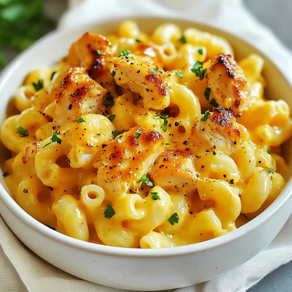 Die Zutaten für Honig-Pfeffer-Hähnchen Mac und Käse sind einfach und lecker. Hier ist eine Liste: - 2 Tassen Ellbogen-Makkaroni - 450 g gehackte, entbeinte Hühnerbrustfilets - 1 Tasse geriebener scharfer Cheddar Käse - 1 Tasse geriebener Mozzarella Käse - 1/2 Tasse Frischkäse, weich - 1/2 Tasse Milch - 3 Esslöffel Honig - 1 Esslöffel schwarzer Pfeffer - 1 Esslöffel Knoblauchpulver - 1 Esslöffel Olivenöl - 1 Teelöffel Zwiebelpulver - Salz nach Geschmack - Frische Petersilie, gehackt (zur Garnitur) Diese Zutaten verleihen dem Gericht seinen einzigartigen Geschmack. Die Kombination aus süßem Honig und scharfem Pfeffer macht es besonders. Die Käsesorten sind wichtig für den Geschmack. Ich wähle immer frischen Käse. Der scharfe Cheddar gibt einen tollen Biss. Mozzarella sorgt für die perfekte Cremigkeit. - Frischkäse: Er hilft, die Sauce glatt zu machen. - Scharfer Cheddar: Wählt einen, der gut schmilzt. - Mozzarella: Er sorgt für die Zähigkeit in der Sauce. Schaut auf die Qualität der Käsesorten. Ein guter Käse macht einen großen Unterschied. Manche Menschen mögen keinen scharfen Käse. Hier sind einige Alternativen: - Milder Cheddar: Für weniger Schärfe. - Parmesan: Für einen anderen Geschmack. - Veganer Käse: Für eine pflanzliche Option. Diese Alternativen lassen das Gericht dennoch lecker schmecken. Es ist wichtig, die Zutaten nach eurem Geschmack anzupassen. {{ingredient_image_2}} Um die Makkaroni perfekt zu kochen, beginne mit einem großen Topf. Fülle ihn mit Wasser und füge eine Prise Salz hinzu. Bring das Wasser zum Kochen. Wenn das Wasser sprudelt, gib die Ellbogen-Makkaroni hinein. Koche sie gemäß der Packungsanleitung, bis sie al dente sind. Das bedeutet, dass sie weich, aber noch bissfest sind. Rühre ab und zu um, damit sie nicht kleben. Nach dem Kochen, gieße die Makkaroni ab und stelle sie beiseite. Jetzt kommt der spannende Teil: das Hühnchen. Nimm eine große Pfanne und erhitze das Olivenöl bei mittlerer Hitze. Füge die gehackten Hühnerbruststücke hinzu. Würze sie mit Salz, schwarzem Pfeffer, Knoblauchpulver und Zwiebelpulver. Brate das Hühnchen für 7-10 Minuten, bis es goldbraun und durchgegart ist. Der Duft wird köstlich sein! Träufle dann den Honig über das Hühnchen. Rühre gut um und koche es für weitere 2 Minuten. Das macht das Hühnchen süß und würzig. Nimm die Pfanne vom Herd und stelle das Hühnchen zur Seite. Für die Käsesauce nimm den Topf, in dem du die Makkaroni gekocht hast. Füge den weichen Frischkäse und die Milch hinzu. Stelle die Hitze auf niedrig. Rühre gut, bis der Frischkäse schmilzt. Füge dann den geriebenen Cheddar- und Mozzarella-Käse hinzu. Rühre weiter, bis der Käse geschmolzen und die Sauce cremig ist. Diese Sauce ist das Herzstück deines Gerichts! Um den perfekten Käse-Mix für Honig-Pfeffer-Hähnchen Mac und Käse zu schaffen, wähle die richtigen Sorten. Ich empfehle, scharfen Cheddar und Mozzarella zu kombinieren. Der Cheddar sorgt für einen kräftigen Geschmack, während Mozzarella die Cremigkeit bringt. Achte darauf, den Käse frisch zu reiben. So schmilzt er besser und wird schön cremig. Ein häufiger Fehler ist, die Makkaroni zu lange zu kochen. Folge der Packungsanleitung und koche sie al dente. Wenn du die Makkaroni zu weich kochst, wird das Gericht matschig. Außerdem ist es wichtig, die Käsesauce bei niedriger Hitze zu machen. Hohe Hitze kann den Käse verbrennen oder klumpig machen. Rühre ständig, damit sich alles gut verbindet. Die Garnitur ist wichtig für das Aussehen und den Geschmack. Frische Petersilie bringt Farbe und Frische. Du kannst auch geröstete Semmelbrösel darüberstreuen für einen knusprigen Biss. Als Beilage passen ein frischer grüner Salat oder gedünstetes Gemüse gut dazu. So erhältst du eine ausgewogene Mahlzeit. Pro Tipps Die richtige Pasta wählen: Für die besten Ergebnisse sollten Sie Ellbogen-Makkaroni verwenden, da sie die Käsesauce gut einfangen und eine cremige Textur bieten. Frischkäse temperieren: Stellen Sie sicher, dass der Frischkäse vor der Verwendung Zimmertemperatur hat, um ein einfacheres und gleichmäßiges Schmelzen in der Käsesauce zu gewährleisten. Honig anpassen: Je nach Vorliebe können Sie die Honigmenge variieren, um die Süße nach Ihrem Geschmack anzupassen und das Gericht zu personalisieren. Petersilie frisch hinzufügen: Fügen Sie die gehackte Petersilie kurz vor dem Servieren hinzu, um Frische und Farbe zu bewahren und das Gericht optisch ansprechend zu gestalten. {{image_4}} Wenn Sie eine vegetarische Option möchten, ersetzen Sie das Hühnchen. Verwenden Sie stattdessen gebratenes Gemüse. Paprika, Zucchini und Pilze passen gut. Diese Gemüse geben Geschmack und Textur. Sie können auch Kichererbsen hinzufügen. Sie machen das Gericht sättigender. Achten Sie darauf, die Gewürze wie gewohnt zu verwenden. Für die Schärfe fügen Sie frische Jalapeños hinzu. Schneiden Sie sie klein und braten Sie sie mit dem Hühnchen. Das gibt dem Gericht einen tollen Kick. Sie können die Menge anpassen, je nach Vorliebe. Mehr Jalapeños machen das Gericht schärfer. Kombinieren Sie die scharfen Aromen mit dem Honig für einen tollen Mix. Diese Kombination ist einfach unwiderstehlich. Wenn Sie glutenfrei essen möchten, wählen Sie glutenfreie Makkaroni. Achten Sie auf die Zutatenliste, um sicherzustellen, dass sie echt sind. Der Rest des Rezepts bleibt gleich. So erhalten Sie einen leckeren Geschmack ohne Gluten. Sie können auch Blumenkohl verwenden. Blumenkohlreis ist eine großartige glutenfreie Basis. Um Reste von Honig-Pfeffer-Hähnchen Mac und Käse gut aufzubewahren, benutze einen luftdichten Behälter. Lass das Gericht zuerst auf Raumtemperatur abkühlen. Danach decke es mit einem Deckel oder Frischhaltefolie ab. So bleibt der Geschmack frisch. Beim Aufwärmen solltest du den Ofen oder die Mikrowelle nutzen. Im Ofen, stelle die Temperatur auf 180 Grad Celsius. Gib das Gericht in eine Auflaufform, füge etwas Milch hinzu und decke es mit Folie ab. So wird es gleichmäßig warm. In der Mikrowelle erwärmst du es in kurzen Abständen von 30 Sekunden. Rühre es zwischendurch um, damit es nicht austrocknet. Im Kühlschrank hält sich das Gericht etwa 3 bis 4 Tage. Achte darauf, es gut verpackt zu lagern. Im Gefrierschrank kann es bis zu 3 Monate bleiben. Verwende auch hier einen luftdichten Behälter. Zum Auftauen, lasse es über Nacht im Kühlschrank. So bleibt die Textur gut. Ja, du kannst die Makkaroni im Voraus kochen. Koche sie einfach al dente. Danach kannst du sie abgießen und in kaltem Wasser abkühlen. So kleben sie nicht zusammen. Bewahre sie in einem luftdichten Behälter im Kühlschrank auf. Du kannst sie dann leicht in der Käsesauce erhitzen. Um das Gericht ohne Käse zu machen, ersetze die Käsesorten durch eine Mischung aus pürierten Nüssen und Hefeflocken. Diese geben einen nussigen Geschmack. Du kannst auch Gemüsebrühe und ein wenig Kokosmilch hinzufügen. Es wird nicht gleich schmecken, aber es bleibt lecker und cremig. Zu Honig-Pfeffer-Hähnchen Mac und Käse passen viele Beilagen gut. Ein frischer grüner Salat mit einem leichten Dressing ist eine tolle Wahl. Auch gedünstetes Gemüse wie Brokkoli oder grüne Bohnen ergänzt das Gericht gut. Du kannst auch knuspriges Brot dazu servieren, um die Käsesoße aufzutunken. Wir haben die Zutaten für Honey Pepper Chicken Mac and Cheese besprochen. Ich habe Tipps gegeben, wie man die besten Käsesorten auswählt und Alternativen für empfindliche Geschmäcker bietet. Die Schritt-für-Schritt-Anleitung erleichtert das Kochen. Unsere Tipps und Tricks helfen, häufige Fehler zu vermeiden. Wenn du Variationen oder Lagerhinweise brauchst, sind diese ebenfalls wichtig. Genieße das Gericht in voller Pracht, egal ob du Vegetarier bist oder etwas Scharfes suchst. Jetzt bist du bereit, ein köstliches Essen zuzubereiten!