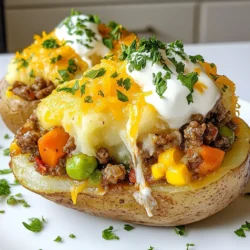 - 4 große Backkartoffeln (Russet) - 450 g Hackfleisch (Rind oder Lamm) - 1 Tasse gefrorenes Gemüse-Mix (Erbsen, Karotten, Mais) - 1 mittelgroße Zwiebel, gewürfelt - 2 Knoblauchzehen, fein gehackt - 1 Esslöffel Tomatenmark - 240 ml Rinderbrühe - 1 Teelöffel Worcestershire-Sauce (optional) - Salz und Pfeffer nach Geschmack Eine gute Zutatenliste ist der Schlüssel zu jedem tollen Gericht. Ich wähle immer frische und hochwertige Zutaten. Die Backkartoffeln sind die Basis. Ich bevorzuge Russet-Kartoffeln wegen ihrer Größe und Textur. Sie halten die Füllung gut und haben einen großartigen Geschmack. Das Hackfleisch kann Rind oder Lamm sein. Rindfleisch gibt einen herzhafteren Geschmack, während Lamm einen besonderen, würzigen Charakter hat. Das gefrorene Gemüse-Mix bringt Farbe und Nährstoffe. Zwiebeln und Knoblauch sind wichtig für die Basis der Füllung. Sie geben einen tollen Geschmack. Tomatenmark fügt Tiefe hinzu. Rinderbrühe macht die Mischung schön saftig. Worcestershire-Sauce ist optional, aber sie bringt einen extra Kick. Vergiss nicht Salz und Pfeffer. Sie sind die einfachsten, aber wichtigsten Gewürze! {{ingredient_image_2}} Heize zuerst den Ofen auf 200 °C vor. Nimm die großen Backkartoffeln und bürste sie gründlich. Steche mehrmals mit einer Gabel in die Kartoffeln. Das hilft beim Garen. Reibe die Kartoffeln mit Olivenöl und einer Prise Salz ein. Lege sie auf ein Blech und backe sie 45 bis 60 Minuten. Überprüfe mit einer Gabel, ob sie zart sind. In einer großen Pfanne erhitze das Olivenöl bei mittlerer Hitze. Gib die gewürfelte Zwiebel und den fein gehackten Knoblauch hinein. Brate sie an, bis sie glasig sind. Füge dann das Hackfleisch hinzu. Brate es, bis es durchgegart und braun ist. Lass das überschüssige Fett ablaufen. Rühre das Tomatenmark und die Rinderbrühe in die Pfanne. Füge die Worcestershire-Sauce, Salz und Pfeffer hinzu. Lass die Mischung aufkochen. Jetzt gib das gefrorene Gemüse dazu. Koche alles für weitere fünf Minuten. Nimm die Pfanne vom Herd und rühre den geriebenen Cheddar-Käse ein, bis er schmilzt. Sobald die Kartoffeln fertig sind, schneide sie der Länge nach auf. Drücke die Seiten vorsichtig zusammen, um die Innenseite aufzulockern. Fülle jede Kartoffel großzügig mit der Hackfleischmischung. Träufle etwas Sauerrahm darüber und bestreue die gefüllten Kartoffeln mit frischer Petersilie. - Die richtige Backzeit und Temperatur: Backe die Kartoffeln bei 200 °C für 45-60 Minuten. Überprüfe die Zartheit mit einer Gabel. Die Kartoffeln sollten leicht durchstochen werden können. - Verwendung von Gewürzen für extra Geschmack: Reibe die Kartoffeln vor dem Backen mit Olivenöl und einer Prise Salz. Diese kleinen Schritte machen einen großen Unterschied im Geschmack. - Wahl des besten Hackfleischs (Rind oder Lamm): Du kannst Rinder- oder Lammhackfleisch verwenden. Lamm gibt einen kräftigen Geschmack, während Rind milder ist. - Alternativen zu Worcestershire-Sauce: Wenn du keine Worcestershire-Sauce hast, kannst du Sojasauce oder Balsamico-Essig verwenden. Diese sorgen für Tiefe und einen tollen Umami-Geschmack. - Kreative Präsentation für Gäste: Serviere die gefüllten Kartoffeln auf einem bunten Teller. Garniere sie mit frischer Petersilie. Das sieht nicht nur gut aus, sondern schmeckt auch frisch. - Beilagen, die zu Shepherd's Pie Baked Potatoes passen: Ein frischer Salat oder gedämpftes Gemüse passt gut. Du kannst auch eine cremige Knoblauchsoße dazu reichen. Pro Tipps Die perfekte Kartoffel wählen: Verwenden Sie große Russet-Kartoffeln für die besten Ergebnisse, da sie eine fluffige Textur haben und gut die Füllung halten. Hackfleisch anbraten: Achten Sie darauf, das Hackfleisch gut anzubraten, bis es braun ist, um den vollen Geschmack zu entfalten und überschüssiges Fett zu vermeiden. Gemüsevariationen: Sie können frisches Gemüse wie Paprika oder Zucchini hinzufügen, um noch mehr Geschmack und Nährstoffe in Ihre Füllung zu bringen. Servieren mit Stil: Garnieren Sie die gefüllten Kartoffeln mit zusätzlichem Sauerrahm und frischen Kräutern, um einen ansprechenden Look und zusätzlichen Geschmack zu erzielen. {{image_4}} Für eine vegetarische oder vegane Version von Shepherd's Pie Baked Potatoes können Sie pflanzliche Hackalternativen verwenden. Diese Produkte sind oft auf Erbsen- oder Sojabasis. Sie bieten eine ähnliche Textur und Geschmack wie echtes Fleisch. Eine Mischung aus Linsen und Pilzen ist auch eine tolle Wahl. Diese Kombination bringt Tiefe und Umami in das Gericht. Außerdem können Sie die Gemüsemischungen variieren. Fügen Sie zum Beispiel Spinat, Zucchini oder Paprika hinzu. Diese Gemüsesorten bringen nicht nur Farbe, sondern auch viele Nährstoffe. Sie können sogar einen süßen Kartoffelbrei als Topping verwenden. Das gibt dem Gericht eine süße Note. Wenn Sie Käse lieben, gibt es viele Alternativen zu Cheddar-Käse. Mozzarella schmilzt schön und hat einen milden Geschmack. Feta bringt eine salzige Note und passt gut zu den anderen Zutaten. Sie können auch veganen Käse verwenden, wenn Sie eine pflanzenbasierte Option wünschen. Für zusätzlichen Geschmack probieren Sie Blauschimmelkäse oder Parmesan. Diese Käsesorten verleihen dem Gericht mehr Tiefe und Charakter. Experimentieren Sie mit verschiedenen Käsesorten, um die perfekte Mischung zu finden. Kräuter und Gewürze machen jedes Gericht interessanter. Fügen Sie frischen Thymian oder Rosmarin hinzu, um den Geschmack zu vertiefen. Auch Oregano passt gut zu dieser Mischung. Wenn Sie es scharf mögen, geben Sie Chilipulver oder Paprika hinzu. Diese Gewürze bringen eine angenehme Schärfe und Wärme. Sie können auch eine Prise Muskatnuss für einen warmen, nussigen Geschmack verwenden. Seien Sie kreativ und passen Sie die Gewürze an Ihren persönlichen Geschmack an. Experimentieren Sie, um Ihr perfektes Rezept zu finden. Um die Shepherd's Pie Baked Potatoes richtig zu lagern, lassen Sie sie zuerst abkühlen. Wickeln Sie jede gefüllte Kartoffel in Frischhaltefolie oder legen Sie sie in einen luftdichten Behälter. So bleibt die Feuchtigkeit erhalten. Im Kühlschrank halten die gefüllten Kartoffeln bis zu drei Tage frisch. Achten Sie darauf, die Kartoffeln vor dem Verzehr gut durchzuwärmen. Für eine längere Haltbarkeit können Sie die Shepherd's Pie Baked Potatoes einfrieren. Wickeln Sie die abgekühlten Kartoffeln gut in Frischhaltefolie und dann in Alufolie. Auf diese Weise schützen Sie sie vor Gefrierbrand. Die Kartoffeln sind bis zu drei Monate haltbar. Zum Auftauen legen Sie die Kartoffeln über Nacht in den Kühlschrank. Zum Erwärmen können Sie sie im Ofen oder in der Mikrowelle aufwärmen. Es gibt zwei einfache Methoden zum Erwärmen. Sie können die Kartoffeln im Ofen bei 180 °C (350 °F) etwa 20-25 Minuten aufwärmen. So bleibt die Konsistenz der Kartoffeln schön. Alternativ können Sie die Kartoffeln in der Mikrowelle auf einem Teller bei mittlerer Hitze für 5-7 Minuten erwärmen. Decken Sie die Kartoffeln dabei mit einem feuchten Küchentuch ab, um das Austrocknen zu vermeiden. Ja, Sie können die Kartoffeln im Voraus zubereiten. Kochen Sie sie ganz und lassen Sie sie abkühlen. Wickeln Sie die Kartoffeln in Folie oder legen Sie sie in einen Behälter. So bleiben sie frisch. Sie können die Kartoffeln auch vor dem Backen vorbereiten. Stechen Sie sie ein und reiben Sie sie mit Öl ein. Lagern Sie sie dann im Kühlschrank. So sparen Sie Zeit, wenn Sie das Gericht zubereiten. Traditionell passen einige Beilagen gut zu Shepherd's Pie. Ein frischer grüner Salat ist eine gute Wahl. Auch gedämpftes Gemüse, wie Brokkoli oder grüne Bohnen, ergänzt das Gericht. Für Getränke eignen sich ein leichtes Bier oder ein fruchtiger Wein. Diese Kombinationen bringen die Aromen zusammen und machen die Mahlzeit ausgeglichener. Die Reste von Shepherd's Pie Baked Potatoes halten sich gut. Sie können die gefüllten Kartoffeln im Kühlschrank bis zu drei Tage lagern. Stellen Sie sicher, dass sie in einem luftdichten Behälter sind. Wenn Sie die Reste länger aufbewahren wollen, frieren Sie sie ein. In einem Gefrierbehälter halten sie bis zu drei Monate. Zum Aufwärmen können Sie sie im Ofen oder in der Mikrowelle erhitzen. In diesem Artikel haben wir die Zutaten und Schritte für Shepherd's Pie Baked Potatoes besprochen. Wir haben auch Tipps für die perfekte Kartoffel und Variationen für jeden Geschmack gegeben. Abschließend ist dieses Gericht einfach zuzubereiten und macht Eindruck. Du kannst mit verschiedenen Zutaten experimentieren, um es an deinen Geschmack anzupassen. Genieße jede Bissen und teile dieses Rezept mit anderen!