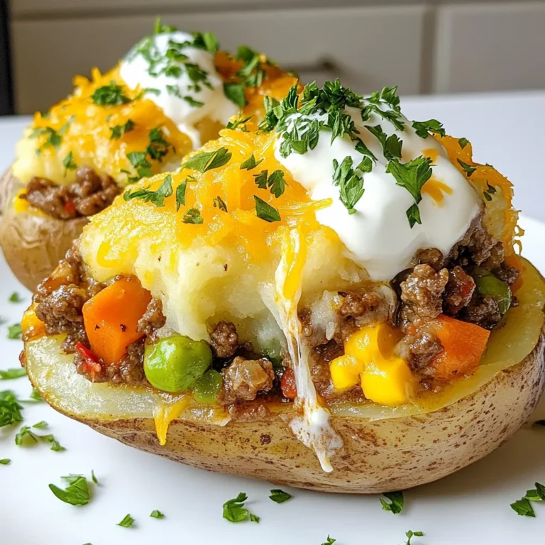 - 4 große Backkartoffeln (Russet) - 450 g Hackfleisch (Rind oder Lamm) - 1 Tasse gefrorenes Gemüse-Mix (Erbsen, Karotten, Mais) - 1 mittelgroße Zwiebel, gewürfelt - 2 Knoblauchzehen, fein gehackt - 1 Esslöffel Tomatenmark - 240 ml Rinderbrühe - 1 Teelöffel Worcestershire-Sauce (optional) - Salz und Pfeffer nach Geschmack Eine gute Zutatenliste ist der Schlüssel zu jedem tollen Gericht. Ich wähle immer frische und hochwertige Zutaten. Die Backkartoffeln sind die Basis. Ich bevorzuge Russet-Kartoffeln wegen ihrer Größe und Textur. Sie halten die Füllung gut und haben einen großartigen Geschmack. Das Hackfleisch kann Rind oder Lamm sein. Rindfleisch gibt einen herzhafteren Geschmack, während Lamm einen besonderen, würzigen Charakter hat. Das gefrorene Gemüse-Mix bringt Farbe und Nährstoffe. Zwiebeln und Knoblauch sind wichtig für die Basis der Füllung. Sie geben einen tollen Geschmack. Tomatenmark fügt Tiefe hinzu. Rinderbrühe macht die Mischung schön saftig. Worcestershire-Sauce ist optional, aber sie bringt einen extra Kick. Vergiss nicht Salz und Pfeffer. Sie sind die einfachsten, aber wichtigsten Gewürze! {{ingredient_image_2}} Heize zuerst den Ofen auf 200 °C vor. Nimm die großen Backkartoffeln und bürste sie gründlich. Steche mehrmals mit einer Gabel in die Kartoffeln. Das hilft beim Garen. Reibe die Kartoffeln mit Olivenöl und einer Prise Salz ein. Lege sie auf ein Blech und backe sie 45 bis 60 Minuten. Überprüfe mit einer Gabel, ob sie zart sind. In einer großen Pfanne erhitze das Olivenöl bei mittlerer Hitze. Gib die gewürfelte Zwiebel und den fein gehackten Knoblauch hinein. Brate sie an, bis sie glasig sind. Füge dann das Hackfleisch hinzu. Brate es, bis es durchgegart und braun ist. Lass das überschüssige Fett ablaufen. Rühre das Tomatenmark und die Rinderbrühe in die Pfanne. Füge die Worcestershire-Sauce, Salz und Pfeffer hinzu. Lass die Mischung aufkochen. Jetzt gib das gefrorene Gemüse dazu. Koche alles für weitere fünf Minuten. Nimm die Pfanne vom Herd und rühre den geriebenen Cheddar-Käse ein, bis er schmilzt. Sobald die Kartoffeln fertig sind, schneide sie der Länge nach auf. Drücke die Seiten vorsichtig zusammen, um die Innenseite aufzulockern. Fülle jede Kartoffel großzügig mit der Hackfleischmischung. Träufle etwas Sauerrahm darüber und bestreue die gefüllten Kartoffeln mit frischer Petersilie. - Die richtige Backzeit und Temperatur: Backe die Kartoffeln bei 200 °C für 45-60 Minuten. Überprüfe die Zartheit mit einer Gabel. Die Kartoffeln sollten leicht durchstochen werden können. - Verwendung von Gewürzen für extra Geschmack: Reibe die Kartoffeln vor dem Backen mit Olivenöl und einer Prise Salz. Diese kleinen Schritte machen einen großen Unterschied im Geschmack. - Wahl des besten Hackfleischs (Rind oder Lamm): Du kannst Rinder- oder Lammhackfleisch verwenden. Lamm gibt einen kräftigen Geschmack, während Rind milder ist. - Alternativen zu Worcestershire-Sauce: Wenn du keine Worcestershire-Sauce hast, kannst du Sojasauce oder Balsamico-Essig verwenden. Diese sorgen für Tiefe und einen tollen Umami-Geschmack. - Kreative Präsentation für Gäste: Serviere die gefüllten Kartoffeln auf einem bunten Teller. Garniere sie mit frischer Petersilie. Das sieht nicht nur gut aus, sondern schmeckt auch frisch. - Beilagen, die zu Shepherd's Pie Baked Potatoes passen: Ein frischer Salat oder gedämpftes Gemüse passt gut. Du kannst auch eine cremige Knoblauchsoße dazu reichen. Pro Tipps Die perfekte Kartoffel wählen: Verwenden Sie große Russet-Kartoffeln für die besten Ergebnisse, da sie eine fluffige Textur haben und gut die Füllung halten. Hackfleisch anbraten: Achten Sie darauf, das Hackfleisch gut anzubraten, bis es braun ist, um den vollen Geschmack zu entfalten und überschüssiges Fett zu vermeiden. Gemüsevariationen: Sie können frisches Gemüse wie Paprika oder Zucchini hinzufügen, um noch mehr Geschmack und Nährstoffe in Ihre Füllung zu bringen. Servieren mit Stil: Garnieren Sie die gefüllten Kartoffeln mit zusätzlichem Sauerrahm und frischen Kräutern, um einen ansprechenden Look und zusätzlichen Geschmack zu erzielen. {{image_4}} Für eine vegetarische oder vegane Version von Shepherd's Pie Baked Potatoes können Sie pflanzliche Hackalternativen verwenden. Diese Produkte sind oft auf Erbsen- oder Sojabasis. Sie bieten eine ähnliche Textur und Geschmack wie echtes Fleisch. Eine Mischung aus Linsen und Pilzen ist auch eine tolle Wahl. Diese Kombination bringt Tiefe und Umami in das Gericht. Außerdem können Sie die Gemüsemischungen variieren. Fügen Sie zum Beispiel Spinat, Zucchini oder Paprika hinzu. Diese Gemüsesorten bringen nicht nur Farbe, sondern auch viele Nährstoffe. Sie können sogar einen süßen Kartoffelbrei als Topping verwenden. Das gibt dem Gericht eine süße Note. Wenn Sie Käse lieben, gibt es viele Alternativen zu Cheddar-Käse. Mozzarella schmilzt schön und hat einen milden Geschmack. Feta bringt eine salzige Note und passt gut zu den anderen Zutaten. Sie können auch veganen Käse verwenden, wenn Sie eine pflanzenbasierte Option wünschen. Für zusätzlichen Geschmack probieren Sie Blauschimmelkäse oder Parmesan. Diese Käsesorten verleihen dem Gericht mehr Tiefe und Charakter. Experimentieren Sie mit verschiedenen Käsesorten, um die perfekte Mischung zu finden. Kräuter und Gewürze machen jedes Gericht interessanter. Fügen Sie frischen Thymian oder Rosmarin hinzu, um den Geschmack zu vertiefen. Auch Oregano passt gut zu dieser Mischung. Wenn Sie es scharf mögen, geben Sie Chilipulver oder Paprika hinzu. Diese Gewürze bringen eine angenehme Schärfe und Wärme. Sie können auch eine Prise Muskatnuss für einen warmen, nussigen Geschmack verwenden. Seien Sie kreativ und passen Sie die Gewürze an Ihren persönlichen Geschmack an. Experimentieren Sie, um Ihr perfektes Rezept zu finden. Um die Shepherd's Pie Baked Potatoes richtig zu lagern, lassen Sie sie zuerst abkühlen. Wickeln Sie jede gefüllte Kartoffel in Frischhaltefolie oder legen Sie sie in einen luftdichten Behälter. So bleibt die Feuchtigkeit erhalten. Im Kühlschrank halten die gefüllten Kartoffeln bis zu drei Tage frisch. Achten Sie darauf, die Kartoffeln vor dem Verzehr gut durchzuwärmen. Für eine längere Haltbarkeit können Sie die Shepherd's Pie Baked Potatoes einfrieren. Wickeln Sie die abgekühlten Kartoffeln gut in Frischhaltefolie und dann in Alufolie. Auf diese Weise schützen Sie sie vor Gefrierbrand. Die Kartoffeln sind bis zu drei Monate haltbar. Zum Auftauen legen Sie die Kartoffeln über Nacht in den Kühlschrank. Zum Erwärmen können Sie sie im Ofen oder in der Mikrowelle aufwärmen. Es gibt zwei einfache Methoden zum Erwärmen. Sie können die Kartoffeln im Ofen bei 180 °C (350 °F) etwa 20-25 Minuten aufwärmen. So bleibt die Konsistenz der Kartoffeln schön. Alternativ können Sie die Kartoffeln in der Mikrowelle auf einem Teller bei mittlerer Hitze für 5-7 Minuten erwärmen. Decken Sie die Kartoffeln dabei mit einem feuchten Küchentuch ab, um das Austrocknen zu vermeiden. Ja, Sie können die Kartoffeln im Voraus zubereiten. Kochen Sie sie ganz und lassen Sie sie abkühlen. Wickeln Sie die Kartoffeln in Folie oder legen Sie sie in einen Behälter. So bleiben sie frisch. Sie können die Kartoffeln auch vor dem Backen vorbereiten. Stechen Sie sie ein und reiben Sie sie mit Öl ein. Lagern Sie sie dann im Kühlschrank. So sparen Sie Zeit, wenn Sie das Gericht zubereiten. Traditionell passen einige Beilagen gut zu Shepherd's Pie. Ein frischer grüner Salat ist eine gute Wahl. Auch gedämpftes Gemüse, wie Brokkoli oder grüne Bohnen, ergänzt das Gericht. Für Getränke eignen sich ein leichtes Bier oder ein fruchtiger Wein. Diese Kombinationen bringen die Aromen zusammen und machen die Mahlzeit ausgeglichener. Die Reste von Shepherd's Pie Baked Potatoes halten sich gut. Sie können die gefüllten Kartoffeln im Kühlschrank bis zu drei Tage lagern. Stellen Sie sicher, dass sie in einem luftdichten Behälter sind. Wenn Sie die Reste länger aufbewahren wollen, frieren Sie sie ein. In einem Gefrierbehälter halten sie bis zu drei Monate. Zum Aufwärmen können Sie sie im Ofen oder in der Mikrowelle erhitzen. In diesem Artikel haben wir die Zutaten und Schritte für Shepherd's Pie Baked Potatoes besprochen. Wir haben auch Tipps für die perfekte Kartoffel und Variationen für jeden Geschmack gegeben. Abschließend ist dieses Gericht einfach zuzubereiten und macht Eindruck. Du kannst mit verschiedenen Zutaten experimentieren, um es an deinen Geschmack anzupassen. Genieße jede Bissen und teile dieses Rezept mit anderen!