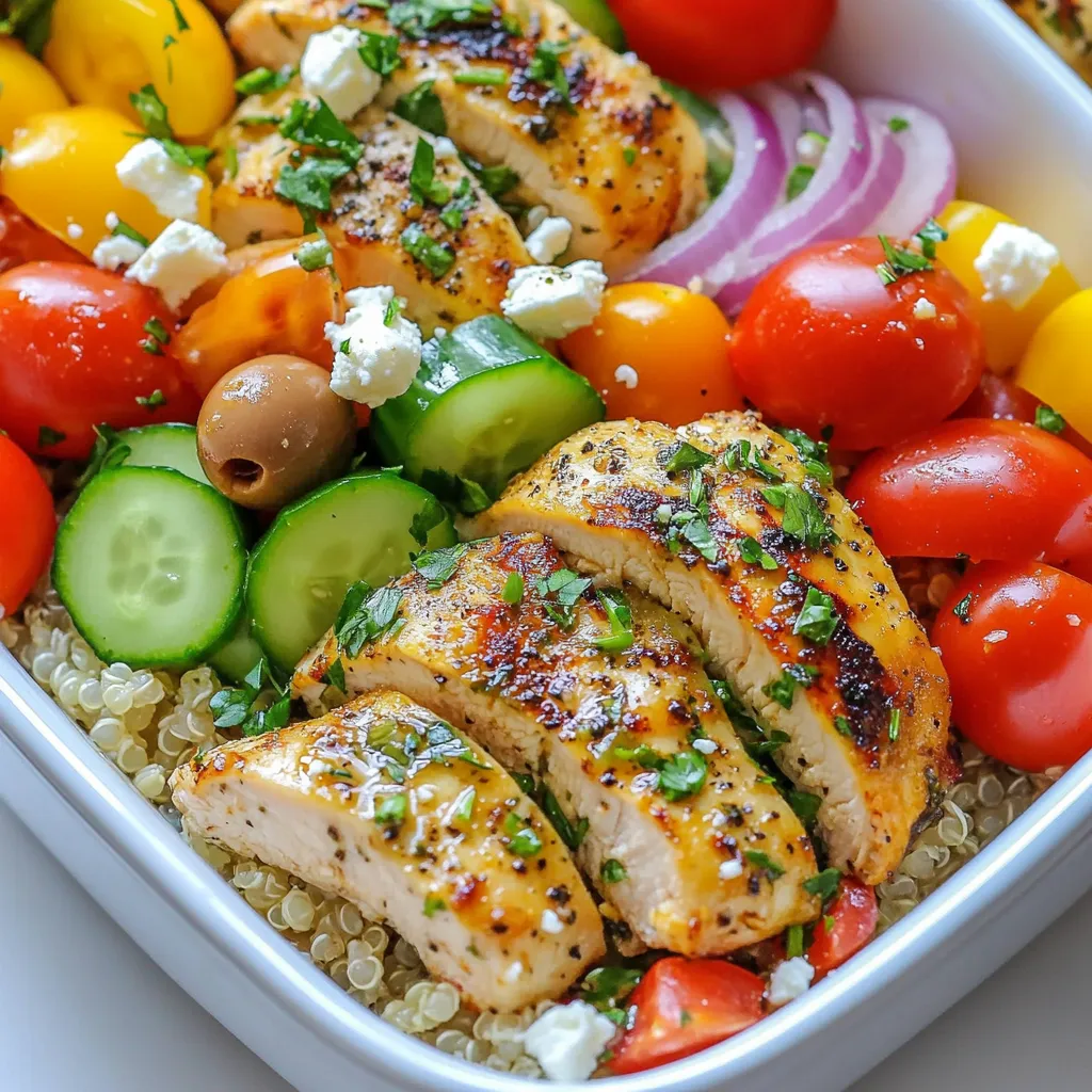 Um die perfekten griechischen Chicken Meal Prep Schalen zu machen, brauchst du einige Hauptzutaten. Diese geben deinem Gericht Geschmack und Fülle. Hier sind die wichtigen Zutaten: - 2 Tassen gekochter Vollkornreis oder Quinoa - 450 g Hähnchenschenkel, ohne Knochen und Haut - 2 Esslöffel Olivenöl Die Marinade ist das Herzstück des Geschmacks. Sie macht das Hähnchen saftig und lecker. Diese Gewürze brauchst du: - 1 Teelöffel Knoblauchpulver - 1 Teelöffel Zwiebelpulver - 1 Teelöffel getrockneter Oregano - 1/2 Teelöffel geräuchertes Paprikapulver - Salz und Pfeffer nach Geschmack Frisches Gemüse bringt Farbe und zusätzliche Nährstoffe in deine Schalen. Hier ist, was du verwenden solltest: - 1 Tasse Kirschtomaten, halbiert - 1 Gurke, gewürfelt - 1 Paprika (rot oder gelb), gewürfelt - 1/2 rote Zwiebel, dünn geschnitten - 1 Tasse Kalamata-Oliven, entkernt und halbiert - 1 Tasse Feta-Käse, zerbröselt - 1/4 Tasse frische Petersilie, gehackt - Saft von 1 Zitrone (für das Dressing) Mit diesen Zutaten kannst du leckere und gesunde Meal Prep Schalen zubereiten. Sie sind perfekt für hektische Tage. {{ingredient_image_2}} Für die Marinade mische ich Olivenöl, Knoblauchpulver und Zwiebelpulver. Ich füge getrockneten Oregano, geräuchertes Paprikapulver, Salz und Pfeffer hinzu. Diese Mischung gebe ich in eine große Schüssel. Dann kommen die Hähnchenschenkel hinein. Ich achte darauf, dass das Hähnchen gut mit der Marinade bedeckt ist. Am besten lasse ich das Hähnchen mindestens 30 Minuten marinieren. Für intensivere Aromen kann ich es auch über Nacht im Kühlschrank lassen. Ich heize eine Grillpfanne oder normale Pfanne auf mittelhoher Hitze vor. Die marinierten Hähnchenschenkel brate ich dann etwa 6-7 Minuten pro Seite. Sie sollten goldbraun und durchgegart sein. Nach dem Braten lasse ich das Hähnchen 5 Minuten ruhen. So wird es saftiger. Dann schneide ich es in Stücke. Während das Hähnchen ruht, bereite ich die Gemüse vor. In einer Schüssel vermenge ich Kirschtomaten, Gurke, Paprika und rote Zwiebel. Ich füge die Kalamata-Oliven und die gehackte Petersilie hinzu. In einer kleinen Schüssel verrühre ich Zitronensaft mit Salz und Pfeffer. Dieses Dressing gebe ich über das Gemüse und rühre alles sanft um. Für die Meal Prep Schalen nehme ich gekochten Vollkornreis oder Quinoa als Basis. Ich richte jede Portion mit geschnittenem Hähnchen, dem gemischten Gemüsesalat und zerbröseltem Feta-Käse an. So sieht jede Schale bunt und einladend aus. Ich verschließe die Meal Prep Behälter gut und lagere sie im Kühlschrank. Sie halten sich bis zu 4 Tage. Zum Essen kann ich das Hähnchen und den Reis aufwärmen oder die Schalen kalt genießen. So habe ich gesunde Mahlzeiten für die Woche vorbereitet. Die Marinierzeit ist wichtig für den Geschmack des Hähnchens. Ich empfehle, das Hähnchen mindestens 30 Minuten zu marinieren. Wenn du mehr Zeit hast, lasse es über Nacht im Kühlschrank. So zieht die Marinade besser ein und das Hähnchen wird zarter und aromatischer. Du kannst auch verschiedene Gewürze ausprobieren, um neue Geschmäcker zu entdecken. Ich bevorzuge eine Grillpfanne für das Hähnchen. Sie gibt dem Fleisch eine schöne Röstaroma. Du kannst das Hähnchen auch im Ofen braten. Stelle den Ofen auf 200 Grad Celsius ein und brate das Hähnchen 25 bis 30 Minuten lang. Teste immer, ob das Hähnchen durch ist. Es sollte innen nicht mehr rosa sein. Eine gute Technik ist, mit einem Thermometer die Kerntemperatur zu messen. Sie sollte 75 Grad Celsius erreichen. Die Präsentation macht das Essen noch schöner. Ich garnieren die Schalen gern mit frischer Petersilie. Ein paar Kirschtomaten oder Oliven obenauf sehen auch toll aus. Du kannst auch Zitronenscheiben auf die Schalen legen. Das bringt Farbe und einen frischen Geschmack. Achte darauf, die Schalen gleichmäßig zu befüllen. So sieht alles ansprechend aus und macht mehr Lust auf das Essen. Pro Tipps Hähnchen marinieren: Je länger das Hähnchen mariniert, desto intensiver wird der Geschmack. Über Nacht im Kühlschrank marinieren, wenn möglich. Gemüse frisch halten: Um die Frische des Gemüses zu bewahren, die Dressing erst kurz vor dem Servieren hinzufügen. Kombination von Aromen: Experimentieren Sie mit verschiedenen Kräutern und Gewürzen, um den Geschmack nach Ihrem Belieben anzupassen. Portionsgröße: Die Meal Prep Schalen können auch in verschiedenen Portionen zubereitet werden, je nach Hunger und Bedarf. {{image_4}} Wenn Sie kein Hähnchen möchten, probieren Sie Tofu oder Kichererbsen. Tofu nimmt die Aromen gut auf. Marinieren Sie ihn wie das Hähnchen. Kichererbsen sind einfach zu verwenden. Sie brauchen keinen langen Marinierprozess. Beide Optionen sind lecker und gesund. Saucen bringen Vielfalt. Ein Joghurt-Dressing mit Zitronensaft ist frisch. Mischen Sie griechischen Joghurt, Zitronensaft und etwas Knoblauch. Für einen anderen Geschmack, verwenden Sie Tahini-Dressing. Mischen Sie Tahini mit Wasser, Zitronensaft und Knoblauch. Experimentieren Sie mit verschiedenen Dressings, um Ihre Schalen spannend zu halten. Fügen Sie weiteres Gemüse hinzu, um die Schalen bunt zu machen. Zucchini, Auberginen oder Spinat sind großartige Optionen. Wenn Sie mehr Protein möchten, versuchen Sie Quinoa, das ist eine gute Wahl. Auch Linsen passen gut zu den Schalen. Sie sind nahrhaft und geben einen schönen Biss. Um die Griechischen Chicken Meal Prep Schalen frisch zu halten, lege sie in luftdichte Behälter. Diese Behälter schützen die Aromen und die Frische der Zutaten. Achte darauf, dass der Deckel gut schließt. So bleibt alles knackig und lecker. Die Schalen sind im Kühlschrank bis zu vier Tage haltbar. Das Hähnchen bleibt zart und das Gemüse frisch. Achte darauf, die Schalen nicht länger als empfohlen aufzubewahren. So vermeidest du, dass die Qualität leidet. Zum Aufwärmen nimm die Schalen aus dem Kühlschrank. Erhitze sie in der Mikrowelle oder in einer Pfanne. Wenn du sie in der Mikrowelle erwärmst, decke die Schale ab, damit die Feuchtigkeit bleibt. Du kannst sie auch kalt genießen, besonders an warmen Tagen. Du kannst diese Schalen bis zu vier Tage im Kühlschrank aufbewahren. Achte darauf, die Behälter gut zu verschließen. So bleibt dein Essen frisch und lecker. Wenn du die Schalen länger aufbewahren willst, denke darüber nach, sie einzufrieren. Ja, du kannst das Hähnchen im Voraus marinieren. Eine gute Marinierzeit sind mindestens 30 Minuten. Für mehr Geschmack empfehle ich, es über Nacht im Kühlschrank zu lassen. So zieht die Marinade besser ein und macht das Hähnchen saftiger. Zu den griechischen Chicken Meal Prep Schalen passen viele Beilagen. Du kannst zum Beispiel einen frischen grünen Salat oder ein Stück Fladenbrot servieren. Auch Tzatziki passt wunderbar dazu. Diese Beilagen ergänzen die Aromen perfekt. Ja, du kannst die Schalen auch einfrieren. Achte darauf, dass du die Schalen gut abdeckst. So vermeiden wir Gefrierbrand. Zum Aufwärmen kannst du sie direkt im Ofen oder in der Mikrowelle nutzen, wenn du bereit bist, sie zu essen. Die griechischen Chicken Meal Prep Schalen sind einfach und lecker. Wir haben die Hauptzutaten, Gewürze und das Gemüse besprochen. Die Schritt-für-Schritt-Anleitung hilft dir, schnell zu kochen. Tipps und Tricks verbessern den Geschmack und die Präsentation. Du kannst auch Variationen ausprobieren, um deine Schalen zu personalisieren. Achte auf die richtige Lagerung, damit deine Mahlzeiten frisch bleiben. Nutze die FAQs für wichtige Fragen. Plane deine Mahlzeiten gut, und genieße gesunde, köstliche Gerichte, die du einfach aufwärmen kannst.