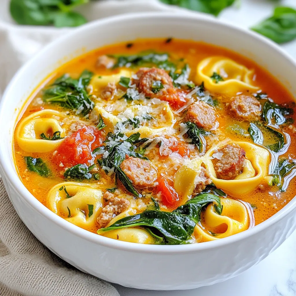 Für die Würstchen Spinat Tortellini Suppe brauchst du: - 225 g Käse-Tortellini - 450 g italienische Wurst (mild oder scharf, je nach Vorliebe) - 1 mittelgroße Zwiebel, gewürfelt - 3 Knoblauchzehen, fein gehackt - 960 ml Hühner- oder Gemüsebrühe - 120 g frischer Spinat - 1 Dose (400 g) gewürfelte Tomaten mit Kräutern - 2 Teelöffel italienische Gewürzmischung - 1 Esslöffel Olivenöl - Salz und Pfeffer nach Geschmack - Geriebener Parmesan zum Servieren Die Wahl der Zutaten ist wichtig für den Geschmack. Hier sind einige Tipps: - Wurst: Suche nach frischer italienischer Wurst. Achte auf hochwertige Zutaten ohne Füllstoffe. - Tortellini: Frische Käse-Tortellini bieten den besten Geschmack. Du kannst auch gefrorene verwenden, wenn nötig. - Gemüse: Wähle frischen Spinat. Er sollte knackig und leuchtend grün sein. - Brühe: Verwende hausgemachte Brühe, wenn möglich. Sie hat mehr Geschmack als gekaufte Brühe. - Tomaten: Wähle gewürfelte Tomaten mit Kräutern. Das spart Zeit und bringt viel Aroma. Diese Suppe ist nicht nur lecker, sondern auch nahrhaft. Hier sind einige Nährwerte pro Portion: - Kalorien: Ca. 300 kcal - Protein: Ca. 20 g - Kohlenhydrate: Ca. 32 g - Fett: Ca. 12 g - Ballaststoffe: Ca. 4 g Diese Suppe ist eine gute Quelle für Eiweiß und Ballaststoffe. Sie ist perfekt für eine schnelle Mahlzeit. {{ingredient_image_2}} 1. Erhitze in einem großen Topf oder einem Dutch Oven 1 Esslöffel Olivenöl bei mittlerer Hitze. 2. Füge 1 gewürfelte Zwiebel hinzu und brate sie 3-4 Minuten, bis sie glasig wird. 3. Gib 3 fein gehackte Knoblauchzehen dazu und brate sie 1 Minute lang an. 4. Entferne die Wurst aus ihrer Hülle und krümle sie in den Topf. Brate die Wurst 5-7 Minuten, bis sie braun ist. 5. Gieße 960 ml Hühner- oder Gemüsebrühe in den Topf. Füge 400 g gewürfelte Tomaten mit Kräutern hinzu. 6. Rühre 2 Teelöffel italienische Gewürzmischung ein und schmecke mit Salz und Pfeffer ab. 7. Lasse die Suppe bei mittlerer Hitze köcheln. Reduziere die Hitze auf niedrig und lasse sie 10 Minuten köcheln. 8. Gib 225 g Käse-Tortellini in den Topf und koche sie 3-5 Minuten. 9. Füge in den letzten Minuten 120 g frischen Spinat hinzu und rühre um. 10. Probiere die Suppe und passe die Gewürze nach Bedarf an. Serviere sie mit geriebenem Parmesan. - Olivenöl erhitzen und Zwiebel anbraten: 4-5 Minuten - Knoblauch anbraten: 1 Minute - Wurst anbraten: 5-7 Minuten - Brühe und Tomaten hinzufügen: 2 Minuten - Köcheln lassen: 10 Minuten - Tortellini kochen: 3-5 Minuten - Spinat hinzufügen und servieren: 2 Minuten Die gesamte Zubereitungszeit beträgt etwa 30 Minuten. - Großer Topf oder Dutch Oven - Kochlöffel - Schneidebrett - Messer - Messbecher Diese Geräte helfen dir, die Suppe schnell und einfach zuzubereiten. Um die beste Sausage Spinach Tortellini Soup zu machen, achte auf die Zwiebeln. Sie sollten weich und süß sein. Brate sie bei mittlerer Hitze und rühre oft um. Knoblauch ist wichtig für den Geschmack, also schneide ihn fein. Lass ihn nicht zu lange braten, sonst wird er bitter. Wähle frische Tortellini. Sie kochen schneller und schmecken besser. Die Gewürze machen die Suppe lebendig. Du kannst die italienische Gewürzmischung nach deinem Geschmack anpassen. Füge mehr Oregano oder Basilikum hinzu, wenn du es magst. Probiere auch Paprika oder Chili, um etwas Schärfe zu bekommen. Kosten ist der Schlüssel! Probiere die Suppe während des Kochens und passe die Gewürze nach deinem Geschmack an. Der richtige Käse macht die Suppe noch besser. Ich empfehle geriebenen Parmesan. Er hat einen kräftigen Geschmack und schmilzt gut. Du kannst auch Pecorino verwenden, wenn du etwas Salziges magst. Streue den Käse direkt vor dem Servieren auf die heiße Suppe. So schmilzt er schön und macht das Gericht cremig. Pro Tipps Wurst auswählen: Wählen Sie eine italienische Wurst mit Geschmack, die gut zu den anderen Zutaten passt. Mild oder scharf je nach Vorliebe. Frischer Spinat: Verwenden Sie frischen Spinat für den besten Geschmack und die beste Textur. Er sollte erst kurz vor dem Servieren hinzugefügt werden, um seine Farbe und Nährstoffe zu bewahren. Gemüsebrühe selbst machen: Selbstgemachte Brühe verleiht der Suppe mehr Tiefe und Geschmack. Wenn Sie keine Zeit haben, achten Sie auf hochwertige Fertigbrühe. Parmesan frisch reiben: Frisch geriebener Parmesan sorgt für ein intensiveres Aroma. Verwenden Sie eine Mikroplane für feines Reiben und gleichmäßige Verteilung in der Suppe. {{image_4}} Du kannst die Würstchen durch eine Mischung aus Pilzen und Kichererbsen ersetzen. Diese Zutaten geben der Suppe einen tollen Geschmack und machen sie nahrhaft. Verwende 300 g Champignons, gewürfelt, und 1 Dose Kichererbsen, gut abgespült. Brate die Pilze zusammen mit der Zwiebel und dem Knoblauch an. Füge dann die Brühe und die Tomaten hinzu. Das ergibt eine leckere, vegetarische Suppe. Für eine andere Geschmacksrichtung kannst du Hühnerbrust oder Rinderhack verwenden. Nimm 300 g Hühnerbrust und schneide sie in kleine Stücke. Brate sie in der Pfanne an, bis sie gar sind. Füge dann die Zwiebel und den Knoblauch hinzu. Bei der Verwendung von Rinderhack ist es wichtig, das Fett abzugießen, bevor du die Brühe hinzufügst. Beide Varianten bringen neue Aromen in die Suppe. Die Suppe lässt sich leicht mit verschiedenen Gemüsesorten anpassen. Probiere Karotten, Sellerie oder Zucchini. Schneide sie klein und füge sie zu den Zwiebeln hinzu. Sie geben der Suppe mehr Textur und Nährstoffe. Auch frische Kräuter wie Basilikum oder Petersilie machen einen großen Unterschied. Füge sie am Ende der Kochzeit hinzu, um ihren Geschmack zu bewahren. Um die Sausage Spinach Tortellini Soup richtig zu lagern, solltest du sie zuerst abkühlen lassen. Fülle die Suppe dann in einen luftdichten Behälter. Achte darauf, dass du den Behälter nicht zu voll machst, damit die Suppe Platz zum Ausdehnen hat. Das hilft, die Aromen frisch zu halten. Beim Aufwärmen dieser Suppe gibt es ein paar einfache Schritte. Gib die Suppe in einen Topf und erhitze sie bei mittlerer Hitze. Rühre sie gut um, um ein Anbrennen zu vermeiden. Du kannst auch einen Schuss Brühe hinzufügen, falls die Suppe zu dick geworden ist. Das sorgt für eine schöne Konsistenz. Im Kühlschrank bleibt die Suppe bis zu drei Tage frisch. Wenn du die Suppe länger aufbewahren möchtest, friere sie ein. In einem luftdichten Behälter hält sie sich bis zu drei Monate im Gefrierschrank. Denke daran, die Suppe langsam im Kühlschrank aufzutauen, bevor du sie wieder erhitzt. Die Zubereitung dieser Suppe dauert insgesamt etwa 30 Minuten. Du brauchst 10 Minuten für die Vorbereitung der Zutaten. Das Kochen dauert dann 20 Minuten. Es ist also perfekt für einen schnellen Abendessen. Ja, du kannst gefrorenen Spinat verwenden. Achte darauf, ihn vorher gut abzutropfen. Gefrorener Spinat hat einen anderen Geschmack, aber er funktioniert gut in dieser Suppe. Du sparst auch etwas Zeit, da du ihn nicht waschen musst. Ein einfaches Stück Brot passt perfekt dazu. Du kannst auch einen grünen Salat servieren. Eine Scheibe knuspriges Baguette ergänzt die Suppe sehr gut. Wenn du magst, kannst du auch Käse-Crostini probieren. Diese Anleitung bietet dir alles, was du für eine köstliche Suppe brauchst. Wir haben hochwertige Zutaten, eine klare Anleitung und hilfreiche Tipps beschrieben. Du weißt nun, wie du die perfekte Suppe zubereitest und sie ganz nach deinem Geschmack anpassen kannst. Denke an die Lagerung und Haltbarkeit, um die Suppe frisch zu halten. Mit diesen Ideen kannst du deine Suppe immer wieder neu gestalten und genießen. Probiere es aus und kreiere deine eigene köstliche Suppe!