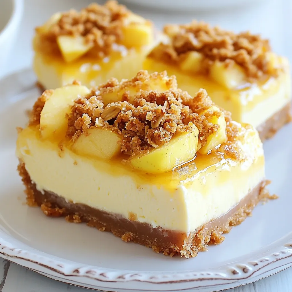 Für diesen leckeren Apfel-Crumble-Käsekuchen benötigst du folgende Zutaten: - 2 Tassen Graham-Cracker-Brösel - 1/2 Tasse ungesalzene Butter, geschmolzen - 1/4 Tasse Zucker - 3 (je 225 g) Packungen Frischkäse, weich gemacht - 1 Tasse Zucker - 1 Teelöffel Vanilleextrakt - 3 große Eier - 4 mittlere Äpfel, geschält, entkernt und dünn geschnitten - 1 Esslöffel Zitronensaft - 1 Teelöffel Zimt - 1 Tasse brauner Zucker - 1 Tasse Haferflocken - 1/2 Tasse Weizenmehl - 1/2 Teelöffel Salz Die Auswahl der Zutaten ist wichtig. Achte auf frische Äpfel. Sie geben dem Kuchen viel Geschmack. Verwende einen guten Frischkäse. So wird die Füllung cremiger. Ich empfehle, ungesalzene Butter zu nutzen. Das hilft, den süßen Geschmack zu betonen. Für das Crumble-Topping sind Haferflocken wichtig. Sie geben eine schöne Textur. Du kannst auch braunen Zucker verwenden. So wird das Topping besonders lecker. Hier sind einige Nährwertangaben für die Hauptzutaten: - Frischkäse: Reich an Eiweiß, gut für die Muskulatur. - Äpfel: Voller Ballaststoffe, gut für die Verdauung. - Haferflocken: Gut für das Herz, senken den Cholesterinspiegel. - Butter: Liefert Energie, aber in Maßen genießen. - Zucker: Gibt Süße, aber auch viele Kalorien. Denke daran, die Portionen zu beachten. Ein Stück Käsekuchen ist ein Genuss, aber auch eine Belohnung! {{ingredient_image_2}} Heize deinen Ofen auf 165°C vor. Diese Temperatur hilft, den Käsekuchen gleichmäßig zu garen. Fette eine 23 cm Springform mit Kochspray ein. Damit bleibt der Käsekuchen beim Servieren nicht kleben. In einer Rührschüssel vermischst du zwei Tassen Graham-Cracker-Brösel mit 1/2 Tasse geschmolzener Butter und 1/4 Tasse Zucker. Mische alles gut, bis die Brösel gleichmäßig benetzt sind. Drücke die Mischung fest auf den Boden der Springform. Backe die Kruste 8-10 Minuten lang, bis sie goldbraun ist. Lass sie danach etwas abkühlen. In einer großen Schüssel schlägst du drei Packungen weichen Frischkäse cremig. Füge nach und nach 1 Tasse Zucker hinzu und mische weiter. Rühre dann 1 Teelöffel Vanilleextrakt ein. Füge die Eier nacheinander hinzu und mixe jedes Ei gut unter. In einer separaten Schüssel vermischst du vier dünn geschnittene Äpfel mit 1 Esslöffel Zitronensaft und 1 Teelöffel Zimt. Diese Mischung bringt fruchtigen Geschmack. Hebe die Apfelmischung vorsichtig unter die Frischkäsemasse. Gieße die Mischung gleichmäßig über die vorgebackene Kruste. In einer anderen Schüssel vermischst du 1 Tasse braunen Zucker, 1 Tasse Haferflocken, 1/2 Tasse Weizenmehl und 1/2 Teelöffel Salz. Füge die geschmolzene Butter hinzu und vermische alles, bis es krümelig ist. Streue das Crumble-Topping gleichmäßig über die Käsekuchenfüllung. Backe den Käsekuchen für 50-60 Minuten. Die Mitte sollte fest, aber leicht wackelig sein. Schalte den Ofen aus und lasse die Tür einen Spalt geöffnet. Dadurch kühlt der Käsekuchen schonend ab. Lasse ihn etwa 1 Stunde im Ofen. Danach stelle ihn für mindestens 4 Stunden in den Kühlschrank, besser über Nacht. Um einen perfekten Apfel-Crumble-Käsekuchen zu machen, achte auf die Temperatur. Verwende die Zutaten bei Raumtemperatur. Das hilft, eine glatte Füllung zu erhalten. Schlage den Frischkäse gut ein, bevor du Zucker hinzufügst. So vermeidest du Klumpen. Achte darauf, die Äpfel gleichmäßig in die Füllung zu mischen. So bekommst du in jedem Bissen den guten Apfelgeschmack. Experimentiere mit dem Zimt. Du kannst auch einen Hauch Muskatnuss hinzufügen. Das bringt Tiefe in den Geschmack. Für etwas Frische, probiere ein wenig Ingwer. Mische die Äpfel mit verschiedenen Sorten, wie Granny Smith und Gala. Das gibt eine schöne Balance zwischen süß und sauer. Füge ein paar Nüsse oder Mandeln zum Crumble-Topping hinzu. Das gibt einen tollen Crunch. Dieses Rezept ist perfekt für Kochanfänger. Die Schritte sind einfach und klar. Du kannst nicht viel falsch machen. Miss die Zutaten genau ab. Das macht den Prozess reibungslos. Wenn du Fragen hast, suche nach Videos oder Tutorials. So siehst du, wie die Konsistenz sein sollte. Traue dich, es zu versuchen! Jeder kann einen leckeren Käsekuchen backen. Pro Tipps Frische Äpfel verwenden: Verwende frische, saftige Äpfel für den besten Geschmack und die beste Textur. Sorten wie Granny Smith oder Honeycrisp sind ideal für diesen Käsekuchen. Kruste festdrücken: Stelle sicher, dass die Graham-Cracker-Kruste gut und fest auf dem Boden der Springform gedrückt wird, um ein Auslaufen der Füllung zu verhindern. Langsame Abkühlung: Lasse den Käsekuchen im Ofen mit geöffneter Tür abkühlen, um Risse zu vermeiden. Ein langsames Abkühlen hilft, die Struktur zu stabilisieren. Über Nacht kühlen: Stelle den Käsekuchen über Nacht in den Kühlschrank, damit er vollständig fest wird und die Aromen sich entfalten können. {{image_4}} Du kannst mit verschiedenen Obstsorten spielen. Anstelle von Äpfeln sind Birnen eine tolle Wahl. Sie geben dem Käsekuchen einen anderen Geschmack. Auch Kirschen oder Pfirsiche passen gut. Achte darauf, die Früchte gut zu schneiden. So verteilt sich ihr Geschmack gleichmäßig. Wenn du glutenfrei backen möchtest, gibt es einfache Alternativen. Ersetze die Graham-Cracker durch glutenfreie Kekse oder Hafer. Achte darauf, dass die Haferflocken ebenfalls glutenfrei sind. Das macht die Kruste knusprig und lecker. Du kannst auch glutenfreies Mehl für das Topping verwenden. Das Topping kann ganz unterschiedlich sein. Probiere gemahlene Nüsse wie Mandeln oder Walnüsse. Sie bringen einen nussigen Geschmack. Du kannst auch Kokosraspeln hinzufügen. Diese machen das Topping reichhaltiger. Wenn du es süßer magst, füge Schokoladenstückchen hinzu. So wird der Käsekuchen noch verlockender. Um deinen Apfel-Crumble-Käsekuchen frisch zu halten, stelle ihn in den Kühlschrank. Verwende ein luftdichtes Behältnis oder decke ihn gut mit Frischhaltefolie ab. So bleibt der Käsekuchen feucht und lecker. Stelle sicher, dass der Käsekuchen vollständig abgekühlt ist, bevor du ihn einpackst. Wenn du Reste hast, kannst du den Käsekuchen einfrieren. Schneide ihn in Stücke und lege sie in einen gefrierfesten Beutel. Entferne so viel Luft wie möglich. So bleibt der Käsekuchen bis zu drei Monate haltbar. Zum Auftauen lege die Stücke einfach über Nacht in den Kühlschrank. Im Kühlschrank hält sich der Apfel-Crumble-Käsekuchen etwa fünf bis sieben Tage. Achte darauf, ihn gut abzudecken. Wenn du ihn gefroren hast, genieße ihn innerhalb von drei Monaten. So schmeckt er am besten. Wenn du unsicher bist, rieche oder schaue dir die Reste an, bevor du sie isst. Kühle deinen Käsekuchen mindestens vier Stunden. Am besten lässt du ihn über Nacht im Kühlschrank. So wird die Füllung fest und der Käsekuchen schmeckt besser. Ja, du kannst die Äpfel im Voraus vorbereiten. Schäle und schneide sie einen Tag vorher. Mische sie mit Zitronensaft, um die Farbe zu halten. Du kannst Kekse wie Butterkekse oder Digestive-Kekse verwenden. Auch zerstoßene Nüsse sind eine gute Wahl. Um die Konsistenz anzupassen, füge mehr Frischkäse für eine dickere Füllung hinzu. Für eine cremigere Textur verwende mehr Eier. In diesem Blogbeitrag habe ich Ihnen die Zutaten, eine Schritt-für-Schritt-Anleitung und nützliche Tipps für einen leckeren Käsekuchen vorgestellt. Sie haben nun die Wahl, verschiedene Obstsorten oder glutenfreie Optionen auszuprobieren. Denken Sie daran, die Reste richtig aufzubewahren, damit Ihr Käsekuchen frisch bleibt. Genießen Sie das Backen und die Freude, die Sie damit bringen!