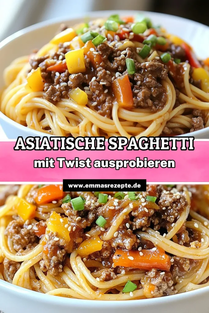 Entdecke dieses köstliche Rezept für asiatisch inspirierte Spaghetti mit Hackfleisch! Diese schnelle asiatische Rezept kombiniert zartes Rinderhackfleisch mit frischem Gemüse und einer würzigen Sauce. Perfekt für ein schnelles Abendessen! Mit nur 30 Minuten Zubereitungszeit ist diese Pasta nicht nur einfach, sondern auch sättigend und lecker. Probiere es aus und teile es mit Freunden! #asiatisch #Pasta #HackfleischRezept #schnelleRezepte