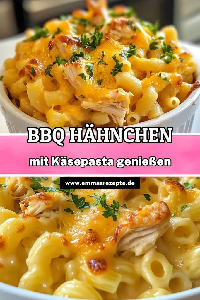 Entdecke das köstliche Rezept für BBQ Hähnchen Mac und Cheese! Dieses cremige Mac and Cheese Rezept vereint zarte Makkaroni mit BBQ-Sauce, zerrupftem Hähnchen und einer Käsefüllung, die einfach unwiderstehlich ist. Ideal für ein einfaches und leckeres Käsegericht mit Hühnchen, das die ganze Familie lieben wird. Probiere es aus und genieße den Geschmack! Speichere es dir! #BBQHähnchen #Käsegericht #Makkaroni #EssenFürFamilien