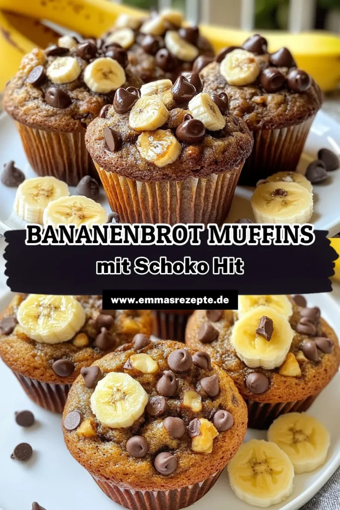 Bereite deine Geschmacksknospen auf diese köstlichen Bananenbrot Muffins mit Schokoladenstückchen vor! Dieses gesunde Muffin Rezept ist einfach zuzubereiten und perfekt für Naschkatzen. Mit reifen Bananen und optionalen Muffins mit Walnüssen sind diese Muffins ein wahrer Genuss nach dem Backen. Lass dir diese süße Leckerei nicht entgehen! Probiere dieses einfache Bananenbrot Rezept aus und teile deine Ergebnisse! #BananenbrotMuffins #SchokoladenstückchenMuffins #gesundesMuffinRezept #MuffinsmitWalnüssen