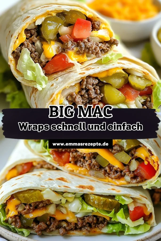 Entdecken Sie das einfache Big Mac Wraps Rezept für einen leckeren Snack! Diese Rinderhackfleisch Wraps sind nicht nur schnell zubereitet, sondern auch perfekt gefüllt mit frischem Gemüse und selbstgemachter Big Mac Sauce. Ideal für die ganze Familie und für jede Gelegenheit. Probieren Sie diese schnelle Snack Idee aus und bringen Sie Abwechslung in Ihre Küche! Teilen und speichern Sie dieses Rezept für später! #BigMacWraps #RinderhackfleischWrap #snackideen #einfacheTortillaFüllung