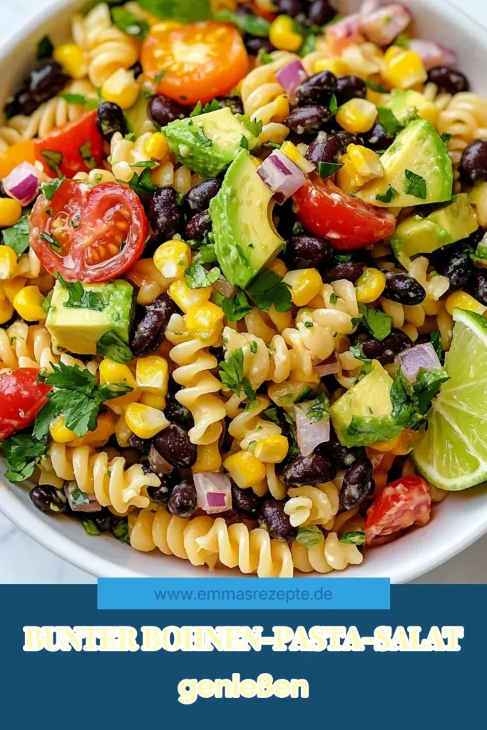 Entdecken Sie unser köstliches Rezept für einen Schwarzen Bohnen Pasta Salat! Dieser gesunde Pasta Salat kombiniert die Aromen von schwarzen Bohnen, frischem Mais und Avocado für den perfekten vegetarischen Bohnen Salat. Schnell zubereitet, eignet sich dieser Mais Pasta Rezept ideal als leichtes Mittagessen oder Beilage. Holen Sie sich die Neugier, speichern Sie es und genießen Sie! #SchwarzeBohnenPastaSalat #GesunderPastaSalat #VegetarischerBohnenSalat #AvocadoPastaSalat