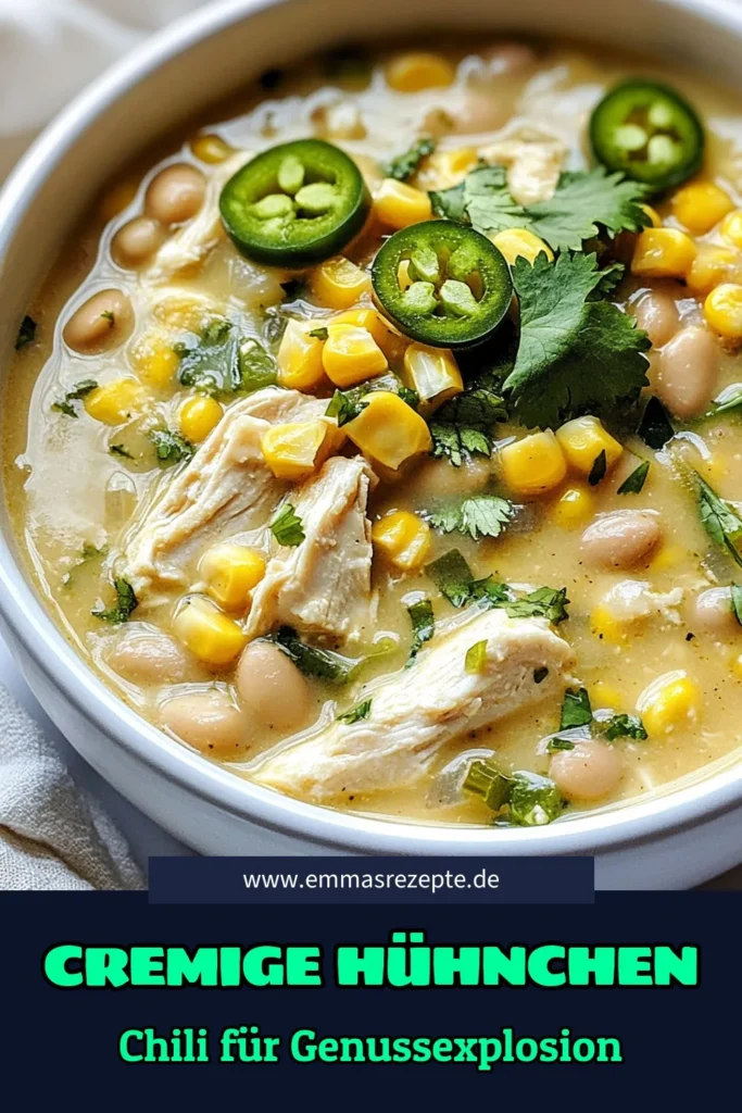 Entdecken Sie dieses cremige weiße Chili, das perfekt für ein einfaches Hähnchen Chili Rezept ist! Mit zarten Hühnchenstücken, weißen Bohnen und einer köstlichen Mischung aus Gewürzen, wird Ihr Gaumen verwöhnt. Fügen Sie Frischkäse hinzu, um eine besonders cremige Konsistenz zu erreichen. Ideal für gemütliche Abende, leicht zubereitet und einfach lecker. Probieren Sie es aus und speichern Sie das Rezept! #weißeBohnenChili #HühnchenChiliRezept #einfachesHähnchenChili #ChilimitFrischkäse