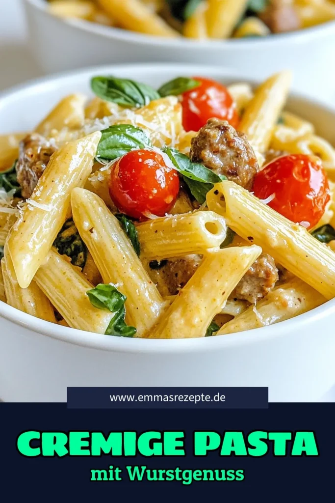 Entdecke das köstliche Rezept für cremige Wurst-Pasta! Diese italienische Pasta mit Wurst kombiniert zarte Penne mit Schlagsahne, frischem Spinat und saftigen Tomaten. Einfache Pasta Rezepte, die in nur 30 Minuten zubereitet werden können! Perfekt für ein schnelles Abendessen. Lass dir dieses Geschmackserlebnis nicht entgehen! Teile dieses Rezept und speichere es für spätere Inspiration. #CremigeWurstPasta #ItalienischePastaMitWurst #PenneMitSchlagsahne #EinfachePastaRezepte