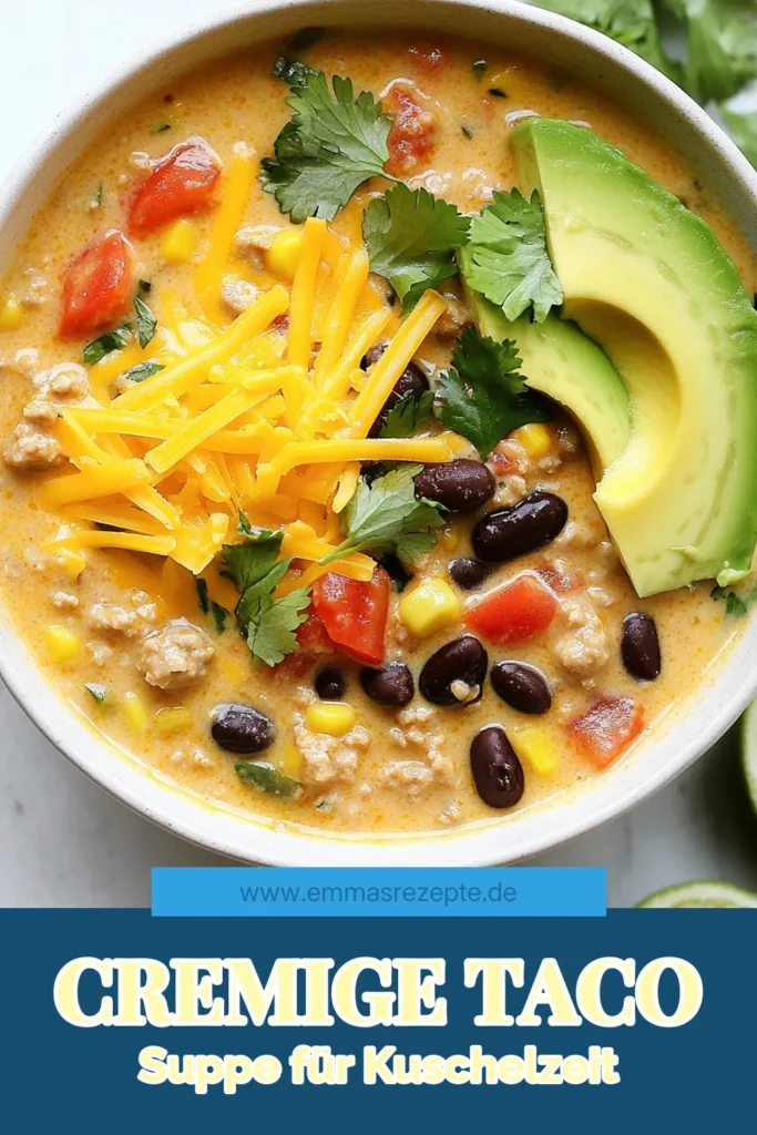 Entdecken Sie unser köstliches Rezept für cremige Taco Suppe! Diese einfache Taco Suppe kombiniert gesunde Zutaten wie schwarze Bohnen und frisches Gemüse, perfekt für ein schnelles Abendessen. Mit ihrer Tex-Mex Note wird diese cremige Taco Suppe zum Hit bei Ihren Liebsten. Probieren Sie es aus und genießen Sie eine gesunde Suppe mit Bohnen! Speichern Sie dieses Taco Suppe Rezept für später! #TacoSuppe #CremigeTacoSuppe #EinfacheTacoSuppe #TexMexSuppe