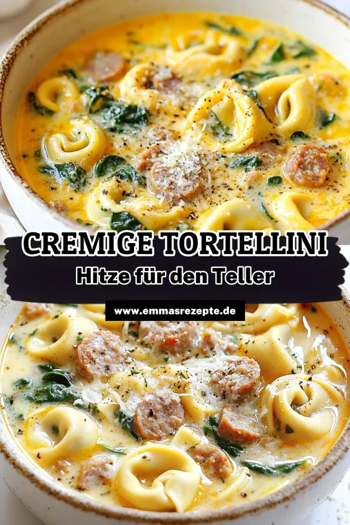 Entdecke dieses einfache italienische Suppe Rezept für eine cremige Tortellini-Suppe mit Wurst und Spinat! Diese cremige Wurst-Spinat-Suppe ist perfekt für kalte Tage und voller Geschmack. Mit frischen Zutaten und nur 30 Minuten Zubereitungszeit zauberst du ein herzhaftes Gericht, das die Familie lieben wird. Probiere es jetzt aus und speichere das Rezept für später! #TortelliniSuppe #WurstSpinatSuppe #italienischeKüche #einfachesRezept