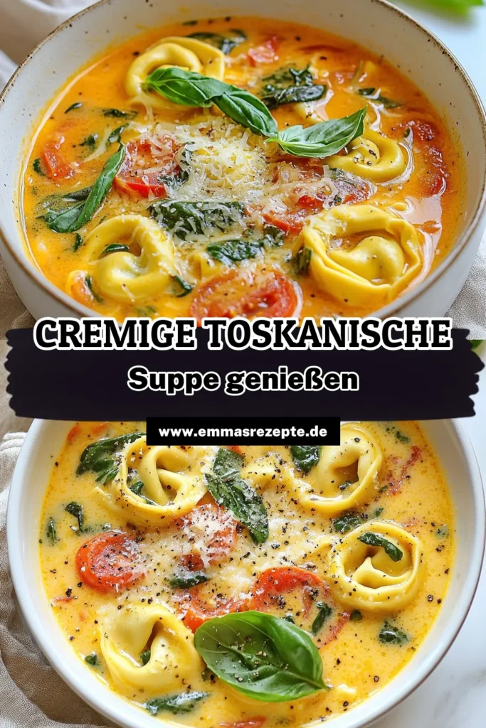 Entdecken Sie die perfekte cremige Tortellini-Suppe mit diesem toskanischen Suppe Rezept! Mit frischen Käsereis-Tortellini und viel Gemüse ist diese einfache vegetarische Suppe ideal für schnelle, unkomplizierte Mahlzeiten. In nur 25 Minuten haben Sie eine köstliche und sättigende Suppe auf dem Tisch. Probieren Sie es aus und bringen Sie italienisches Flair in Ihre Küche! #tortellinisuppe #vegetarischeküche #schnelleküche #vegetarischerezepte