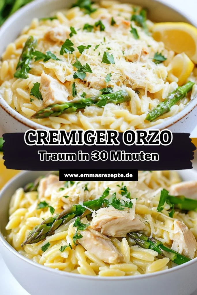 Entdecken Sie unser cremiges Orzo mit Huhn und Spargel - ein einfaches Pasta Rezept, das in nur 30 Minuten zubereitet ist! Dieses köstliche Parmesan-Orzo Rezept kombiniert zarte Hähnchenbrust und knackigen Spargel in einer reichhaltigen Sauce. Perfekt für schnelle Abendessen Ideen, die die ganze Familie begeistern. Speichern Sie dieses Spargel Hähnchen Gericht für Ihr nächstes Dinner! #PastaLover #SchnelleRezepte #GesundesEssen #OrzoRezept
