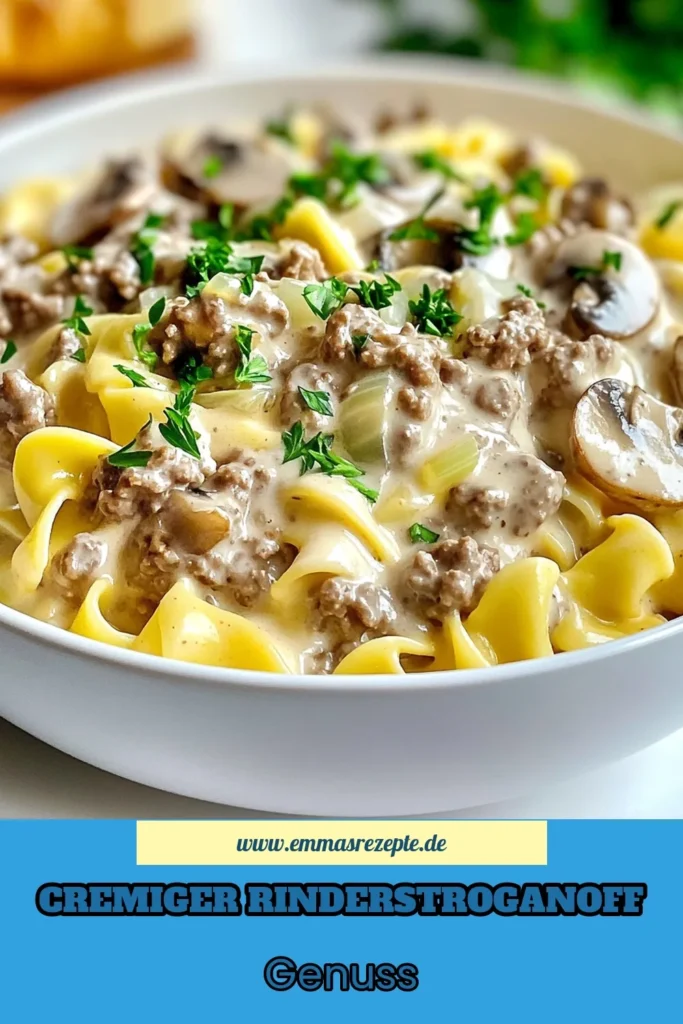 Entdecken Sie unser köstliches Rinderstroganoff Rezept, das perfekt für schnelle Abendessen Ideen ist! Dieser cremige Stroganoff mit Eiernudeln vereint zartes Rinderhackfleisch und aromatische Champignons in einer herrlich cremigen Sauce. Ideal für jeden Abend. Probieren Sie auch unsere einfachen Rinderhackfleisch Rezepte und verschiedene Pilz Stroganoff Varianten aus. Speichern Sie es für Ihr nächstes Dinner! #Rinderstroganoff #schnelleAbendessen #Eiernudeln #Hackfleischrezepte