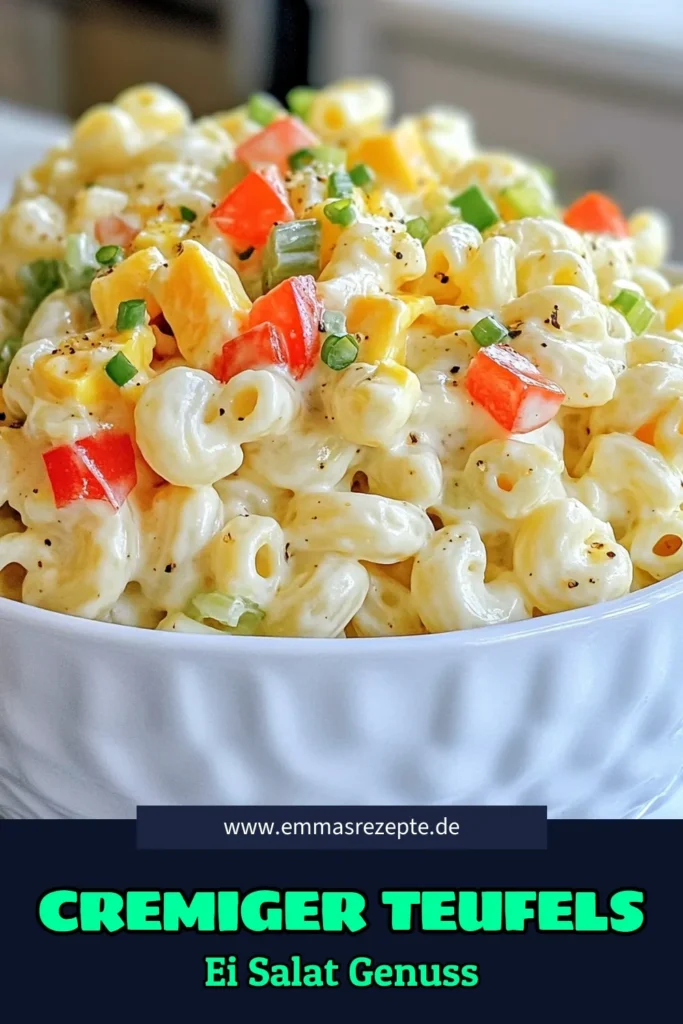 Entdecken Sie unser Rezept für cremigen Teufels-Ei-Makkaroni-Salat! Dieser einfache Nudelsalat kombiniert die besten Aromen und ist perfekt für den Sommer. Genießen Sie diesen köstlichen Eier-Makkaroni-Salat als Beilage oder Hauptgericht. Bereiten Sie sich auf Geschmack und Frische vor! Speichern Sie dieses sommerliche Salat Rezept und verwöhnen Sie Ihre Gäste. #MakkaroniSalat #TeufelsEier #Eiersalat #SommerRezepte